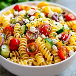 For a tasty Greek pasta salad, gather these fresh items: - 8 oz. rotini pasta - 1 cup cherry tomatoes, halved - 1 cucumber, diced - 1 red bell pepper, diced - 1/2 red onion, finely chopped - 1/2 cup Kalamata olives, pitted and sliced - 1 cup crumbled feta cheese - 1/4 cup fresh parsley, chopped These ingredients bring bright colors and flavors together. The rotini pasta adds a fun twist, while the veggies add crunch. The feta cheese gives it a creamy touch that is hard to resist. You will also need a few key condiments and seasonings: - 1/4 cup olive oil - 2 tablespoons red wine vinegar - 1 teaspoon dried oregano - Salt and pepper to taste These ingredients help to make a simple dressing. The olive oil and vinegar mix well to create a tangy flavor. The oregano adds a hint of earthiness, while salt and pepper boost the taste. Feel free to swap some ingredients if you like: - Use penne or fusilli pasta instead of rotini. - Try grape tomatoes if cherry tomatoes are not available. - Replace Kalamata olives with green olives or skip them completely. - For a different cheese, use goat cheese instead of feta. These substitutions allow you to customize the salad to your taste. Mix and match based on what you have at home. This way, you can enjoy a delicious meal no matter your pantry. {{ingredient_image_1}} Start by boiling water in a large pot. Add salt to the water for flavor. Once the water boils, add 8 oz. of rotini pasta. Cook it until it is firm but not hard. This is called al dente. This usually takes about 8-10 minutes. After cooking, drain the pasta and rinse it under cold water. This stops the cooking and cools the pasta down. While the pasta cooks, wash and chop your veggies. Take 1 cup of cherry tomatoes and cut them in half. Dice 1 cucumber and 1 red bell pepper into small pieces. Finely chop 1/2 of a red onion. Slice 1/2 cup of Kalamata olives, pitting them first. Put all these veggies in a large mixing bowl. In a small bowl, mix your dressing. Pour in 1/4 cup of olive oil. Add 2 tablespoons of red wine vinegar. Sprinkle in 1 teaspoon of dried oregano. Add salt and pepper to taste. Use a whisk to blend everything well. This dressing will add great flavor to your salad. Now it’s time to bring everything together. Add the cooled rotini pasta to the bowl with the veggies. Pour the dressing over the pasta and toss gently. Make sure everything is coated. Finally, fold in 1 cup of crumbled feta cheese and 1/4 cup of chopped parsley. Taste it and adjust the seasoning if you need more salt or pepper. Cover the salad and chill it in the fridge for 30 minutes. This helps all the flavors mix well. To make the best Greek pasta salad, use high-quality ingredients. Fresh vegetables enhance the taste. I recommend using ripe cherry tomatoes and crisp cucumbers. Use rotini pasta because it holds the dressing well. Cook it al dente for the perfect bite. Rinse the pasta in cold water right after cooking. This helps stop the cooking process and keeps it firm. When mixing the salad, add the dressing just before serving. This keeps the veggies crunchy. If you want to prep ahead, mix everything except the feta. Add it in when you’re ready to serve. This way, the feta stays intact and adds a nice texture. Serve this Greek pasta salad cold. It’s a great dish for picnics or barbecues. Pair it with grilled chicken or fish for a full meal. You can also serve it as a side dish. It goes well with any Mediterranean main course. A nice glass of white wine complements the flavors too. If you want to make it a meal, add some protein. Grilled shrimp or chickpeas work well. They add flavor and make the salad heartier. For a stunning presentation, use a large salad bowl. Layer the ingredients for a colorful display. Garnish the top with extra feta and chopped parsley. A drizzle of olive oil adds shine and flavor. For a bit of crunch, sprinkle some toasted pine nuts on top. This adds texture and a nice nutty taste. Let your salad chill in the fridge for at least 30 minutes. This allows the flavors to blend together beautifully. The vibrant colors and fresh ingredients will impress your guests. Pro Tips Cook Pasta Al Dente: Ensure your rotini is cooked al dente for the perfect texture in your salad. It will hold up better against the dressing and other ingredients. Chill for Flavor: Allow the pasta salad to chill in the refrigerator for at least 30 minutes before serving. This helps the flavors meld beautifully. Use Fresh Ingredients: Opt for fresh vegetables and herbs to enhance the flavor and presentation of the salad. Freshness makes a significant difference! Customize Your Olives: Feel free to substitute Kalamata olives with green olives or any other variety you prefer for a different taste profile. {{image_2}} You can easily make this Greek pasta salad more Mediterranean. Add artichoke hearts for a tangy kick. Roasted red peppers add great depth and sweetness. For a fresh note, try fresh basil or mint. If you love heat, add some sliced jalapeños or banana peppers. These ingredients boost flavor and bring vibrant colors to your salad. You can change this recipe with the seasons. In spring, add fresh peas or asparagus. For summer, try diced zucchini or colorful bell peppers. In fall, roasted butternut squash adds warmth. During winter, consider adding roasted Brussels sprouts for a hearty touch. Each season brings new tastes to enjoy. The dressing is key to the taste. You can switch it up. For a creamy twist, use Greek yogurt mixed with lemon juice. A balsamic vinaigrette gives a sweeter flavor. If you want spice, try a harissa dressing. Each dressing adds its own flair to the dish, keeping it exciting. Store your Greek pasta salad in an airtight container. This keeps it fresh longer. Make sure it cools completely before sealing it up. Avoid adding extra dressing until you serve it. This keeps the pasta from getting soggy. Greek pasta salad is best served cold, so reheating is not needed. If you prefer it warm, add a little olive oil in a pan. Heat gently until warm, not hot. Mix in feta and serve right away. Your salad stays fresh for about 3 to 5 days in the fridge. Check for any signs of spoilage before eating. If it smells off or looks strange, it’s best to toss it. To keep it fresh, store it away from strong-smelling foods. For this Greek pasta salad, I love using rotini pasta. Its spiral shape holds the dressing well. You can also try penne or fusilli. Both options work nicely with the veggies and feta. Yes, you can make this salad ahead of time. It tastes even better after chilling. Just prepare it a few hours before serving. The flavors will blend together nicely! Greek pasta salad can last up to three days in the fridge. Keep it in an airtight container. If it sits too long, the veggies may become soggy. Fresh is always best! Absolutely! Adding protein makes the salad more filling. Grilled chicken, shrimp, or chickpeas are great options. Just mix them in before serving. This blog post covers all you need for a great Greek pasta salad. We explored fresh ingredients, key seasonings, and fun substitutions. You learned how to cook the pasta, prep veggies, and whip up a tasty dressing. I shared tips to make your salad shine and discussed cool variations to try. Finally, we went over storage tips to keep your salad fresh. Enjoy your culinary adventure and serve a delicious salad that impresses your friends and family!