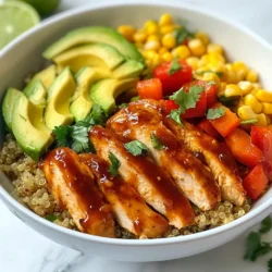 To make BBQ Chicken Quinoa Bowls, you will need: - 1 cup quinoa, rinsed - 2 cups chicken broth (or water) - 2 boneless, skinless chicken breasts - 1/2 cup BBQ sauce (homemade or store-bought) - 1 teaspoon garlic powder - 1 teaspoon onion powder - 1 tablespoon olive oil - 1 red bell pepper, diced - 1 cup corn (fresh or frozen) - 1 avocado, sliced - 1/4 cup chopped fresh cilantro - Salt and pepper to taste - Lime wedges for serving Using fresh ingredients elevates the taste. Here are some tips: - Rinse the quinoa well. This removes bitter saponins. - Opt for low-sodium chicken broth to control salt levels. - Choose BBQ sauce that fits your taste. A sweet and tangy sauce works great. - Use ripe avocados. They add creaminess and flavor. - Fresh cilantro adds a bright touch. Don't skip it! You can easily modify this recipe for different diets: - Swap quinoa for brown rice or cauliflower rice for a low-carb option. - Use tofu or chickpeas in place of chicken for a vegetarian dish. - For gluten-free needs, check your BBQ sauce. Most are gluten-free, but some contain wheat. - If you're dairy-free, this recipe is already perfect as is! This information will help you gather the best ingredients for your BBQ Chicken Quinoa Bowls and ensure a tasty meal. Enjoy your cooking! {{ingredient_image_1}} To cook quinoa, start by rinsing 1 cup of quinoa in a fine mesh strainer. Rinsing helps remove any bitter taste. Next, place the rinsed quinoa in a medium saucepan. Add 2 cups of chicken broth or water to the pot. Bring the mixture to a boil over high heat. Once it boils, reduce the heat to low and cover the pot. Let it simmer for about 15 minutes. The quinoa is done when it is fluffy and the liquid is absorbed. Remove it from the heat and set it aside. While the quinoa cooks, it’s time to prepare the chicken. Take 2 boneless, skinless chicken breasts and season them. Use garlic powder, onion powder, salt, and pepper for flavor. Heat 1 tablespoon of olive oil in a skillet over medium heat. Once hot, add the chicken breasts. Cook them for about 6-7 minutes on each side. The chicken should reach an internal temperature of 165°F to be safe to eat. After cooking, brush both sides with 1/2 cup of BBQ sauce. Cook for an additional 2-3 minutes to caramelize the sauce. Remove the chicken from the skillet and let it rest for a few minutes before slicing. Now, let's sauté the vegetables. In the same skillet, add diced red bell pepper and 1 cup of corn. Cook these for about 3-4 minutes. You want them tender but still crisp. Sprinkle with a bit of salt and pepper for flavor. This step adds vibrant colors and great texture to your BBQ Chicken Quinoa Bowls. If your quinoa is too sticky, you might need to rinse it better. Always rinse quinoa before cooking. This removes the bitter coating. If it’s too dry, add a bit more liquid during cooking. Aim for a 2:1 ratio of liquid to quinoa. Cook it longer on low heat to fix any undercooked grains. To boost the flavor of your BBQ chicken, marinate the chicken in BBQ sauce for at least 30 minutes. This adds depth. Try adding spices like smoked paprika for a smoky taste. You can also mix lime juice into the BBQ sauce for a zesty kick. Fresh herbs like cilantro elevate the dish too. Cook a large batch of quinoa at once. Store extras in the fridge for up to a week. Grill or bake several chicken breasts in one go. Shred leftover chicken for easy meals later. Chop your veggies ahead of time to save time on busy nights. These steps make dinner quick and easy. Pro Tips Marinate the Chicken: For extra flavor, marinate the chicken breasts in BBQ sauce for at least 30 minutes before cooking, or overnight if possible. Cook Quinoa Perfectly: To enhance the flavor of the quinoa, toast it in the saucepan with a little olive oil for 2-3 minutes before adding the broth or water. Add Crunch: For added texture, consider topping your bowls with toasted nuts or seeds, such as pumpkin seeds or chopped pecans. Customize Your Veggies: Feel free to swap the red bell pepper and corn with your favorite vegetables, such as zucchini, broccoli, or black beans, for a personal touch. {{image_2}} You can easily swap the chicken for plant-based proteins. Try using chickpeas or black beans. These options add great texture and protein. You can also use tofu. Just marinate it in BBQ sauce for a tasty twist. If you're looking for other proteins, consider turkey or shrimp. Both work well with BBQ flavors. Cook them the same way as the chicken. They will absorb all the deliciousness of the sauce. Adding more veggies can enhance the dish. Consider including spinach, zucchini, or carrots. You can roast or sauté them for added flavor. More veggies not only boost nutrition but also add color. Mix and match to keep it fun and tasty! After your BBQ chicken quinoa bowls are made, let them cool down. Place your leftovers in an airtight container. Store them in the fridge for up to three days. This keeps the flavors fresh and your meal safe to eat. If you want to enjoy the bowls later, make sure to separate the chicken and veggies from the quinoa. They can mix together when stored. If you want to save your BBQ chicken quinoa bowls for later, freezing is great. First, let the bowls cool down completely. Then, pack them in freezer-safe containers or bags. Use a vacuum sealer if you have one. Label each bag with the date. You can freeze them for up to three months. When you’re ready to eat, you can thaw them overnight in the fridge. To reheat your leftovers, take them out of the fridge or freezer. If frozen, let them thaw first. You can reheat in the microwave or on the stove. For the microwave, place the bowl in and cover it with a damp paper towel. Heat for about 2-3 minutes, stirring halfway through. If using the stove, heat on medium-low until warm. Stir often to keep it from sticking. Enjoy your meal just like the first time! Yes, you can swap quinoa for other grains. Brown rice, farro, or barley work well. These grains add their own flavor and texture. Just adjust cooking times based on the grain you choose. For brown rice, cook it longer than quinoa. Always check the package for specific instructions. Absolutely! You can prepare the quinoa and chicken in advance. Store them in airtight containers. Keep the veggies and avocado separate to maintain freshness. When ready to eat, reheat the quinoa and chicken. Add fresh veggies right before serving. This makes for a quick and tasty meal later. Some great sides pair well with BBQ Chicken Quinoa Bowls. You can serve a simple green salad to add crunch. Grilled vegetables also add a nice touch. Cornbread or garlic bread can complement the flavors too. For a refreshing drink, try iced tea or lemonade. In this post, we explored the best ingredients for BBQ Chicken Quinoa Bowls. You learned how to cook quinoa and chicken perfectly. We also covered tips for sautéing vegetables and adding flavor. There are options for different diets and meal prep advice. Store leftovers correctly for future meals. Now you are ready to make a tasty dish that satisfies everyone. Enjoy your cooking!