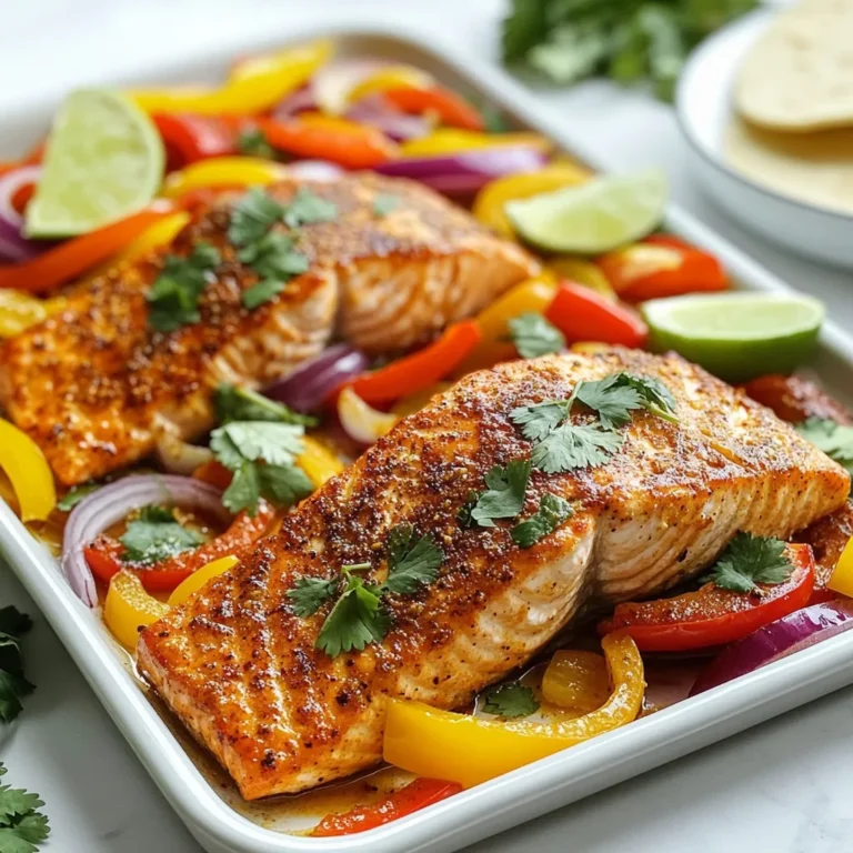 You need two fresh salmon fillets for this dish. Salmon is rich in healthy fats and protein. It cooks quickly and pairs well with many flavors. Make sure your fillets are skin-side down when you place them on the pan. You will add a mix of colorful veggies. Gather these ingredients: - 1 red bell pepper, sliced - 1 yellow bell pepper, sliced - 1 red onion, sliced These vegetables add crunch and sweetness. They also soak up the flavors from the seasoning. For seasoning, use: - 2 tablespoons olive oil - 2 teaspoons fajita seasoning (you can buy this or make your own) - 1 lime, juiced - Salt and pepper to taste - Fresh cilantro, chopped (for garnish) The olive oil helps the salmon and veggies roast nicely. Fajita seasoning gives that smoky, spicy taste. Lime juice adds a bright touch. Don’t forget to sprinkle cilantro on top before serving! It adds freshness and color to your plate. {{ingredient_image_1}} First, gather your vegetables. You need a red bell pepper, a yellow bell pepper, and a red onion. Slice them into thin strips. This helps them cook evenly. Place the sliced veggies in a large bowl. Drizzle 1 tablespoon of olive oil over them. Next, add salt, pepper, and 1 teaspoon of fajita seasoning. Toss everything together with your hands. Make sure all the veggies are coated well. This step adds great flavor to your dish. Now, let’s get the sheet pan ready. Preheat your oven to 400°F (200°C). Line a large sheet pan with parchment paper or grease it lightly. Spread the seasoned vegetables in the center of the pan. Make sure to leave space on the sides. This space is for the salmon fillets. Place the salmon fillets skin-side down on the pan. Drizzle the remaining tablespoon of olive oil on top of the salmon. Squeeze the juice of 1 lime over both the salmon and veggies. Finally, sprinkle the remaining fajita seasoning on the salmon. Season with salt and pepper to taste. It’s time to bake! Place the sheet pan in the preheated oven. Bake for about 15 to 20 minutes. The salmon is done when it flakes easily with a fork. The veggies should be tender and lightly charred. Once cooked, take the pan out of the oven. Let it cool for a few minutes. Before serving, sprinkle chopped fresh cilantro on top. This adds a nice pop of color and flavor. Serve the fajita salmon and veggies with warm tortillas for a tasty meal. When selecting salmon, look for bright, moist fillets. Fresh salmon should smell like the sea, not fishy. Wild-caught salmon often has a richer flavor than farmed. If you can, try to get skin-on fillets. The skin helps keep the fish moist while baking. To store leftovers, let the salmon cool to room temperature. Place it in an airtight container. Keep the salmon and veggies separate if possible. They can last up to three days in the fridge. For longer storage, you can freeze them in freezer-safe bags. Just label them with the date. If you like it spicy, add more fajita seasoning. You can also include sliced jalapeños with the veggies. For a milder dish, use less seasoning or remove it altogether. You can serve lime wedges on the side for a fresh kick. Pro Tips Choosing the Right Salmon: Opt for wild-caught salmon if possible, as it tends to have better flavor and texture compared to farmed salmon. Customize Your Veggies: Feel free to add other vegetables like zucchini or corn for added flavor and nutrition. Just make sure they cut to similar sizes for even cooking. Check for Doneness: Salmon is perfectly cooked when it flakes easily with a fork. Use a fork to test it around the 15-minute mark. Serve with Extras: Enhance your meal by providing toppings like avocado, salsa, or sour cream alongside the warm tortillas. {{image_2}} You can easily swap salmon for other proteins. Try chicken breasts or shrimp. Both cook well with fajita seasoning. For chicken, cut it into strips. Cook at the same temperature for 20-25 minutes. For shrimp, keep them whole and cook for about 10-15 minutes. The key is to ensure each protein is cooked through. Feel free to change the veggies based on your taste. Zucchini, mushrooms, or corn add great flavor. If you want a little spice, add jalapeños. Just slice them thinly and mix with the other veggies. Remember to keep the cooking time the same for the best results. You can also use frozen veggies if fresh ones are not available. Tortillas are classic for serving fajita salmon. You can use corn or flour, depending on your preference. For a lighter option, serve the salmon and veggies over a bed of greens. Add some avocado or a dollop of sour cream for creaminess. You can also pair it with rice or quinoa for a filling meal. Don't forget to sprinkle some extra cilantro on top for a fresh touch! You can keep leftover fajita salmon in the fridge for up to three days. Store it in an airtight container. Make sure to let it cool down before sealing it. This helps keep the salmon moist and tasty. If you want to save some for later, you can freeze it. Wrap the fajita salmon tightly in plastic wrap or aluminum foil. Place it in a freezer-safe bag, and it will last for about three months. When ready to eat, let it thaw in the fridge overnight. To reheat, place the salmon and veggies on a baking sheet. Warm in the oven at 350°F (175°C) for about 10-15 minutes. This way, the salmon stays tender and the veggies remain crisp. You can also microwave it for about one to two minutes, but the oven is the best method for taste. Fajita seasoning is a mix of spices. It often includes chili powder, cumin, garlic powder, and paprika. You can buy it ready-made or make your own. This blend adds a warm, smoky flavor to dishes. It works well with meats and veggies. For a homemade mix, just combine equal parts of those spices. Yes, you can use frozen salmon. Just make sure to thaw it first. Place the salmon in the fridge overnight. If you’re in a hurry, you can run it under cold water. Once thawed, pat it dry before cooking. This helps the seasoning stick better. To make this dish low-carb, focus on the salmon and veggies. Skip the tortillas or use lettuce wraps instead. You can also add more non-starchy vegetables like zucchini or mushrooms. This keeps the meal light and healthy. You can serve the fajita salmon with many sides. A simple green salad pairs well. You can also add rice or quinoa for a heartier meal. If you love spice, try a salsa or guacamole. Fresh cilantro adds a nice touch too. This blog post covered making a delicious sheet pan fajita salmon dish. We discussed ingredients like salmon fillets, fresh vegetables, and tasty seasonings. I shared easy steps for prepping, baking, and finishing touches. Tips helped you choose the best salmon and store leftovers properly. We explored variations using different proteins and vegetables. Finally, I provided important storage info and answered common questions. Making this dish is fun and simple. You’ll impress your friends and enjoy great flavors. Try it out today!