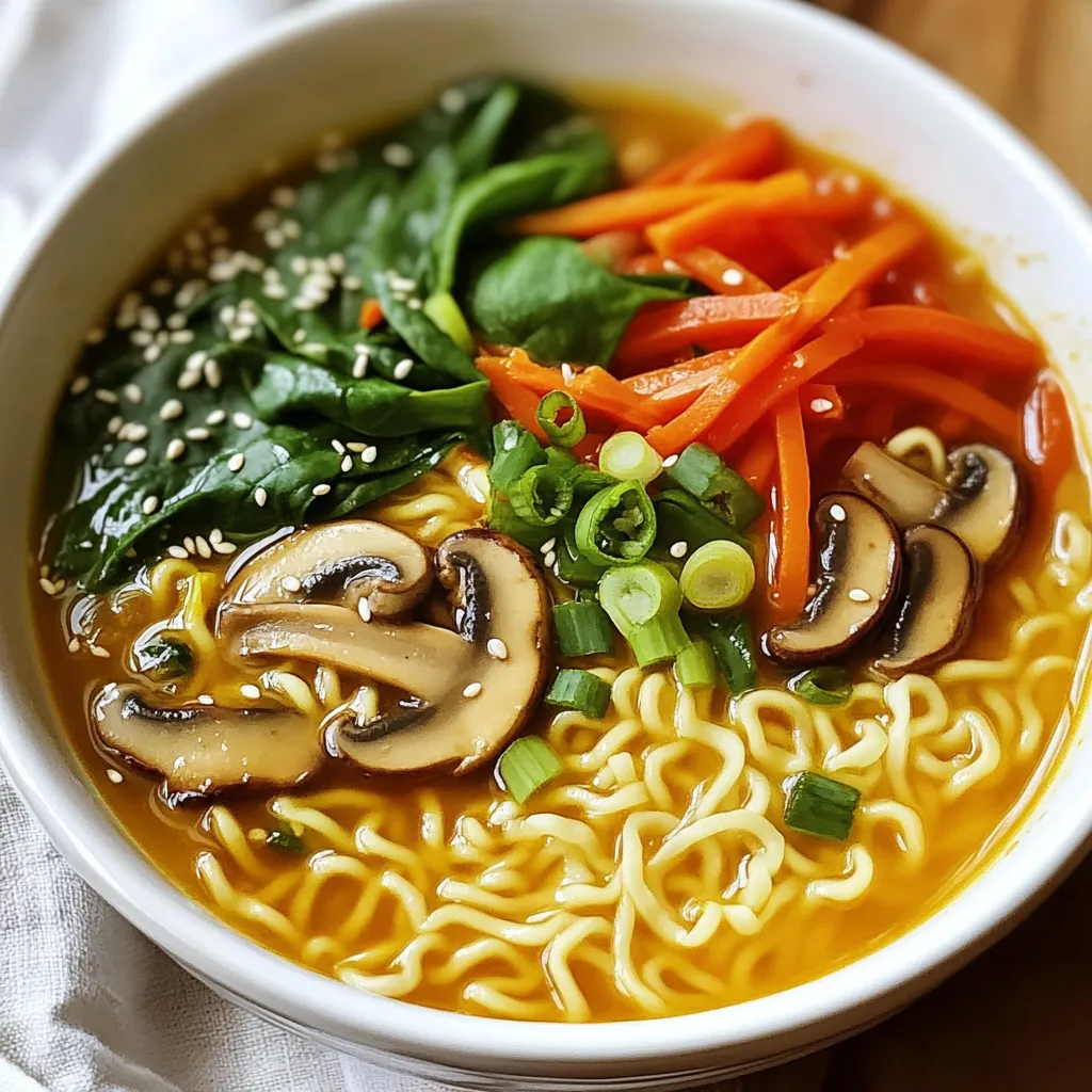 Here’s what you need to make Miso Ginger Vegetable Ramen Bowls. Gather these simple ingredients: - 4 cups vegetable broth - 2 tablespoons miso paste (white or yellow) - 1 tablespoon fresh ginger, grated - 2 cloves garlic, minced - 2 tablespoons soy sauce (or tamari for gluten-free) - 1 tablespoon sesame oil - 200g ramen noodles (fresh or dried) - 1 cup shiitake mushrooms, sliced - 1 cup baby spinach - 1 cup carrots, julienned - 1 red bell pepper, thinly sliced - 1 green onion, chopped (for garnish) - 1 teaspoon sesame seeds (for garnish) Each of these ingredients adds depth to your dish. Vegetable broth forms the base, while miso paste and ginger give it a rich flavor. The garlic brings warmth, and soy sauce adds a touch of saltiness. The ramen noodles serve as the heart of the bowl. I love using fresh noodles, but dried ones work too. Shiitake mushrooms add earthiness, while baby spinach and carrots lend freshness and color. The red bell pepper adds a sweet crunch. Finally, green onions and sesame seeds sprinkle on top for a lovely finish. With these ingredients, you’ll create a bowl full of flavor and goodness. Enjoy the journey of cooking with these vibrant selections! {{ingredient_image_1}} 1. First, heat 1 tablespoon of sesame oil in a large pot on medium heat. 2. Once hot, add 2 cloves of minced garlic and 1 tablespoon of grated ginger. Sauté for 1-2 minutes until you smell a nice aroma. 3. Pour in 4 cups of vegetable broth. Bring the mixture to a simmer. 4. In a small bowl, mix 2 tablespoons of miso paste with a bit of hot broth. This helps it blend well. 5. Stir the miso mixture back into the pot along with 2 tablespoons of soy sauce. Let it simmer for 5-7 minutes for the flavors to meld. 6. Now add 1 cup of sliced shiitake mushrooms, 1 cup of julienned carrots, and 1 red bell pepper, thinly sliced. Simmer for another 5 minutes until the vegetables are tender. 1. In a separate pot, cook 200g of ramen noodles according to the package instructions. This usually takes just a few minutes. 2. Once cooked, drain the noodles and set them aside. 1. When your broth and veggies are ready, stir in 1 cup of baby spinach. Cook until just wilted. 2. To serve, place a serving of ramen noodles in a bowl. 3. Ladle the hot miso ginger broth and vegetables over the noodles. 4. For the finishing touch, garnish with chopped green onions and a sprinkle of sesame seeds for extra flavor and crunch. Enjoy your colorful and tasty miso ginger vegetable ramen bowls! To get the best taste, I suggest adjusting the seasoning. Start with miso paste. It adds a rich umami flavor. Use about 2 tablespoons to begin. If you want it saltier, add more soy sauce. Mix the miso with some hot broth first. This helps it blend well. Taste as you go. You can always add more but can't take it away. Cooking vegetables right is key to getting good texture. I like to sauté garlic and ginger for 1-2 minutes. Then add mushrooms, carrots, and red bell pepper. Cook these for about 5 minutes. This keeps them tender but not mushy. Lastly, add baby spinach and cook until just wilted. This keeps its bright color and nutrients. Choosing noodles can change your dish. Fresh ramen noodles cook faster, about 3-4 minutes. Dried noodles take longer, about 5-7 minutes. Both are tasty, but they have different textures. Fresh noodles are soft and chewy. Dried noodles hold their shape better. Pick based on what you like best. Pro Tips Fresh Ingredients: Use fresh vegetables for the best flavor and texture. Seasonal produce can enhance the dish even more. Miso Paste Variations: Experiment with different types of miso paste (red, white, or yellow) to adjust the flavor profile to your liking. Noodle Options: Feel free to substitute ramen noodles with other types like soba or udon for a different texture and taste. Make it Heartier: Add tofu or edamame for an extra protein boost, transforming this dish into a more filling meal. {{image_2}} You can boost your Miso Ginger Vegetable Ramen Bowls with protein. Tofu is a great choice. Use firm tofu for the best texture. Simply cube it and sauté it until golden. For meat lovers, chicken works well too. Cook diced chicken in the pot with garlic and ginger. It adds a nice flavor. Shrimp is another option. Just toss it in the pot for a quick cook. Feel free to mix up the veggies in your ramen. Broccoli, peas, and zucchini are tasty options. You might also try snap peas for a nice crunch. If you like heat, add some sliced jalapeños. They will spice things up. Always aim for fresh vegetables for the best taste and nutrition. If you want a gluten-free meal, choose the right noodles. Look for rice noodles or gluten-free ramen. Many stores carry them now. Always check the label to ensure they are gluten-free. You can also use zucchini noodles for a fun twist. They add a fresh taste and are low in carbs. To store leftovers, let the ramen cool first. Then, put it in an airtight container. Make sure to separate the noodles from the broth if you can. This helps keep the noodles from getting soggy. Place the container in the fridge. This will keep your ramen fresh for up to three days. When you want to enjoy your ramen again, there are good ways to reheat it. For the best flavor, use the stove. Pour the broth into a pot and heat it on medium. Once it simmers, add the noodles and veggies. Stir gently until everything is hot. You can also use a microwave if you’re in a hurry. Just heat in short bursts, stirring in between. You can freeze this ramen, but it works best without the noodles. Place the cooled broth and veggies in a freezer-safe container. Leave some space at the top for expansion. This keeps the broth tasty for up to three months. When you’re ready to eat, thaw it overnight in the fridge. Cook fresh noodles and add them to the reheated broth for a great meal. If you do not have miso paste, you can use tahini or soy sauce. Both give a rich flavor. Tahini adds creaminess, while soy sauce provides saltiness. You can also try using almond butter mixed with a bit of vinegar. This mix can mimic miso’s umami taste. Yes, this dish is easy to make vegan! Use vegetable broth and soy sauce. Ensure your ramen noodles are egg-free. Many brands offer plant-based options. Always check labels for hidden animal products. You can enjoy this bowl without any animal ingredients. This recipe is not very spicy. The ginger adds warmth without heat. If you like it spicy, add chili paste or fresh chili slices. Start with a small amount and taste as you go. This way, you can find the perfect balance for your taste. This blog post shared a tasty ramen recipe full of flavor and fresh veggies. You learned about the key ingredients and how to prepare each step. I also provided useful tips to perfect your ramen dish, along with many variations to suit your tastes. Now, you have plenty of ideas to make a healthy and satisfying bowl of ramen. It’s easy, fun, and rewarding to create your own! Enjoy your cooking and let your creativity shine.