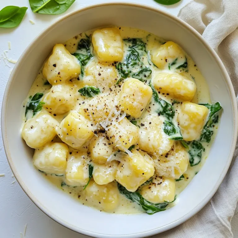 - 500g potato gnocchi - 200g fresh spinach, chopped - 250g ricotta cheese - 1 cup heavy cream - 1/2 cup grated Parmesan cheese - 2 cloves garlic, minced - 1 tablespoon olive oil - Salt and pepper to taste - Zest of 1 lemon - A pinch of nutmeg (optional) Gather these ingredients to make creamy spinach ricotta gnocchi. Each item plays a key role in the dish. The potato gnocchi serves as the base, giving a soft and pillowy texture. Fresh spinach adds a vibrant color and earthy flavor. Ricotta cheese brings creaminess, while heavy cream enhances the richness. Parmesan cheese adds a salty depth, and garlic infuses a lovely aroma. Olive oil helps sauté the garlic and spinach. Salt and pepper round out the taste, while lemon zest brightens the dish. Nutmeg adds a warm note, but it’s optional. Make sure your ingredients are fresh for the best taste. You can substitute some items, but that may change the flavor. Enjoy the process of cooking with these ingredients. Each step brings you closer to a delicious meal. {{ingredient_image_1}} 1. Start by boiling a large pot of salted water. 2. Add the potato gnocchi to the boiling water. Cook them until they float to the top. This usually takes 2-3 minutes. 3. Once cooked, drain the gnocchi in a colander. Set them aside for now. 1. Heat a large skillet over medium heat. Pour in the olive oil. 2. Add the minced garlic to the skillet. Sauté for about a minute until it smells great. 3. Next, toss in the chopped spinach. Stir it until the spinach wilts, which should take about 2-3 minutes. 4. Lower the heat and mix in the ricotta cheese and heavy cream. Stir until everything is smooth and well combined. 1. Add the grated Parmesan cheese, lemon zest, salt, pepper, and nutmeg if you like. Let the sauce simmer for 2-3 minutes until it thickens slightly. 2. Gently fold in the cooked gnocchi, making sure each piece is coated in the sauce. 3. Cook for another 2-3 minutes until everything is heated through. Adjust the seasoning if needed. 4. Serve right away and enjoy your creamy spinach ricotta gnocchi! To achieve the best texture for gnocchi, cook it just until it floats. This means it is done. Overcooking can make it mushy. Be sure to drain it well after cooking. Adjusting seasoning is key to bringing out flavor. Always taste your sauce before serving. Add salt and pepper gradually. A small pinch of nutmeg can add warmth. For aesthetic appeal, serve the gnocchi in shallow bowls. This gives a nice look and makes it easy to eat. Top with extra grated Parmesan for richness. Garnishing with fresh spinach leaves adds color. You can also sprinkle cracked black pepper on top. A squeeze of lemon juice brightens the dish. Pro Tips Use Fresh Spinach: Fresh spinach will provide a vibrant color and better flavor compared to frozen spinach. Make sure to wash and chop it just before cooking. Don't Overcook Gnocchi: Once the gnocchi float to the surface, they are done. Overcooking can make them mushy, so keep a close eye on them. Adjust Creaminess: If you prefer a lighter sauce, you can reduce the amount of heavy cream or substitute with half-and-half for a slightly less rich flavor. Add a Flavor Boost: For an extra punch of flavor, consider adding a pinch of red pepper flakes or sautéing some mushrooms along with the garlic. {{image_2}} You can switch cheeses to change the taste. Try using goat cheese for tang. Cream cheese also works if you want a richer texture. For spinach, fresh is best, but frozen can save time. Just make sure to thaw and drain it well. Want to add more protein? You can easily include cooked chicken or shrimp. Simply sauté them in the skillet before adding the spinach. If you prefer vegetarian options, chickpeas are a great choice. They add texture and are packed with nutrients. Herbs can really boost the flavor of your dish. Fresh basil or parsley adds a nice touch. You might also consider adding cherry tomatoes for sweetness. Peas are another option that brings color and freshness to the gnocchi. To keep your creamy spinach ricotta gnocchi fresh, follow these tips: - Allow the dish to cool completely before storing. - Use an airtight container to prevent moisture loss. - Store in the fridge for up to 3 days. You can also freeze leftovers. Use a freezer-safe container. It can last for up to 2 months. However, freezing may affect the texture of the sauce. When reheating, keep these tips in mind: - Use a skillet over low heat to maintain texture. - Add a splash of cream or broth to revive the sauce. Stir gently to avoid breaking the gnocchi. Heat until warm throughout. This will help keep your dish creamy and delicious. To make gnocchi from scratch, you need simple ingredients. Use potatoes, flour, egg, and salt. First, boil the potatoes until soft. Then, mash them well. Mix in flour and salt. Add the egg and knead until smooth. Roll the dough into ropes and cut them into small pieces. Shape each piece with a fork for texture. Lastly, cook them in boiling water until they float. Making gnocchi this way gives a fresh taste. Yes, you can use store-bought gnocchi. It saves time and effort. Store-bought gnocchi cooks quickly. It usually has a good texture and flavor. You can find it in the pasta aisle. Just follow the cooking instructions on the package. This option is great for busy days when you want a tasty meal fast. This recipe is perfect for meal prep. You can cook the gnocchi and sauce in advance. Store each in separate containers. Keep them in the fridge for up to three days. When you're ready to eat, reheat them gently. Add a splash of cream if the sauce thickens. This way, you have a delicious meal ready to go any time! This blog covered a creamy spinach gnocchi recipe that’s easy to make. We discussed the ingredients, steps, and even some helpful tips. You can easily adjust the recipe with different cheeses or proteins for variety. Remember, storing leftovers properly helps maintain taste and texture. You now have a delicious dish to try and share with others. Enjoy the process of cooking and tasting your creation. You’ll impress anyone who tries it!