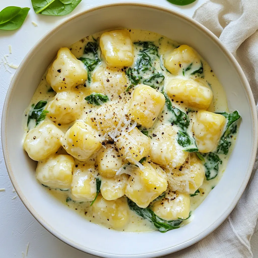 - 500g potato gnocchi - 200g fresh spinach, chopped - 250g ricotta cheese - 1 cup heavy cream - 1/2 cup grated Parmesan cheese - 2 cloves garlic, minced - 1 tablespoon olive oil - Salt and pepper to taste - Zest of 1 lemon - A pinch of nutmeg (optional) Gather these ingredients to make creamy spinach ricotta gnocchi. Each item plays a key role in the dish. The potato gnocchi serves as the base, giving a soft and pillowy texture. Fresh spinach adds a vibrant color and earthy flavor. Ricotta cheese brings creaminess, while heavy cream enhances the richness. Parmesan cheese adds a salty depth, and garlic infuses a lovely aroma. Olive oil helps sauté the garlic and spinach. Salt and pepper round out the taste, while lemon zest brightens the dish. Nutmeg adds a warm note, but it’s optional. Make sure your ingredients are fresh for the best taste. You can substitute some items, but that may change the flavor. Enjoy the process of cooking with these ingredients. Each step brings you closer to a delicious meal. {{ingredient_image_1}} 1. Start by boiling a large pot of salted water. 2. Add the potato gnocchi to the boiling water. Cook them until they float to the top. This usually takes 2-3 minutes. 3. Once cooked, drain the gnocchi in a colander. Set them aside for now. 1. Heat a large skillet over medium heat. Pour in the olive oil. 2. Add the minced garlic to the skillet. Sauté for about a minute until it smells great. 3. Next, toss in the chopped spinach. Stir it until the spinach wilts, which should take about 2-3 minutes. 4. Lower the heat and mix in the ricotta cheese and heavy cream. Stir until everything is smooth and well combined. 1. Add the grated Parmesan cheese, lemon zest, salt, pepper, and nutmeg if you like. Let the sauce simmer for 2-3 minutes until it thickens slightly. 2. Gently fold in the cooked gnocchi, making sure each piece is coated in the sauce. 3. Cook for another 2-3 minutes until everything is heated through. Adjust the seasoning if needed. 4. Serve right away and enjoy your creamy spinach ricotta gnocchi! To achieve the best texture for gnocchi, cook it just until it floats. This means it is done. Overcooking can make it mushy. Be sure to drain it well after cooking. Adjusting seasoning is key to bringing out flavor. Always taste your sauce before serving. Add salt and pepper gradually. A small pinch of nutmeg can add warmth. For aesthetic appeal, serve the gnocchi in shallow bowls. This gives a nice look and makes it easy to eat. Top with extra grated Parmesan for richness. Garnishing with fresh spinach leaves adds color. You can also sprinkle cracked black pepper on top. A squeeze of lemon juice brightens the dish. Pro Tips Use Fresh Spinach: Fresh spinach will provide a vibrant color and better flavor compared to frozen spinach. Make sure to wash and chop it just before cooking. Don't Overcook Gnocchi: Once the gnocchi float to the surface, they are done. Overcooking can make them mushy, so keep a close eye on them. Adjust Creaminess: If you prefer a lighter sauce, you can reduce the amount of heavy cream or substitute with half-and-half for a slightly less rich flavor. Add a Flavor Boost: For an extra punch of flavor, consider adding a pinch of red pepper flakes or sautéing some mushrooms along with the garlic. {{image_2}} You can switch cheeses to change the taste. Try using goat cheese for tang. Cream cheese also works if you want a richer texture. For spinach, fresh is best, but frozen can save time. Just make sure to thaw and drain it well. Want to add more protein? You can easily include cooked chicken or shrimp. Simply sauté them in the skillet before adding the spinach. If you prefer vegetarian options, chickpeas are a great choice. They add texture and are packed with nutrients. Herbs can really boost the flavor of your dish. Fresh basil or parsley adds a nice touch. You might also consider adding cherry tomatoes for sweetness. Peas are another option that brings color and freshness to the gnocchi. To keep your creamy spinach ricotta gnocchi fresh, follow these tips: - Allow the dish to cool completely before storing. - Use an airtight container to prevent moisture loss. - Store in the fridge for up to 3 days. You can also freeze leftovers. Use a freezer-safe container. It can last for up to 2 months. However, freezing may affect the texture of the sauce. When reheating, keep these tips in mind: - Use a skillet over low heat to maintain texture. - Add a splash of cream or broth to revive the sauce. Stir gently to avoid breaking the gnocchi. Heat until warm throughout. This will help keep your dish creamy and delicious. To make gnocchi from scratch, you need simple ingredients. Use potatoes, flour, egg, and salt. First, boil the potatoes until soft. Then, mash them well. Mix in flour and salt. Add the egg and knead until smooth. Roll the dough into ropes and cut them into small pieces. Shape each piece with a fork for texture. Lastly, cook them in boiling water until they float. Making gnocchi this way gives a fresh taste. Yes, you can use store-bought gnocchi. It saves time and effort. Store-bought gnocchi cooks quickly. It usually has a good texture and flavor. You can find it in the pasta aisle. Just follow the cooking instructions on the package. This option is great for busy days when you want a tasty meal fast. This recipe is perfect for meal prep. You can cook the gnocchi and sauce in advance. Store each in separate containers. Keep them in the fridge for up to three days. When you're ready to eat, reheat them gently. Add a splash of cream if the sauce thickens. This way, you have a delicious meal ready to go any time! This blog covered a creamy spinach gnocchi recipe that’s easy to make. We discussed the ingredients, steps, and even some helpful tips. You can easily adjust the recipe with different cheeses or proteins for variety. Remember, storing leftovers properly helps maintain taste and texture. You now have a delicious dish to try and share with others. Enjoy the process of cooking and tasting your creation. You’ll impress anyone who tries it!