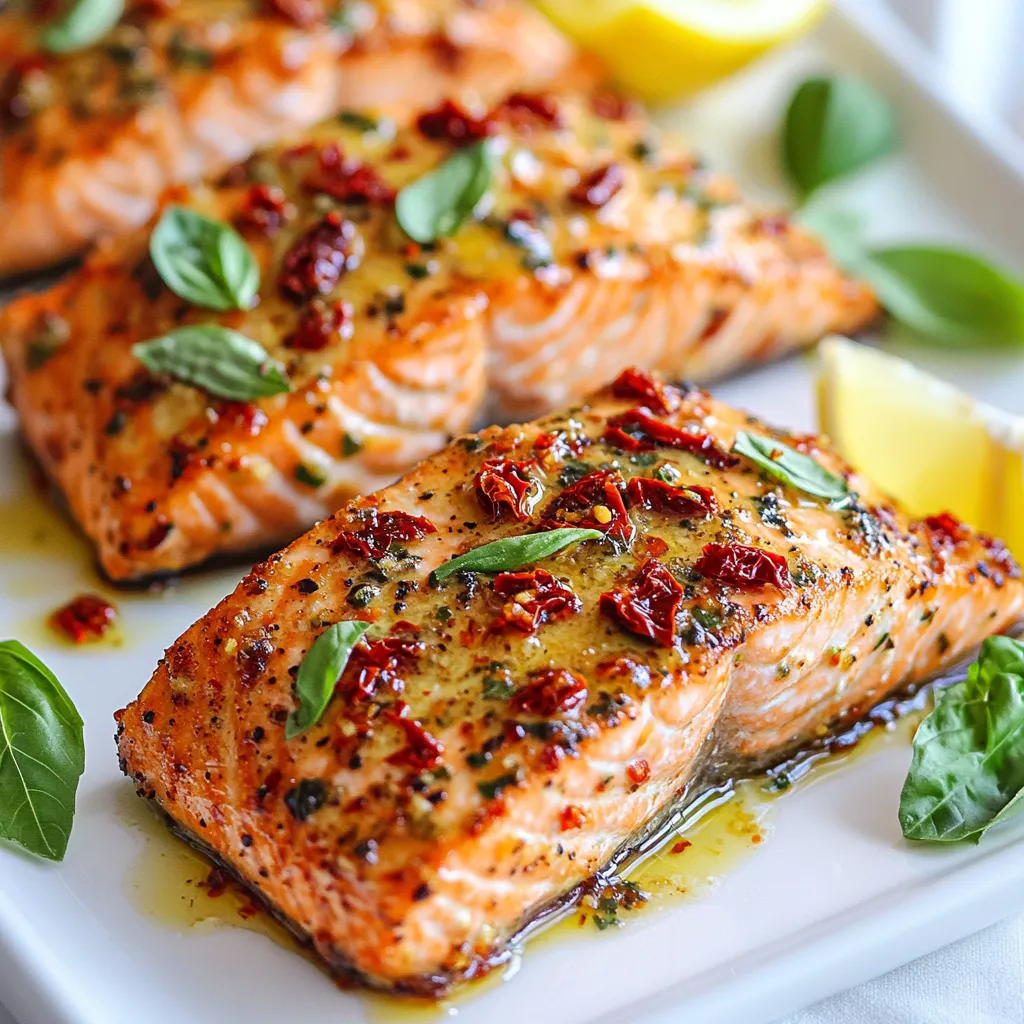 - 4 salmon fillets (about 6 oz each) - 1 cup heavy cream - 1/2 cup sun-dried tomatoes in oil, drained and chopped - 1/4 cup fresh basil, chopped - 2 cloves garlic, minced - 1 tablespoon olive oil - Salt and pepper to taste - 1/2 teaspoon red chili flakes (optional, for heat) - Fresh lemon wedges, for serving The main stars of this dish are the salmon fillets, which bring a rich, buttery flavor. I love using heavy cream because it adds that luxurious texture. Sun-dried tomatoes give a sweet and tangy punch, while fresh basil adds a pop of color and freshness. For seasoning, garlic is a must. It brings warmth and depth. Olive oil helps sear the salmon perfectly. Salt and pepper are basic, yet essential. If you like some heat, red chili flakes fit in nicely. Finally, lemon wedges brighten the flavors and bring a zesty kick. You can find these ingredients at most grocery stores. Grab them fresh to enhance the dish. This combination creates a creamy, flavorful sauce that complements the salmon perfectly. Enjoy cooking! {{ingredient_image_1}} Start by patting the salmon fillets dry with paper towels. This step helps the fish sear better and keeps it from getting soggy. Next, season both sides of the fillets with salt and pepper. Use just enough to enhance the flavor without overpowering it. Now, heat one tablespoon of olive oil in a large skillet over medium-high heat. Once the oil is hot, carefully add the salmon fillets, skin side down. Sear the fillets for about 4 to 5 minutes until they turn golden brown. Then, flip the fillets and cook for another 3 to 4 minutes until they are cooked through. After that, remove the salmon from the skillet and set it aside on a plate. In the same skillet, turn the heat down to medium. Add the minced garlic and sauté it for about one minute until it gives off a nice aroma. Be careful not to burn the garlic, as it can turn bitter. Next, stir in the chopped sun-dried tomatoes. Cook them for about 2 minutes to let their flavors blend with the garlic. After that, pour in one cup of heavy cream. Bring the mixture to a gentle simmer while stirring continuously. This helps the sauce thicken slightly, which should take about 3 to 4 minutes. Once the sauce is thick, add in the chopped fresh basil and optional red chili flakes for a little heat. Stir everything together until combined. Now, return the salmon fillets to the skillet. Spoon the creamy sauce over each fillet. Let them warm in the sauce for about 2 minutes. This step allows the salmon to soak up the delicious flavors. For plating, place the salmon fillets on individual plates. Drizzle extra sauce over them for a beautiful finish. Add fresh lemon wedges on the side to give your dish a bright burst of flavor. This adds a nice contrast to the creamy sauce and enhances the overall taste. Enjoy your creamy sun-dried tomato salmon! - Look for salmon fillets that are about 6 ounces each. This size cooks well and gives you a nice portion. - Wild-caught salmon has a richer flavor than farmed salmon. It’s often more sustainable too. If you can, choose wild-caught for the best taste. - You can add herbs like thyme or parsley for extra flavor. These herbs pair well with the creamy sauce. - If you want more creaminess, add a bit more heavy cream. For a lighter option, you can try half-and-half. - When searing salmon, heat your skillet well before adding the fish. This helps create a nice crust. - If you want to try baking, place the salmon in a dish, add the sauce, and bake at 400°F for about 15-20 minutes. Grilling is another option. Just make sure to keep an eye on it so it doesn’t dry out. Pro Tips Choose Fresh Salmon: Opt for fresh, high-quality salmon fillets for the best flavor and texture. Look for fillets that are bright in color and have a clean scent. Perfectly Cooked Salmon: For perfectly cooked salmon, aim for an internal temperature of 145°F. Use a meat thermometer for accuracy to prevent overcooking. Customize the Sauce: You can add other ingredients to the creamy sauce, such as spinach or artichokes, to enhance the flavors and nutritional value of the dish. Serving Suggestions: This dish pairs wonderfully with a side of garlic bread or over a bed of pasta or rice to soak up the delicious creamy sauce. {{image_2}} You can switch heavy cream for several options. Try using half-and-half for a lighter choice. If you want a dairy-free option, use coconut cream. Both options still create a rich sauce. For the sun-dried tomatoes, you can use fresh tomatoes. Just chop them up and sauté them until soft. You can also try canned tomatoes for an easy swap. Just drain them well to avoid watery sauce. Adding white wine to the sauce gives it extra depth. Just pour in about half a cup after sautéing the garlic. Let it cook down for a few minutes. This adds a bright note to the dish. You can also infuse the sauce with spices. Italian seasoning adds a warm, herby flavor. You might also try some fresh thyme or oregano. This salmon pairs well with many sides. Consider serving it with creamy mashed potatoes. The smooth texture complements the sauce beautifully. Another great option is a fresh green salad. Use mixed greens and a light vinaigrette for balance. You can also add roasted vegetables for a hearty touch. To elevate the meal, serve with crusty bread. It’s perfect for soaking up the creamy sauce. Each bite becomes even more delicious! To store leftovers, place your salmon in an airtight container. This keeps the dish fresh and safe to eat. Make sure the salmon cools down before sealing the container. You can store it in the fridge for up to three days. When reheating, do it gently on low heat to avoid drying it out. If you want to freeze cooked salmon, let it cool completely first. Wrap each fillet tightly in plastic wrap, then place them in a freezer-safe bag. This helps prevent freezer burn. The salmon can last for up to three months in the freezer. When ready to eat, move it to the fridge overnight to thaw. Reheat it gently in a skillet or oven for the best taste. Refrigerated salmon stays fresh for about three days. If you freeze it, expect the best quality for up to three months. After that, it may still be safe but lose flavor and texture. Always check for any off smells or changes in color before eating. Yes, you can use fresh tomatoes. They add a juicy bite. However, fresh tomatoes have more water. This can make the sauce thinner. Sun-dried tomatoes pack more flavor. They add a rich taste that fresh tomatoes lack. If you choose fresh, try using less cream to keep the sauce thick. You can check doneness by using a fork. Gently twist the fork in the thickest part. If it flakes easily, it is done. You can also use a food thermometer. The salmon should reach 145°F. If you see any raw pink, it needs more cooking. This dish pairs well with many sides. Here are some great options: - Steamed asparagus: Adds a nice crunch. - Garlic mashed potatoes: Creamy and comforting. - Quinoa salad: Light and full of flavor. - Simple green salad: Fresh and crisp. These sides will enhance your meal. Enjoy mixing and matching! This blog post walked you through making a tasty creamy sun-dried tomato salmon. We covered key ingredients like salmon, cream, and fresh basil. Preparing and cooking the dish is simple and rewarding. You learned useful tips on choosing salmon and flavor enhancements. Remember, you can swap ingredients if needed or add side dishes to boost the meal. Enjoy your cooking and savor this delicious dish with family and friends!