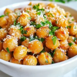 To make Garlic Parmesan Roasted Chickpeas, you need: - 1 can (15 oz) chickpeas, drained and rinsed - 2 tablespoons olive oil - 1 teaspoon garlic powder - 1 teaspoon onion powder - 1 teaspoon smoked paprika - 1/2 teaspoon salt - 1/4 teaspoon black pepper - 1/4 cup grated Parmesan cheese - Fresh parsley, chopped (for garnish) These ingredients give the dish its great flavor and crunch. You can add different flavors to suit your taste. Consider these: - Chili powder for heat - Lemon juice for brightness - Nutritional yeast for a vegan option - Other herbs like thyme or rosemary These options let you play with the taste and make the snack your own. If you lack an ingredient, don't worry! Here are some swaps: - Use coconut oil instead of olive oil - Try nutritional yeast instead of Parmesan cheese - Replace smoked paprika with regular paprika or cayenne for a kick These substitutes keep the recipe tasty while offering flexibility. {{ingredient_image_1}} Start by preheating your oven to 400°F (200°C). This temperature helps the chickpeas get crispy. Next, take one can (15 oz) of chickpeas. Drain and rinse them well under cold water. After rinsing, spread the chickpeas on a clean kitchen towel. Pat them dry to remove moisture. This step is key for achieving that perfect crunch. In a large mixing bowl, combine 2 tablespoons of olive oil with 1 teaspoon of garlic powder, 1 teaspoon of onion powder, and 1 teaspoon of smoked paprika. Add 1/2 teaspoon of salt and 1/4 teaspoon of black pepper. Stir the mix until smooth. This spice blend adds great flavor to the chickpeas. Add the dried chickpeas to your spice mixture. Toss them well until every chickpea gets coated. Spread the chickpeas in a single layer on a baking sheet lined with parchment paper. Roast them in the preheated oven for 20-25 minutes. Shake the pan halfway through to ensure even cooking. Once they look golden brown and crispy, take them out. Immediately sprinkle 1/4 cup of grated Parmesan cheese over the hot chickpeas. Toss again to coat. Return them to the oven for an additional 5 minutes. This melts the cheese just enough. Let them cool for a few minutes. Finally, garnish with chopped fresh parsley before serving. Enjoy your tasty, crunchy snack! To make your chickpeas super crispy, start by drying them well. After rinsing the chickpeas, spread them on a clean kitchen towel. Pat them dry gently to remove all moisture. Moisture makes them soggy, so take your time with this step. A dry chickpea is a happy chickpea! Using the right tools makes cooking easier. I recommend a large baking sheet lined with parchment paper. This helps with easy cleanup and prevents sticking. Also, a mixing bowl for the marinade is key. A spatula is great for tossing the chickpeas and ensuring they are evenly coated. Timing is crucial for perfect roasted chickpeas. Preheat your oven to 400°F (200°C) before you start. Roast the chickpeas for 20 to 25 minutes. Halfway through cooking, give the pan a shake. This helps them cook evenly. For the last five minutes, sprinkle on the Parmesan cheese. This will melt slightly and add great flavor! Pro Tips Dry Chickpeas Thoroughly: Ensuring the chickpeas are completely dry before roasting is crucial for achieving maximum crispiness. Use Parchment Paper: Line your baking sheet with parchment paper to prevent sticking and make cleanup easier. Experiment with Spices: Feel free to modify the spice blend to suit your taste. Add cayenne for heat or nutritional yeast for a vegan twist. Serve Fresh: For the best texture, enjoy your crispy chickpeas right after roasting; they tend to soften over time. {{image_2}} You can make garlic Parmesan roasted chickpeas more exciting. Try adding different spices. For a kick, use cayenne pepper or chili powder. For a sweet touch, mix in a bit of cinnamon. You can also add herbs like rosemary or thyme for extra flavor. Each spice changes the taste, so feel free to experiment! While Parmesan is a classic, other cheeses work well too. Try using Pecorino Romano for a sharper taste. Feta cheese adds a creamy touch that contrasts with the crunch. If you like it cheesy, sprinkle some cheddar before roasting. Each cheese gives a unique flavor, so have fun mixing it up! Serve these chickpeas as a snack or appetizer. They pair well with dips like hummus or tzatziki. You can also toss them into salads for added crunch. For a fun twist, mix them with popcorn for a tasty snack mix. They are great for movie nights or casual gatherings! To keep your roasted chickpeas fresh, place them in an airtight container. This helps prevent moisture, which can make them soft. Store them at room temperature for the best crunch. If you want extra protection, use a glass jar. Avoid plastic bags, as they trap air and moisture. If your chickpeas lose crispiness, don’t worry. You can refresh them easily. Preheat your oven to 350°F (175°C). Spread the chickpeas on a baking sheet. Heat them for about 5-10 minutes. This will bring back their crunch. You can also use an air fryer for a quick refresh. Roasted chickpeas can last up to a week when stored properly. For serving, plan on about 1/2 cup per person. This size makes a great snack or appetizer. If you have leftovers, enjoy them later or share with friends. Yes, you can use dried chickpeas. First, soak them overnight. After soaking, boil them until soft. Drain and rinse them before roasting. This step takes longer but enhances the taste. Yes, this recipe is gluten-free. Chickpeas are naturally gluten-free. The spices and Parmesan cheese do not contain gluten. Always check labels for safety. To add heat, include cayenne pepper or crushed red pepper flakes. Start with a small amount. You can also use spicy paprika for a different flavor. Adjust to your taste for the perfect kick. This blog post covered everything you need for Garlic Parmesan Roasted Chickpeas. We reviewed key ingredients, including options for fun twists. The step-by-step guide helped with prepping, seasoning, and roasting. Tips for crispiness and the right tools made the process easy. We also explored various flavors and serving ideas. Proper storage and reheating tips keep them fresh longer. Try this dish for a tasty snack or side! Enjoy the crunch and flavor while making it your own.