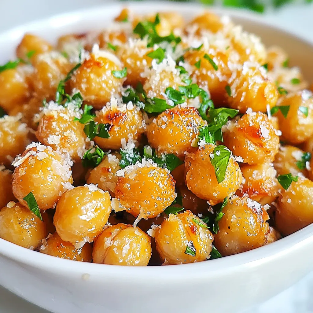 To make Garlic Parmesan Roasted Chickpeas, you need: - 1 can (15 oz) chickpeas, drained and rinsed - 2 tablespoons olive oil - 1 teaspoon garlic powder - 1 teaspoon onion powder - 1 teaspoon smoked paprika - 1/2 teaspoon salt - 1/4 teaspoon black pepper - 1/4 cup grated Parmesan cheese - Fresh parsley, chopped (for garnish) These ingredients give the dish its great flavor and crunch. You can add different flavors to suit your taste. Consider these: - Chili powder for heat - Lemon juice for brightness - Nutritional yeast for a vegan option - Other herbs like thyme or rosemary These options let you play with the taste and make the snack your own. If you lack an ingredient, don't worry! Here are some swaps: - Use coconut oil instead of olive oil - Try nutritional yeast instead of Parmesan cheese - Replace smoked paprika with regular paprika or cayenne for a kick These substitutes keep the recipe tasty while offering flexibility. {{ingredient_image_1}} Start by preheating your oven to 400°F (200°C). This temperature helps the chickpeas get crispy. Next, take one can (15 oz) of chickpeas. Drain and rinse them well under cold water. After rinsing, spread the chickpeas on a clean kitchen towel. Pat them dry to remove moisture. This step is key for achieving that perfect crunch. In a large mixing bowl, combine 2 tablespoons of olive oil with 1 teaspoon of garlic powder, 1 teaspoon of onion powder, and 1 teaspoon of smoked paprika. Add 1/2 teaspoon of salt and 1/4 teaspoon of black pepper. Stir the mix until smooth. This spice blend adds great flavor to the chickpeas. Add the dried chickpeas to your spice mixture. Toss them well until every chickpea gets coated. Spread the chickpeas in a single layer on a baking sheet lined with parchment paper. Roast them in the preheated oven for 20-25 minutes. Shake the pan halfway through to ensure even cooking. Once they look golden brown and crispy, take them out. Immediately sprinkle 1/4 cup of grated Parmesan cheese over the hot chickpeas. Toss again to coat. Return them to the oven for an additional 5 minutes. This melts the cheese just enough. Let them cool for a few minutes. Finally, garnish with chopped fresh parsley before serving. Enjoy your tasty, crunchy snack! To make your chickpeas super crispy, start by drying them well. After rinsing the chickpeas, spread them on a clean kitchen towel. Pat them dry gently to remove all moisture. Moisture makes them soggy, so take your time with this step. A dry chickpea is a happy chickpea! Using the right tools makes cooking easier. I recommend a large baking sheet lined with parchment paper. This helps with easy cleanup and prevents sticking. Also, a mixing bowl for the marinade is key. A spatula is great for tossing the chickpeas and ensuring they are evenly coated. Timing is crucial for perfect roasted chickpeas. Preheat your oven to 400°F (200°C) before you start. Roast the chickpeas for 20 to 25 minutes. Halfway through cooking, give the pan a shake. This helps them cook evenly. For the last five minutes, sprinkle on the Parmesan cheese. This will melt slightly and add great flavor! Pro Tips Dry Chickpeas Thoroughly: Ensuring the chickpeas are completely dry before roasting is crucial for achieving maximum crispiness. Use Parchment Paper: Line your baking sheet with parchment paper to prevent sticking and make cleanup easier. Experiment with Spices: Feel free to modify the spice blend to suit your taste. Add cayenne for heat or nutritional yeast for a vegan twist. Serve Fresh: For the best texture, enjoy your crispy chickpeas right after roasting; they tend to soften over time. {{image_2}} You can make garlic Parmesan roasted chickpeas more exciting. Try adding different spices. For a kick, use cayenne pepper or chili powder. For a sweet touch, mix in a bit of cinnamon. You can also add herbs like rosemary or thyme for extra flavor. Each spice changes the taste, so feel free to experiment! While Parmesan is a classic, other cheeses work well too. Try using Pecorino Romano for a sharper taste. Feta cheese adds a creamy touch that contrasts with the crunch. If you like it cheesy, sprinkle some cheddar before roasting. Each cheese gives a unique flavor, so have fun mixing it up! Serve these chickpeas as a snack or appetizer. They pair well with dips like hummus or tzatziki. You can also toss them into salads for added crunch. For a fun twist, mix them with popcorn for a tasty snack mix. They are great for movie nights or casual gatherings! To keep your roasted chickpeas fresh, place them in an airtight container. This helps prevent moisture, which can make them soft. Store them at room temperature for the best crunch. If you want extra protection, use a glass jar. Avoid plastic bags, as they trap air and moisture. If your chickpeas lose crispiness, don’t worry. You can refresh them easily. Preheat your oven to 350°F (175°C). Spread the chickpeas on a baking sheet. Heat them for about 5-10 minutes. This will bring back their crunch. You can also use an air fryer for a quick refresh. Roasted chickpeas can last up to a week when stored properly. For serving, plan on about 1/2 cup per person. This size makes a great snack or appetizer. If you have leftovers, enjoy them later or share with friends. Yes, you can use dried chickpeas. First, soak them overnight. After soaking, boil them until soft. Drain and rinse them before roasting. This step takes longer but enhances the taste. Yes, this recipe is gluten-free. Chickpeas are naturally gluten-free. The spices and Parmesan cheese do not contain gluten. Always check labels for safety. To add heat, include cayenne pepper or crushed red pepper flakes. Start with a small amount. You can also use spicy paprika for a different flavor. Adjust to your taste for the perfect kick. This blog post covered everything you need for Garlic Parmesan Roasted Chickpeas. We reviewed key ingredients, including options for fun twists. The step-by-step guide helped with prepping, seasoning, and roasting. Tips for crispiness and the right tools made the process easy. We also explored various flavors and serving ideas. Proper storage and reheating tips keep them fresh longer. Try this dish for a tasty snack or side! Enjoy the crunch and flavor while making it your own.