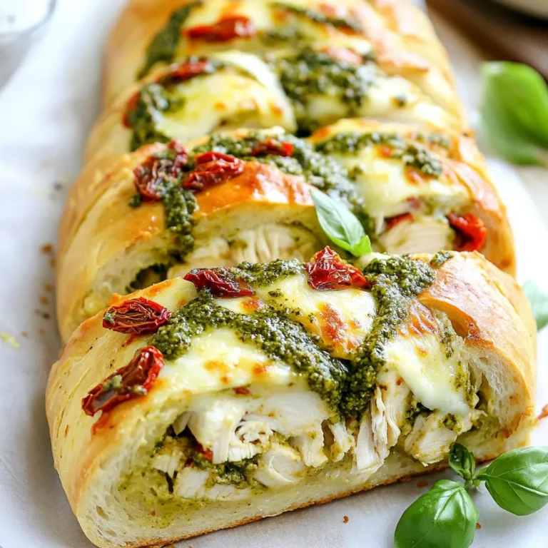 To make Pesto Chicken Stuffed Bread, you will need: - 2 cups cooked chicken, shredded - 1/2 cup basil pesto - 1 cup shredded mozzarella cheese - 1/2 cup sun-dried tomatoes, chopped - 1 small red onion, finely chopped - 1 tablespoon olive oil - 1 loaf of crusty Italian bread - Salt and pepper to taste - Fresh basil leaves for garnish Here are the tools you will need: - Large mixing bowl - Baking sheet - Aluminum foil - Sharp knife - Spoon for mixing - Cutting board You can swap ingredients if needed: - Use rotisserie chicken instead of cooked chicken for a quick option. - Swap basil pesto for sun-dried tomato pesto for a different flavor. - Try cheddar cheese if you want a sharper taste. - Replace sun-dried tomatoes with fresh tomatoes if that's what you have. - Use whole wheat bread for a healthier choice. These swaps keep the dish tasty while fitting your needs. Enjoy getting creative with this recipe! {{ingredient_image_1}} First, gather your ingredients. You need cooked chicken, basil pesto, mozzarella cheese, sun-dried tomatoes, and red onion. Place these in a large bowl. Drizzle in olive oil and add salt and pepper. Mix everything well. Ensure the chicken is coated in pesto. This blend gives a burst of flavor and moisture. Next, take your loaf of crusty Italian bread. Slice it lengthwise. You will create a top and bottom half. Carefully hollow out some of the bread's insides. Leave enough bread to hold the filling. This step prevents the bread from getting soggy. It also makes a nice shell for your mixture. Now, spoon the chicken and pesto mixture into the hollowed bread. Pack it in tightly. Don’t be shy! This is the tasty part. Place the stuffed halves on a baking sheet and wrap them in aluminum foil. This keeps the bread from burning. Bake in the preheated oven at 375°F for 25-30 minutes. You want the bread crispy and the filling hot. After baking, remove the foil and let it cool for a few minutes. Cut it into servings and garnish with fresh basil leaves. Enjoy this delicious meal! To shred chicken, use cooked chicken breasts or thighs. Let the meat cool first. This makes it easier to handle. Use two forks to pull the chicken apart. You can also use your hands if you prefer. For a faster method, try a stand mixer on low speed. This will give you perfectly shredded chicken in seconds. To keep the bread crispy, preheat your oven. Wrap the stuffed bread in aluminum foil before baking. This step keeps the filling moist without steaming the bread. Bake at 375°F for 25-30 minutes. Remove the foil for the last few minutes to crisp up the crust. Keep an eye on it to avoid burning. Serve your pesto chicken stuffed bread warm. Cut it into slices for easy sharing. Pair it with a fresh salad or a bowl of soup. A light vinaigrette works well with this dish. You can also add more fresh basil leaves on top for a pop of color. Enjoy it as a fun lunch or a tasty dinner! Pro Tips Use Fresh Ingredients: Fresh basil, high-quality mozzarella, and homemade pesto can elevate the flavor of your stuffed bread significantly. Customize Your Filling: Feel free to add other ingredients like spinach, bell peppers, or olives to suit your taste preferences. Perfectly Crisp Bread: To achieve a nice crispy crust, bake the bread without foil for the last 5-10 minutes of cooking. Serve with a Side: Pair your pesto chicken stuffed bread with a light salad or a bowl of soup for a complete meal. {{image_2}} You can make this dish vegetarian by swapping chicken for veggies. I love using roasted zucchini, bell peppers, or mushrooms. These add great flavor and texture. Add more sun-dried tomatoes for a sweet touch. You can mix in some fresh spinach for extra color and nutrients. Feel free to change the cheese to fit your taste. Try using feta for a tangy kick. Goat cheese adds a creamy texture and bold flavor. If you want a sharper taste, use aged cheddar. Mixing cheeses can also create a rich flavor. You can personalize your filling with other ingredients. Add black olives for a briny touch. Artichoke hearts bring a unique flavor and a bit of zing. You can also mix in some cooked bacon for a smoky flavor. Get creative and use what you love! To keep your Pesto Chicken Stuffed Bread fresh, wrap it tightly in plastic wrap or foil. Place it in the fridge for up to three days. Make sure to seal it well to avoid air exposure. This way, the bread stays moist and the filling retains its flavor. When you're ready to enjoy your leftovers, preheat your oven to 350°F (175°C). Unwrap the bread and place it on a baking sheet. Heat for about 15-20 minutes, or until warm. You can also use a microwave for a quick option. Heat in short bursts, checking often to avoid sogginess. If you want to freeze the stuffed bread, wrap it tightly in plastic wrap and then in foil. It can last up to three months in the freezer. To reheat, let it thaw overnight in the fridge. Then, follow the reheating instructions above. This way, you can have a quick meal ready to go! Yes, you can use store-bought pesto. It saves time and still tastes great. Just pick a high-quality brand. Look for one that has fresh ingredients and no added preservatives. This option makes it easy for busy cooks like you to enjoy this dish without the fuss. The stuffed bread is done when the bread is golden brown. The filling should be hot and bubbly. You can check by inserting a knife into the center. If it comes out warm, it's ready to eat. Baking usually takes about 25 to 30 minutes at 375°F. Several sides go well with Pesto Chicken Stuffed Bread. Here are a few ideas: - A fresh green salad with lemon vinaigrette - Garlic roasted vegetables for a savory touch - Crispy potato wedges for a fun crunch - A light soup like tomato basil to complement the flavors These sides add variety and enhance your meal experience. Enjoy mixing and matching! This blog post covers everything you need for Pesto Chicken Stuffed Bread. We explored the key ingredients and tools you'll need. I shared step-by-step instructions to make it easy for you. You learned tips to keep the bread crispy and variations to suit your taste. I also included storage info to help you enjoy leftovers. In the end, this dish is simple and fun to make. You can impress your friends and family with your cooking skills. Enjoy every bite!