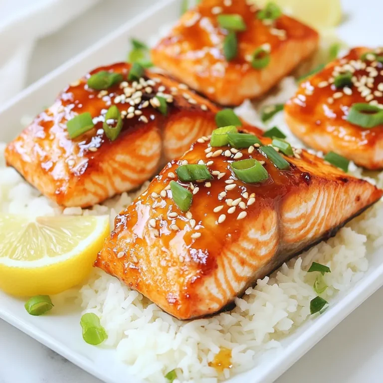 To make Air Fryer Honey Garlic Salmon, you will need: - 4 salmon fillets (about 6 oz each) - 4 tablespoons honey - 2 tablespoons soy sauce (or tamari for gluten-free) - 4 cloves garlic, minced - 1 tablespoon fresh ginger, grated - 1 tablespoon olive oil - 1 teaspoon sesame oil - Salt and pepper to taste - 2 green onions, sliced (for garnish) - Sesame seeds (optional, for garnish) You can easily swap some ingredients for a twist. Here are my suggestions: - Use maple syrup instead of honey for a vegan option. - Coconut aminos work well as a soy sauce substitute. - For garlic powder, use 1 teaspoon instead of fresh garlic. - You can replace fresh ginger with ground ginger. Use 1/2 teaspoon. - Any neutral oil can substitute for olive oil. Having the right tools makes cooking fun and easy. Hereβs what you need: - Air fryer to cook the salmon perfectly. - Medium bowl for mixing the marinade. - Whisk to blend the marinade well. - Resealable plastic bag or shallow dish for marinating. - Small saucepan to heat the remaining marinade. - Tongs to flip the salmon with care. Using these ingredients and tools will help you make a tasty meal the whole family will love! {{ingredient_image_1}} To start, gather your ingredients. You need honey, soy sauce, minced garlic, grated ginger, olive oil, sesame oil, salt, and pepper. In a medium bowl, whisk together 4 tablespoons of honey and 2 tablespoons of soy sauce. Add 4 minced garlic cloves and 1 tablespoon of grated ginger. Next, pour in 1 tablespoon of olive oil and 1 teaspoon of sesame oil. Season with salt and pepper to taste. Mix well until smooth. This marinade is key for flavor. Now, take your 4 salmon fillets and place them in a resealable bag or a shallow dish. Pour the marinade over the salmon, ensuring each fillet is well coated. Seal the bag or cover the dish tightly. Place it in the fridge for at least 30 minutes. For more flavor, let it marinate for up to 2 hours. This step enhances the taste of the salmon, making it delicious. Preheat your air fryer to 400Β°F (200Β°C). Once hot, take the salmon out of the marinade. Allow any excess marinade to drip off. Arrange the fillets in the air fryer basket without them touching. Depending on your air fryerβs size, you may need to cook in batches. Air fry for 8-10 minutes. The salmon should be cooked through and flake easily with a fork. While it cooks, heat the remaining marinade in a small saucepan over medium heat. Simmer for about 5 minutes to thicken it. When the salmon is ready, drizzle the thickened marinade over the top. Garnish with sliced green onions and sesame seeds if desired. Enjoy this tasty dish! To get that perfect flaky salmon, itβs key to not overcook it. The salmon should be tender and flake easily with a fork. I recommend cooking it in the air fryer for 8-10 minutes at 400Β°F. If your fillets are thicker, check them at 10 minutes. If they need more time, go in 1-minute bursts. This way, you avoid drying it out. If you donβt have an air fryer, donβt worry! You can bake or grill the salmon too. For baking, set your oven to 400Β°F and bake for about 12-15 minutes. For grilling, cook on medium heat for about 6-8 minutes per side. Just remember, always check for doneness! Love a stronger flavor? Marinade your salmon longer! You can marinate it for up to 2 hours. This helps the honey and garlic soak in deeper. If you prefer a milder taste, just 30 minutes will do. Also, feel free to adjust the honey or soy sauce to suit your taste. Want it sweeter? Add more honey. Want it saltier? A splash more soy sauce will do the trick! Pro Tips Marinating Time: For the best flavor, marinate the salmon for at least 1 hour. If you can, let it sit in the marinade for up to 2 hours for maximum taste absorption. Cooking Temperature: Ensure your air fryer is preheated to 400Β°F (200Β°C) before adding the salmon. This helps achieve a nice sear and locks in moisture. Check for Doneness: Salmon is perfectly cooked when it flakes easily with a fork. Use a meat thermometer to check for an internal temperature of 145Β°F (63Β°C). Leftover Marinade: Donβt discard the leftover marinade! Simmer it on the stove to create a flavorful sauce that can be drizzled over the cooked salmon and sides. {{image_2}} You can add a citrus twist to your honey garlic salmon. Use fresh orange or lemon juice in the marinade. The bright flavors balance the sweetness of the honey. This change makes the dish vibrant and refreshing. Simply replace one tablespoon of soy sauce with citrus juice. Youβll love the zing it brings! Adding herbs gives your salmon a fresh taste. Try fresh dill, parsley, or cilantro. Chop the herbs finely and mix them into the marinade. This addition brightens the dish and adds another layer of flavor. Itβs a great way to use what you have on hand. Experiment with different herbs to find your favorite blend. For a kick of heat, mix in some red pepper flakes or sriracha. This spicy honey garlic salmon offers a fun twist. Start with a half teaspoon of red pepper flakes and adjust to your taste. The heat pairs well with the sweetness of the honey. You can also serve it with a cooling side, like cucumber salad, to balance the spice. After you enjoy your air fryer honey garlic salmon, store any leftovers in an airtight container. Make sure to cool the salmon to room temperature first. Place it in the fridge, where it can stay fresh for up to three days. If you want to keep the flavor, store the salmon with any remaining marinade. To reheat your salmon, you can use the air fryer or the oven. If you use the air fryer, set it to 350Β°F (175Β°C). Heat the salmon for about 5 minutes. Check to see if itβs warm enough. If using the oven, wrap the salmon in foil and heat it at 350Β°F (175Β°C) for about 10 minutes. This keeps the salmon moist and tasty. You can freeze the marinade before you cook the salmon. Just put it in a freezer-safe bag. It will last for up to three months. If you have cooked salmon left, you can freeze that too. Wrap it tightly in plastic wrap and then place it in a freezer bag. This will help keep it fresh for up to two months. When youβre ready to eat it, just thaw it in the fridge overnight. Yes, you can use fresh salmon fillets. Fresh salmon gives the dish a great taste. Choose fillets that are bright in color and firm. If you can, buy wild-caught salmon for better flavor and health benefits. Frozen salmon works too if you thaw it first. Just make sure to pat it dry before marinating. I recommend marinating the salmon for at least 30 minutes. This time allows the flavors to soak in well. If you have more time, you can marinate it for up to 2 hours. Just be careful not to marinate too long, as the acid can change the texture of the fish. Always refrigerate it while marinating. Honey garlic salmon pairs well with many sides. Here are some ideas: - Steamed jasmine rice or quinoa - SautΓ©ed greens like spinach or bok choy - Roasted vegetables such as broccoli or carrots - A fresh salad with a light dressing - Mashed sweet potatoes for a sweet balance Feel free to mix and match these sides to create a meal that your family will love! This post covered everything you need for perfect honey garlic salmon. We looked at key ingredients, substitutions, and tools. You learned step-by-step instructions to make it easy. I shared tips for flakiness and alternative cooking methods. We explored tasty variations and storage tips for leftovers. In conclusion, following these steps will help you make a dish everyone loves. Enjoy your cooking journey and feel confident to experiment!