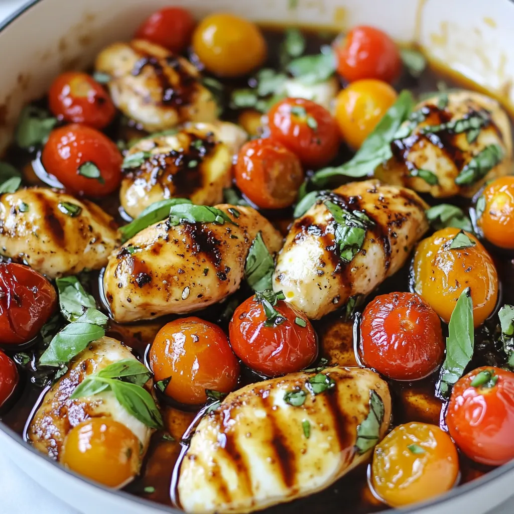 - 4 boneless, skinless chicken breasts - 2 cups cherry tomatoes, halved - 1 cup fresh mozzarella balls (bocconcini) - 1 cup fresh basil leaves, chopped - 3 tablespoons balsamic glaze - 3 tablespoons olive oil - 3 cloves garlic, minced - Salt and pepper to taste - Fresh basil leaves for garnish When I cook Caprese Chicken Skillet, I love using fresh, high-quality ingredients. The main stars are juicy chicken breasts, bright cherry tomatoes, and creamy mozzarella. Each bite bursts with flavor. I choose boneless, skinless chicken breasts for easy cooking. They stay moist and soak up all the tasty juices from the tomatoes and garlic. The cherry tomatoes add a sweet touch. Halving them helps release their juices, creating a nice sauce. Fresh mozzarella balls are essential. They melt beautifully over the chicken. I often use bocconcini, as they are bite-sized and perfect for this dish. Fresh basil gives a lovely aroma and bright flavor. For the extra touch, I use balsamic glaze. It adds sweetness and a tangy finish. Olive oil keeps everything from sticking and helps with browning. Garlic adds a delightful aroma and depth to the dish. Finally, I season with salt and pepper. This simple seasoning brings out the best in all the ingredients. I sometimes add fresh basil leaves as a garnish for a pop of color. This dish is not only easy to make but also a feast for the eyes and palate. Each ingredient plays a part in making the Caprese Chicken Skillet a hit. {{ingredient_image_1}} To start, season the chicken breasts with salt and pepper. This adds flavor. Heat 2 tablespoons of olive oil in a large skillet over medium heat. When the oil is hot, add the chicken breasts. Cook them for about 5 to 7 minutes on each side. You want them browned and cooked through. Use a meat thermometer to check for doneness; it should read 165°F or 75°C. Once cooked, remove the chicken and set it aside on a plate. In the same skillet, add the last tablespoon of olive oil. Then, add the minced garlic. Sauté the garlic for about 30 seconds until it smells great. Next, toss in the halved cherry tomatoes and cook them for about 3 to 4 minutes. You want them soft and juicy, releasing their flavors into the pan. Now it's time to bring everything together. Lower the heat and return the chicken to the skillet. Top each chicken breast with fresh mozzarella balls. Cover the skillet with a lid and let it cook for another 2 to 3 minutes. The mozzarella should melt nicely. Once melted, remove the skillet from the heat. Drizzle balsamic glaze over the chicken and tomatoes. Finally, sprinkle chopped fresh basil on top for a burst of flavor. Enjoy your meal hot! To ensure your chicken is juicy and tender, start with fresh chicken breasts. Use a meat thermometer to check for doneness. The internal temperature should reach 165°F (75°C). This keeps the meat moist and safe to eat. Always season the chicken well with salt and pepper before cooking. This adds flavor from the start. For perfectly melted mozzarella, add it at the right time. After you return the chicken to the skillet, cover it with mozzarella and a lid. The lid traps steam and helps the cheese melt evenly. Cook it for just 2-3 minutes. Don’t overcook it, or the cheese will become rubbery. Caprese Chicken Skillet pairs well with simple side dishes. A fresh green salad is a great choice. You can also serve it with crusty bread to soak up the juices. Rice or quinoa adds a nice touch too. Both make the meal heartier. For presentation, serve directly from the skillet. This gives a rustic feel. Drizzle some balsamic glaze over the dish. Adding fresh basil leaves as a garnish makes it look extra special. Bright colors make your meal more inviting. A good skillet is key for this recipe. I recommend a large, heavy skillet. Non-stick or cast iron works best. They heat evenly and help prevent sticking. For meal prep, gather a cutting board, sharp knife, and measuring cups. A meat thermometer is a must for checking doneness. Having these tools ready makes cooking easier and more enjoyable. Pro Tips Use Fresh Ingredients: Fresh mozzarella and basil will elevate the flavor of this dish, so opt for the best quality ingredients you can find. Adjust the Balsamic Glaze: If you prefer a sweeter taste, consider adding more balsamic glaze. Alternatively, a splash of lemon juice can add brightness. Check Chicken Temperature: Always ensure your chicken reaches an internal temperature of 165°F (75°C) for safety. Use a meat thermometer for accuracy. Serve with a Side: Pair this dish with a light salad or crusty bread to soak up the delicious juices and balance the meal. {{image_2}} You can swap the chicken for other proteins. Turkey works well, too. If you're plant-based, try tofu. Both options taste great with the same flavors. You can also change the vegetables. Instead of cherry tomatoes, use bell peppers or zucchini. They add a nice crunch and color. Want to boost the flavor? Add spices like paprika or Italian herbs. A pinch of red pepper flakes gives a nice kick. You can also try different glazes. A honey balsamic or garlic herb sauce creates a new twist. These small changes can make a big difference. Make this meal heartier by adding grains. Cooked quinoa or rice makes it filling. You can also mix in other veggies. Spinach or mushrooms blend well with the dish. These options keep your meal exciting and healthy. To keep your Caprese Chicken Skillet fresh, let it cool down. Place it in an airtight container. This helps keep the flavors locked in. Store the container in your fridge. You can keep it for up to three days. When you want to enjoy your leftovers, use the stovetop. Heat it gently over low heat. This method keeps the chicken juicy. If you use a microwave, cover it with a damp paper towel. This keeps moisture in and prevents drying. Yes, you can freeze Caprese Chicken Skillet! Pack it in a freezer-safe container. Make sure to leave space for expansion. It stays good in the freezer for up to two months. To defrost, place it in the fridge overnight. Reheat gently to enjoy its full flavor. It takes about 30 minutes to cook Caprese Chicken Skillet. You need 10 minutes to prep. Cooking the chicken takes about 15 minutes. Sautéing the tomatoes and melting the cheese adds another 5 minutes. This one-pan meal is quick and easy. Yes, you can make this dish ahead of time. Cook it, then let it cool. Store it in an airtight container in the fridge for up to three days. Reheat it gently on the stove to keep the chicken juicy. This dish pairs well with many sides. Here are some great options: - Garlic bread for a crunchy side. - A fresh green salad for a light touch. - Quinoa or rice to soak up the sauce. These sides complete your meal and add more flavor. This guide covered everything about making Caprese Chicken Skillet. We discussed essential ingredients, easy steps, and helpful tips. You learned how to ensure juicy chicken and perfectly melted cheese. The variations let you explore different flavors, while storage tips help keep leftovers fresh. Whether you try swaps or serve it with your favorite sides, this dish is a winner. Enjoy creating this delicious meal in your kitchen!