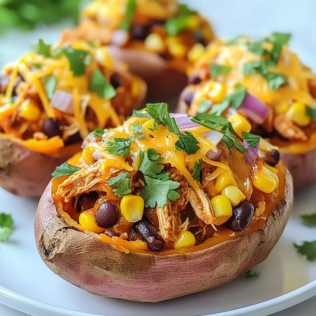 Here’s what you need to make BBQ chicken stuffed sweet potatoes: - Medium sweet potatoes (4) - Cooked shredded chicken (2 cups) - BBQ sauce (1 cup) - Corn (1 cup) - Red onion, diced (1/2 cup) - Black beans (1/2 cup) - Shredded cheese (1 cup) - Olive oil (1 tablespoon) - Salt and pepper to taste - Fresh cilantro for garnish These ingredients come together to create a tasty and filling meal. The sweet potatoes add a nice balance of sweetness, while the BBQ chicken brings bold flavor. Each element plays an important role in making the dish delicious and satisfying. You can use any type of BBQ sauce you like, whether store-bought or homemade. This recipe is great for feeding a family or for meal prep. {{ingredient_image_1}} - First, preheat your oven to 400°F (200°C). This ensures even cooking for your sweet potatoes. - Next, wash the sweet potatoes under running water. Scrub them gently to remove dirt. - Poke several holes in each potato with a fork. This helps steam escape while they bake. - Place the sweet potatoes on a baking sheet lined with parchment paper. - Bake them for 40-50 minutes. They should be soft when you pierce them with a fork. - To check for doneness, insert a fork into the center. It should slide in easily. - In a large bowl, mix the shredded chicken with BBQ sauce. Make sure it is well coated. - In a skillet, heat 1 tablespoon of olive oil over medium heat. - Add the diced red onion and sauté for 3-5 minutes. They should turn translucent. - Then, add the corn and black beans, cooking for another 2-3 minutes. This heats them through. - Once the sweet potatoes are done, let them cool for a few minutes. - Cut each potato lengthwise down the center. Be careful not to cut all the way through. - Gently fluff the insides of the sweet potatoes with a fork. This creates space for the filling. - Spoon the BBQ chicken mixture into each potato. Make sure to mound it on top. - Top each stuffed potato with shredded cheese for a melty finish. - Return the stuffed sweet potatoes to the oven. Bake them for an additional 10 minutes. - This will melt the cheese and make it bubbly. - Once done, remove them from the oven. Let them cool slightly before serving. - If you like, garnish with fresh cilantro for an extra touch. Choosing the right BBQ sauce can make your dish shine. Look for a sauce that has a nice balance of sweet and tangy flavors. I love using a sauce that is thick and rich. It clings well to the chicken and adds great taste. If you prefer, you can make your own sauce at home. Just mix ketchup, brown sugar, and vinegar for a quick version. To keep your filling juicy, avoid overcooking the chicken. Shred it while it is still warm. Mixing it with the BBQ sauce right away helps it soak up the flavor. If you find the mixture a bit dry, add a splash of chicken broth or a little extra BBQ sauce. To ensure your sweet potatoes are tender, poke holes all over them. This lets steam escape and helps them cook evenly. Baking them at 400°F (200°C) for 40-50 minutes works best. You can check doneness by inserting a fork. If it goes in easily, they are ready. If you are short on time, microwaving sweet potatoes is a great option. Just wash, poke holes, and place them on a microwave-safe plate. Microwave each potato for about 5-8 minutes, flipping halfway. They should be soft and easy to cut. For side dishes, I recommend a fresh salad or steamed broccoli. These add brightness and balance to the meal. You can also serve it with tortilla chips for some crunch. Pair your stuffed sweet potatoes with a cold drink like iced tea or a light beer. These drinks complement the flavors and keep the meal refreshing. Pro Tips Choosing Sweet Potatoes: Opt for sweet potatoes that are firm and without any blemishes. This ensures a sweeter taste and better texture when baked. BBQ Sauce Variations: Experiment with different flavors of BBQ sauce. A spicy or smoky sauce can add an exciting twist to the dish. Make Ahead: You can prepare the BBQ chicken mixture in advance and store it in the fridge. This makes assembling the stuffed potatoes quicker when you're ready to bake. Garnish for Flavor: Fresh cilantro adds a burst of flavor, but you can also try green onions or avocado for a different taste profile. {{image_2}} You can make this dish even healthier. First, look for low-sugar BBQ sauce. These sauces keep the taste but cut down on sugar. You can also swap the chicken for turkey. This lean meat works great and still tastes yummy. If you want a plant-based option, try using plant-based chicken. It gives you the same texture and flavor without meat. Let’s add some zing to your BBQ chicken stuffed sweet potatoes. You can mix in your favorite spices. Try smoked paprika for a deep flavor or cumin for warmth. Fresh herbs like cilantro or parsley also brighten the dish. Adding vegetables is another fun way to change things up. Bell peppers and zucchini mix well with the other ingredients. They add color and nutrition to your meal. Cheese can change the whole flavor of your dish. If you want a different taste, try using gouda or mozzarella. These cheeses melt nicely and add creaminess. For those who avoid dairy, there are many dairy-free cheese options. Look for brands that melt well, so you still get that gooey goodness on top of your sweet potatoes. You can store leftover BBQ chicken stuffed sweet potatoes in the fridge for up to three days. To keep them fresh, place them in an airtight container. This way, they won’t dry out or absorb other smells from the fridge. Yes, you can freeze BBQ chicken stuffed sweet potatoes! Wrap each one tightly in plastic wrap or foil. Then, place them in a freezer bag to save space. They can stay frozen for up to three months. When you’re ready to enjoy them again, take them out of the freezer. Let them thaw in the fridge overnight. To reheat, place them in the oven at 350°F (175°C) for about 25-30 minutes. This warms them up nicely and keeps the flavors intact. Yes, you can use raw chicken. Just make sure to cook it fully first. You can bake, boil, or grill the chicken until it is no longer pink. After cooking, shred the chicken and mix it with BBQ sauce. This way, the chicken absorbs all the flavor. It adds a nice touch to your stuffed sweet potatoes. The best BBQ sauce depends on your taste. Some popular options are Sweet Baby Ray's, Stubb's, and homemade sauces. If you like smoky flavors, try a chipotle BBQ sauce. If you prefer a sweet taste, go for a honey BBQ sauce. Feel free to experiment with different sauces to find your favorite. To make BBQ chicken stuffed sweet potatoes vegan, substitute the chicken with jackfruit or tofu. For cheese, use a dairy-free option like cashew cheese or nutritional yeast. You can also add more veggies, like mushrooms or bell peppers, for added texture. This way, you keep the great taste while making it plant-based. Stuffed sweet potatoes with BBQ chicken are a tasty and simple dish. We covered ingredients, cooking steps, and tips for perfecting your meal. You can easily modify this recipe to fit your taste. Try different fillings, sauces, or cheeses for variety. Remember to store leftovers properly for future meals. With a bit of creativity, these stuffed sweet potatoes can shine on your table. Enjoy your cooking and the delicious results!