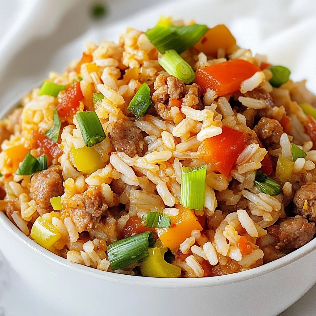 - 1 cup long-grain white rice - 1 lb turkey sausage, casings removed and crumbled - 1 medium onion, finely chopped - 1 bell pepper (green or red), diced - 2 celery stalks, diced - 3 cloves garlic, minced - 1 teaspoon Cajun seasoning - 1 teaspoon dried thyme - 1/2 teaspoon smoked paprika - 2 cups chicken broth - 1 bay leaf - 1/2 cup green onions, sliced (for garnish) - Salt and pepper to taste - 2 tablespoons vegetable oil This dish serves about four people. Each serving has around: - Calories: 350 - Protein: 20g - Carbohydrates: 40g - Fat: 12g - Fiber: 2g - Sodium: 600mg This meal is filling and provides good energy. The turkey sausage adds protein without too much fat. The veggies bring fiber, vitamins, and flavors. You can swap some ingredients if needed. Here are some ideas: - Turkey sausage: Try chicken sausage or a plant-based sausage. - Long-grain rice: Jasmine or basmati rice works well too. - Chicken broth: Use vegetable broth for a vegetarian option. - Bell pepper: Any color works, or you can use zucchini for a twist. - Spices: If you lack Cajun seasoning, mix paprika, garlic powder, and onion powder. These swaps keep the recipe tasty and fun. Don't be afraid to mix and match! {{ingredient_image_1}} To make Cajun Dirty Rice, start with an easy prep. Gather all your ingredients first. You will need: - 1 cup long-grain white rice - 1 lb turkey sausage, casings removed and crumbled - 1 medium onion, finely chopped - 1 bell pepper (green or red), diced - 2 celery stalks, diced - 3 cloves garlic, minced - 1 teaspoon Cajun seasoning - 1 teaspoon dried thyme - 1/2 teaspoon smoked paprika - 2 cups chicken broth - 1 bay leaf - 1/2 cup green onions, sliced (for garnish) - Salt and pepper to taste - 2 tablespoons vegetable oil Chop your veggies small. This helps them cook evenly. Crumble your turkey sausage well. This allows it to brown nicely. Start by heating vegetable oil in a large skillet over medium heat. Once hot, add the turkey sausage. Cook for about 5-7 minutes. You want it browned and cooked through. Then, take it out and set it aside. In the same skillet, add the chopped onion, bell pepper, and celery. Sauté for about 5 minutes. You want the veggies soft but not mushy. Next, stir in minced garlic, Cajun seasoning, dried thyme, and smoked paprika. Cook for about 1 minute until you smell the spices. Now, add the uncooked rice. Stir it well into the veggie mix. Pour in the chicken broth and add the bay leaf. Bring everything to a boil. Once boiling, reduce the heat to low. Cover the pan and let it simmer for about 20 minutes. The rice should be tender and absorb most of the liquid. After 20 minutes, take out the bay leaf. Stir in the cooked turkey sausage. Season with salt and pepper to your taste. Cover and let it sit off the heat for 5 minutes. This step helps the flavors meld together. Getting the rice just right can be tricky. Here are some tips to help you: - Rinse the rice before cooking. This removes excess starch and helps it stay fluffy. - Use the right amount of broth. Too little may leave the rice hard, while too much makes it mushy. - Keep the lid on while cooking. This keeps steam in and helps the rice cook evenly. - Let it rest after cooking. This step allows the rice to firm up and absorb any extra liquid. With these steps, your Cajun Dirty Rice with Turkey Sausage will burst with flavor and delight! To boost the flavor of your Cajun Dirty Rice, start with fresh ingredients. Fresh herbs and spices make a big difference. Use high-quality turkey sausage. It adds rich taste without much fat. Sauté the vegetables until they are soft. This step releases their natural sweetness. Don't skip the garlic; it adds depth. Use a good Cajun seasoning blend for balance. You can mix your own by combining paprika, thyme, and a bit of cayenne. Finally, let the dish sit covered after cooking. This lets the flavors meld together beautifully. One common mistake is not rinsing the rice. Rinsing helps remove excess starch and keeps the rice fluffy. Another mistake is overcooking the sausage. If you cook it too long, it can become dry. Avoid adding too much liquid too quickly. Always follow the broth measurements for perfect texture. Lastly, don’t forget to season at the end. Taste your rice before serving and adjust the salt and pepper. Cajun Dirty Rice pairs well with various sides. A fresh green salad adds crunch and color. You can also serve it with cornbread for a classic touch. Grilled vegetables work nicely too, bringing more flavor to the meal. If you want a drink, try sweet tea or lemonade. Their sweetness balances the spices in the rice. Enjoy your meal with friends and family for the best experience! Pro Tips Use Fresh Ingredients: Fresh vegetables and herbs enhance the flavor of your dirty rice. Opt for freshly chopped greens and spices whenever possible. Control the Heat: Adjust the amount of Cajun seasoning based on your spice tolerance. You can start with less and add more to taste as you cook. Let it Rest: Allow the dirty rice to sit covered for a few minutes after cooking. This helps the flavors meld together and improves texture. Experiment with Proteins: While turkey sausage is a great option, feel free to swap it for chicken, pork, or even a plant-based sausage for variations. {{image_2}} If you crave more heat, add diced jalapeños or crushed red pepper. Start with one jalapeño and adjust to your taste. You can also use a spicier Cajun seasoning. This will enhance the flavor and kick of your dish. The extra heat pairs well with the savory turkey sausage. For a vegetarian option, replace turkey sausage with mushrooms or lentils. Mushrooms bring umami and texture, while lentils add protein. Use vegetable broth instead of chicken broth for a full flavor. This makes dirty rice hearty and satisfying without meat. Add more spices, like smoked paprika, for extra flavor. You can try other meats in this recipe. Chicken, pork, or even beef work well. Just make sure to cook them thoroughly before adding them to the rice. Each meat gives a different taste and texture. Experiment with what you like, and enjoy the new flavors in your dirty rice! To store leftover Cajun Dirty Rice, let it cool first. Once cool, place it in an airtight container. Make sure to seal it well. Store it in the fridge for up to four days. If you want it to last longer, consider freezing it. When you're ready to eat, reheat the rice on the stove or in the microwave. For the stove, add a splash of chicken broth to keep it moist. Heat over low to medium until hot. In the microwave, use a microwave-safe dish. Cover it with a lid or a damp paper towel. Heat for about 2-3 minutes, stirring halfway through. To freeze Cajun Dirty Rice, first, cool it completely. Then, portion it into freezer bags. Remove as much air as possible before sealing. Label each bag with the date. It can last in the freezer for up to three months. When you want to enjoy it, thaw it in the fridge overnight before reheating. You can use chicken sausage or pork sausage as a substitute. Both options give great flavor. If you want vegetarian, try mushrooms or tempeh. They add a nice texture and taste. Yes, you can make this dish in a slow cooker. Start by browning the sausage in a pan. Then, add all the ingredients to the slow cooker. Cook on low for 6-8 hours or high for 3-4 hours. The rice will absorb all the flavors! To make more servings, simply double or triple the ingredients. Use two cups of rice and two pounds of sausage for eight servings. Always check the liquid amounts. You might need more broth to ensure the rice cooks well. This blog post outlined the key ingredients and cooking steps for Cajun Dirty Rice. We looked at substitutions and tips to enhance flavors. I shared common mistakes and ideal pairings to make your dish shine. You also learned about variations and proper storage for leftovers. In closing, making this dish can be fun and rewarding. With practice, you’ll create a meal that friends and family will love. Enjoy your cooking journey!