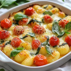 To create a creamy Parmesan gnocchi bake, you need a few key ingredients. This dish is rich, tasty, and easy to make. Here’s what you will need: - 2 packages (16 oz each) gnocchi (store-bought or homemade) - 2 cups heavy cream - 1 cup grated Parmesan cheese - 1 cup shredded mozzarella cheese - 1 cup baby spinach, roughly chopped - 1 cup cherry tomatoes, halved - 3 cloves garlic, minced - 1 teaspoon Italian seasoning - Salt and black pepper to taste - Fresh basil leaves for garnish (optional) These ingredients come together to make a delightful meal. The gnocchi serves as the base, while the heavy cream and cheeses create a rich sauce. Spinach and tomatoes add color and nutrition. Garlic and Italian seasoning bring great flavor. Using fresh basil as a garnish adds a nice touch. It makes the dish look and taste even better. Enjoy gathering these ingredients, and let’s get cooking! {{ingredient_image_1}} 1. Boil and cook the gnocchi: Start by bringing a large pot of salted water to a boil. Add the gnocchi to the pot. Cook them according to the package instructions. They usually float when done, which takes about 2-3 minutes. Drain them and set aside. 2. Prepare the creamy sauce: In a large skillet, heat over medium heat. Add minced garlic and sauté for about one minute. Next, pour in the heavy cream and let it simmer gently. Stir in the grated Parmesan cheese and Italian seasoning. Keep stirring until the cheese melts and the sauce becomes creamy. 3. Combine gnocchi with sauce and vegetables: Add the chopped spinach and halved cherry tomatoes to the skillet. Cook for another 2-3 minutes until the spinach wilts and the tomatoes soften. Gently fold in the cooked gnocchi, making sure they are fully coated in the creamy sauce. Season with salt and black pepper to taste. 1. Transfer to baking dish and cheese topping: Take a greased 9x13 inch baking dish. Pour in the gnocchi mixture, spreading it evenly. Top it with shredded mozzarella cheese for a delicious, bubbly finish. 2. Bake until golden brown: Place the baking dish in your preheated oven at 400°F (200°C). Bake for 20-25 minutes. Look for a golden brown color and bubbly cheese. 3. Rest before serving: Once baked, take the dish out of the oven. Let it rest for about 5 minutes. This helps the dish set and makes it easier to serve. If you like, add fresh basil leaves on top for a nice touch. To get the best texture from your gnocchi, cook them until they float. This usually takes about 2-3 minutes. If you overcook them, they can become mushy. Be gentle when folding them into the sauce. This keeps them intact and ensures a nice bite. For creaminess in your sauce, start by heating the heavy cream slowly. Stir in the Parmesan cheese until it melts completely. This creates a smooth and rich base. Adding spinach and tomatoes helps to balance the dish with freshness. Season well with salt and black pepper to enhance the flavors. To make your dish look great, sprinkle some fresh basil on top before serving. It adds color and a nice aroma. Use a nice baking dish to show off your creation. For a complete meal, serve this gnocchi bake with a simple salad. A green salad with a light vinaigrette pairs nicely. You can also add garlic bread on the side for a comforting touch. Pro Tips Use Fresh Ingredients: Opt for fresh spinach and ripe cherry tomatoes to enhance the flavor and nutritional value of your bake. Customize the Cheese: Feel free to mix different cheeses like fontina or gouda for a unique flavor profile. Add Protein: For a heartier dish, consider adding cooked chicken, sausage, or chickpeas to the gnocchi mixture. Let It Rest: Allow the dish to sit for a few minutes after baking to help it set, making it easier to serve. {{image_2}} You can swap out heavy cream for a lighter option. Consider using half-and-half or whole milk. These alternatives reduce the fat but still offer good creaminess. If you want a dairy-free option, try coconut milk or cashew cream. Both give a rich taste while keeping it light. You can also change the cheeses in this bake. Instead of just Parmesan and mozzarella, try using Gruyère or Fontina cheese. These cheeses melt well and add a unique flavor. Mixing different cheeses can really enhance the dish. Adding protein can make this dish heartier. You can toss in cooked chicken, shrimp, or Italian sausage for extra flavor. Just make sure to cook the protein beforehand and mix it in with the gnocchi. Feel free to swap vegetables based on what’s in season. Zucchini, bell peppers, or mushrooms work great in this bake. You can even use frozen veggies if fresh ones aren’t available. Just remember to adjust the cooking time to ensure everything cooks evenly. After you enjoy your creamy Parmesan gnocchi bake, you may have some left. I recommend letting it cool to room temperature. Once it cools, transfer the bake to an airtight container. This keeps it fresh and tasty. You can store it in the fridge for up to 3 days. If you want to keep it longer, freeze it. Place it in a freezer-safe container or bag. It can last up to 3 months in the freezer. When it’s time to enjoy those leftovers, reheating is key. You want to keep the gnocchi moist and creamy. Preheat your oven to 350°F (175°C). Cover the dish with foil to lock in moisture. Heat for about 20 minutes. Check if it’s hot all the way through. If you prefer using a microwave, place a portion in a bowl. Add a splash of cream or milk to keep it creamy. Heat in short bursts, stirring in between, until warm. Enjoy your comforting dish again! Can I use homemade gnocchi? Yes, you can use homemade gnocchi. Fresh gnocchi adds a nice touch to the dish. Just follow the same cooking steps. Ensure they float in boiling water, which means they are ready. Cooking time may vary slightly, but aim for about 2-3 minutes. Is it possible to make this dish vegetarian? Absolutely! This dish is already vegetarian with just a few tweaks. Ensure your cheeses contain no animal rennet. You can also add more veggies like mushrooms or zucchini for extra flavor. Cooking time adjustments for different oven types If you have a convection oven, you might need less time. Start checking at 15 minutes. For a toaster oven, keep an eye on it as they can cook faster. The key is to look for bubbling cheese and a golden top. Serving suggestions for larger gatherings For bigger groups, double the recipe. Use a larger baking dish. You can serve this with a simple side salad or garlic bread to round out the meal. It’s a crowd-pleaser that leaves everyone happy and full! You learned how to make a creamy baked gnocchi dish with simple steps. We covered the key ingredients and the importance of texture. You can customize this meal to fit your taste. Remember to store any leftovers properly so they stay tasty. With these tips, you’ll create a dish that impresses everyone. Enjoy cooking and sharing this delightful meal!
