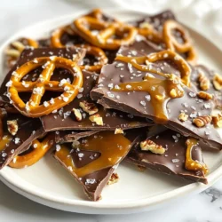 To make the best salted caramel pretzel bark, you need simple and tasty ingredients. Here’s what you’ll gather: - 2 cups mini pretzels - 1 cup caramel candies, unwrapped - 1/4 cup heavy cream - 1 cup semisweet chocolate chips - 1/4 teaspoon sea salt - Optional: 1/4 cup chopped nuts (such as pecans or almonds) Each ingredient plays a key role. The mini pretzels bring a nice crunch and salty flavor. Caramel candies add that rich sweetness we all love. Heavy cream helps make the caramel smooth and creamy. Semisweet chocolate chips create a rich layer that balances the sweetness. Sea salt adds a touch of contrast that enhances all flavors. If you like, you can add nuts for extra crunch and flavor. Make sure to gather everything before you start. This will make the process quick and fun! {{ingredient_image_1}} 1. Preheat your oven to 350°F (175°C). This helps the bark bake evenly. 2. Line a baking sheet with parchment paper. Leave some paper hanging over the edges. This makes it easy to lift out the bark later. 3. Spread the mini pretzels evenly across the baking sheet. Make sure there are no gaps. 1. In a small saucepan, combine the caramel candies and heavy cream. Use low heat to prevent burning. 2. Stir the mixture continuously. Keep stirring until it becomes smooth and fully melted. 3. Once the caramel is ready, pour it over the pretzels. Make sure to coat them well. 4. Use a spatula to spread the caramel evenly across the pretzels. 1. Place the baking sheet in the oven. Bake for about 5 minutes. Look for the caramel to bubble slightly. 2. Take the baking sheet out of the oven. Sprinkle semisweet chocolate chips over the hot caramel. 3. Let the chips sit for a couple of minutes. This allows them to melt. 4. Use a spatula to spread the melted chocolate evenly over the caramel and pretzels. 5. Before the chocolate sets, sprinkle sea salt and chopped nuts (if using) on top. This adds crunch and flavor. 6. Allow the bark to cool at room temperature for 30 minutes. After that, place it in the fridge for another 30 minutes to set completely. 7. Once set, lift the bark out using the parchment paper overhang. Break into pieces or cut into squares for serving. To make the best Salted Caramel Pretzel Bark, start with the caramel. - Managing caramel consistency: Heat the caramel candies with heavy cream slowly. Stir it gently until smooth. If it gets too thick, add a splash more cream. This keeps the caramel pourable. - Techniques for spreading chocolate evenly: After baking, let the chocolate chips sit for a few minutes until they melt. Then, use a spatula to spread the chocolate over the caramel. Start from the center and work your way out. This helps cover every inch. - Tips for even cooling and setting: After spreading, let the bark cool at room temperature first. Then, chill it in the fridge. This allows the layers to set well, making the bark easy to break. Presentation matters when serving your bark. - Ideas for presentation: Cut the bark into squares or break it into pieces. Place it in a nice dish or on a platter. You can even stack pieces for a tall display. - Pairing with beverages or other treats: This bark goes well with coffee or hot cocoa. You can also serve it with ice cream for a fun dessert. Enjoying it with a sweet drink will enhance its flavors. Pro Tips Use Fresh Caramel: For the best flavor and texture, use fresh caramel candies rather than stale ones. This will ensure a smooth and creamy consistency when melted. Don’t Overbake: Keep an eye on the caramel in the oven. Baking for too long can cause it to harden too much, making it difficult to spread the chocolate evenly. Quality Chocolate Matters: Using high-quality semisweet chocolate chips will enhance the overall flavor of your bark. Look for brands that use real chocolate. Customize Your Toppings: Feel free to get creative with your toppings! Consider adding crushed candies, sprinkles, or sea salt caramel drizzle for extra flair and taste. {{image_2}} You can play with flavors in your salted caramel pretzel bark. One fun way is to try different types of chocolate. Instead of semisweet chocolate, use dark chocolate or milk chocolate for a sweeter bite. White chocolate adds a creamy touch that pairs well with the salty pretzels. Another way to mix it up is by using flavored pretzels. You can find pretzels that are cheese-flavored or even chocolate-covered. These add new tastes to your treat. They also make your bark look unique and fun. If you want to switch things up, you can use different sweeteners for the caramel. Honey or maple syrup can work well. They provide a different flavor and can be healthier options. Just make sure to adjust the amounts so your caramel stays smooth. For those with nut allergies, skip the nuts entirely or try sunflower seeds for crunch. They give a similar texture without the risk of allergies. This way, everyone can enjoy your salted caramel pretzel bark. To keep your salted caramel pretzel bark fresh, use an airtight container. This will keep moisture out and prevent it from becoming soggy. Choose a container that fits the size of your bark pieces to avoid breakage. Store the container in a cool, dark place, like a pantry or cupboard. When stored properly, salted caramel pretzel bark lasts about two weeks. After a week, check for any signs of spoilage. If you notice a change in smell or texture, it's best to throw it away. Storing it in the fridge can extend its life, but it may change the texture a bit. Can I use other types of pretzels? Yes, you can use other pretzel shapes. Stick to crunchy types for the best texture. Try using pretzel sticks or twists. They all work well in this bark! How do I make this recipe gluten-free? To make it gluten-free, choose gluten-free pretzels. Many brands offer tasty gluten-free options. Check labels to ensure they meet your needs. Can I freeze salted caramel pretzel bark? Yes, you can freeze this bark. Cut it into pieces and place them in an airtight container. It stays fresh for up to two months in the freezer. What to do if the chocolate doesn’t melt properly? If the chocolate won’t melt, try a double boiler. Place the chocolate in a heat-safe bowl over simmering water. Stir until smooth. This method prevents burning. How to fix a sticky caramel texture? If your caramel is sticky, cook it a bit longer. Heat it on low while stirring until it thickens. This helps achieve that perfect gooey texture. This recipe combines mini pretzels, caramel, and chocolate for a tasty treat. I shared step-by-step instructions to guide you through the process. I included helpful tips to perfect your salted caramel pretzel bark. Remember, you can try different flavors and ingredients to make this your own. Store your treat in an airtight container for freshness. With these simple steps, you'll impress friends and family with a delightful snack. Enjoy your baking and the delicious results!