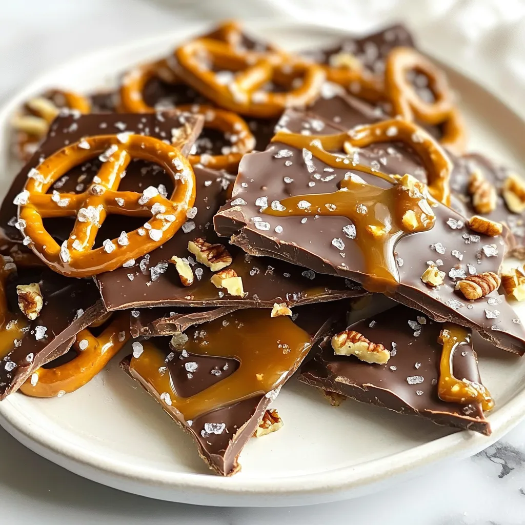 To make the best salted caramel pretzel bark, you need simple and tasty ingredients. Here’s what you’ll gather: - 2 cups mini pretzels - 1 cup caramel candies, unwrapped - 1/4 cup heavy cream - 1 cup semisweet chocolate chips - 1/4 teaspoon sea salt - Optional: 1/4 cup chopped nuts (such as pecans or almonds) Each ingredient plays a key role. The mini pretzels bring a nice crunch and salty flavor. Caramel candies add that rich sweetness we all love. Heavy cream helps make the caramel smooth and creamy. Semisweet chocolate chips create a rich layer that balances the sweetness. Sea salt adds a touch of contrast that enhances all flavors. If you like, you can add nuts for extra crunch and flavor. Make sure to gather everything before you start. This will make the process quick and fun! {{ingredient_image_1}} 1. Preheat your oven to 350°F (175°C). This helps the bark bake evenly. 2. Line a baking sheet with parchment paper. Leave some paper hanging over the edges. This makes it easy to lift out the bark later. 3. Spread the mini pretzels evenly across the baking sheet. Make sure there are no gaps. 1. In a small saucepan, combine the caramel candies and heavy cream. Use low heat to prevent burning. 2. Stir the mixture continuously. Keep stirring until it becomes smooth and fully melted. 3. Once the caramel is ready, pour it over the pretzels. Make sure to coat them well. 4. Use a spatula to spread the caramel evenly across the pretzels. 1. Place the baking sheet in the oven. Bake for about 5 minutes. Look for the caramel to bubble slightly. 2. Take the baking sheet out of the oven. Sprinkle semisweet chocolate chips over the hot caramel. 3. Let the chips sit for a couple of minutes. This allows them to melt. 4. Use a spatula to spread the melted chocolate evenly over the caramel and pretzels. 5. Before the chocolate sets, sprinkle sea salt and chopped nuts (if using) on top. This adds crunch and flavor. 6. Allow the bark to cool at room temperature for 30 minutes. After that, place it in the fridge for another 30 minutes to set completely. 7. Once set, lift the bark out using the parchment paper overhang. Break into pieces or cut into squares for serving. To make the best Salted Caramel Pretzel Bark, start with the caramel. - Managing caramel consistency: Heat the caramel candies with heavy cream slowly. Stir it gently until smooth. If it gets too thick, add a splash more cream. This keeps the caramel pourable. - Techniques for spreading chocolate evenly: After baking, let the chocolate chips sit for a few minutes until they melt. Then, use a spatula to spread the chocolate over the caramel. Start from the center and work your way out. This helps cover every inch. - Tips for even cooling and setting: After spreading, let the bark cool at room temperature first. Then, chill it in the fridge. This allows the layers to set well, making the bark easy to break. Presentation matters when serving your bark. - Ideas for presentation: Cut the bark into squares or break it into pieces. Place it in a nice dish or on a platter. You can even stack pieces for a tall display. - Pairing with beverages or other treats: This bark goes well with coffee or hot cocoa. You can also serve it with ice cream for a fun dessert. Enjoying it with a sweet drink will enhance its flavors. Pro Tips Use Fresh Caramel: For the best flavor and texture, use fresh caramel candies rather than stale ones. This will ensure a smooth and creamy consistency when melted. Don’t Overbake: Keep an eye on the caramel in the oven. Baking for too long can cause it to harden too much, making it difficult to spread the chocolate evenly. Quality Chocolate Matters: Using high-quality semisweet chocolate chips will enhance the overall flavor of your bark. Look for brands that use real chocolate. Customize Your Toppings: Feel free to get creative with your toppings! Consider adding crushed candies, sprinkles, or sea salt caramel drizzle for extra flair and taste. {{image_2}} You can play with flavors in your salted caramel pretzel bark. One fun way is to try different types of chocolate. Instead of semisweet chocolate, use dark chocolate or milk chocolate for a sweeter bite. White chocolate adds a creamy touch that pairs well with the salty pretzels. Another way to mix it up is by using flavored pretzels. You can find pretzels that are cheese-flavored or even chocolate-covered. These add new tastes to your treat. They also make your bark look unique and fun. If you want to switch things up, you can use different sweeteners for the caramel. Honey or maple syrup can work well. They provide a different flavor and can be healthier options. Just make sure to adjust the amounts so your caramel stays smooth. For those with nut allergies, skip the nuts entirely or try sunflower seeds for crunch. They give a similar texture without the risk of allergies. This way, everyone can enjoy your salted caramel pretzel bark. To keep your salted caramel pretzel bark fresh, use an airtight container. This will keep moisture out and prevent it from becoming soggy. Choose a container that fits the size of your bark pieces to avoid breakage. Store the container in a cool, dark place, like a pantry or cupboard. When stored properly, salted caramel pretzel bark lasts about two weeks. After a week, check for any signs of spoilage. If you notice a change in smell or texture, it's best to throw it away. Storing it in the fridge can extend its life, but it may change the texture a bit. Can I use other types of pretzels? Yes, you can use other pretzel shapes. Stick to crunchy types for the best texture. Try using pretzel sticks or twists. They all work well in this bark! How do I make this recipe gluten-free? To make it gluten-free, choose gluten-free pretzels. Many brands offer tasty gluten-free options. Check labels to ensure they meet your needs. Can I freeze salted caramel pretzel bark? Yes, you can freeze this bark. Cut it into pieces and place them in an airtight container. It stays fresh for up to two months in the freezer. What to do if the chocolate doesn’t melt properly? If the chocolate won’t melt, try a double boiler. Place the chocolate in a heat-safe bowl over simmering water. Stir until smooth. This method prevents burning. How to fix a sticky caramel texture? If your caramel is sticky, cook it a bit longer. Heat it on low while stirring until it thickens. This helps achieve that perfect gooey texture. This recipe combines mini pretzels, caramel, and chocolate for a tasty treat. I shared step-by-step instructions to guide you through the process. I included helpful tips to perfect your salted caramel pretzel bark. Remember, you can try different flavors and ingredients to make this your own. Store your treat in an airtight container for freshness. With these simple steps, you'll impress friends and family with a delightful snack. Enjoy your baking and the delicious results!