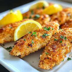 To make delicious lemon pepper chicken tenders, you need: - 1 lb chicken tenders - 1 teaspoon lemon zest - 2 tablespoons lemon juice - 1 teaspoon black pepper - 1 teaspoon garlic powder - 1 teaspoon onion powder - ½ teaspoon paprika - 1 cup breadcrumbs (panko for extra crunch) - ½ cup all-purpose flour - 2 large eggs, beaten - Salt to taste - Olive oil for frying These ingredients give the dish its juicy and zesty flavor. The chicken stays tender while the coating gets crispy. You can boost flavor with some add-ins. Consider: - Fresh herbs like parsley or thyme - A pinch of cayenne pepper for heat - Parmesan cheese mixed into the breadcrumbs These options add extra depth and make your dish stand out. Having the right tools makes cooking easier. For this recipe, gather: - Mixing bowls for marinating - Shallow dishes for dredging - A large skillet for frying - Tongs for handling the chicken - A meat thermometer to check doneness Using these tools helps you prepare the dish effectively and safely. Enjoy the process as much as the meal! {{ingredient_image_1}} First, grab a mixing bowl. In it, combine the lemon zest, lemon juice, black pepper, garlic powder, onion powder, paprika, and salt. Mix these ingredients well. This marinade gives the chicken its bright and zesty flavor. Make sure all the spices blend together nicely. Now, take your chicken tenders and place them in the marinade. Use your hands or a spoon to ensure each tender is fully coated. Cover the bowl with plastic wrap or a lid. Let the chicken marinate in the refrigerator for at least 30 minutes. For even more flavor, let it sit for up to 2 hours. The longer it marinates, the better it tastes. Next, set up your dredging station. Use three shallow dishes: one for flour, one for beaten eggs, and one for breadcrumbs. Start by taking a marinated chicken tender. First, coat it in flour. Shake off any excess flour. Then, dip it into the beaten eggs, ensuring it is well-covered. Finally, coat it with breadcrumbs, pressing gently to help them stick. This process builds layers of flavor and texture. Heat a good amount of olive oil in a large skillet over medium heat. Wait until the oil is hot before adding the chicken. Carefully add the breaded chicken tenders in batches. Do not overcrowd the pan, as this can make them soggy. Cook each side for about 4-5 minutes. Look for a golden brown color and an internal temperature of 165°F (75°C). Once cooked, transfer the tenders to a plate lined with paper towels. This helps absorb any excess oil and keeps them crispy. To get a crunchy coating, use panko breadcrumbs. They give a great texture. Press the breadcrumbs onto the chicken. This helps them stick better. Do not skip the flour and egg steps. They create a nice layer for the breadcrumbs to cling to. For even more crunch, fry the tenders in hot oil. This seals in the moisture and makes them crispy. Marinating the chicken is key for flavor. Aim for at least 30 minutes. If you have more time, go for 2 hours. The longer it sits, the richer the flavor. Use a covered bowl in the fridge to keep it fresh. This step makes your tenders juicy and full of lemony goodness. While olive oil is tasty, you can use other oils too. Canola oil is a good choice for frying. It has a high smoke point and tastes light. If you want less fat, try baking the tenders. Just spray them with a little oil. This way, you can still enjoy that great flavor with fewer calories. Pro Tips Marinate for Maximum Flavor: Allow the chicken tenders to marinate for at least 1 hour for the best flavor absorption. If time permits, marinating overnight is even better! Use Panko for Extra Crunch: For an even crunchier texture, opt for panko breadcrumbs instead of regular breadcrumbs. They provide a delightful crunch! Don't Overcrowd the Pan: Fry the chicken tenders in batches to ensure they cook evenly and achieve a perfect golden color. Overcrowding can lead to steaming rather than frying. Check for Doneness: Always use a meat thermometer to check that the internal temperature of the chicken reaches 165°F (75°C) for safe consumption. {{image_2}} If you want a healthier option, try baking the tenders. First, preheat your oven to 400°F (200°C). After marinating the chicken, coat the tenders just like before. Place them on a baking sheet lined with parchment paper. Spray them lightly with olive oil for a nice crisp. Bake for about 15-20 minutes until golden. This method keeps all the great lemon flavor while cutting down on oil. For a gluten-free version, swap out the all-purpose flour and breadcrumbs. Use almond flour or gluten-free flour for dredging. You can also find gluten-free breadcrumbs at most stores. This way, you can enjoy the same tasty lemon pepper chicken tenders without the gluten. Want to spice things up? Add a kick with cayenne pepper or chili powder. Mix this into your marinade for a spicy twist. You can also try adding herbs like oregano or thyme for a fresh taste. Adjusting the flavors makes it fun and keeps the dish exciting every time you make it! To keep your lemon pepper chicken tenders fresh, place them in an airtight container. Make sure they cool down to room temperature first. This helps prevent moisture buildup. Store them in your fridge for up to three days. If you have a lot left, consider dividing them into smaller portions. This makes it easy to grab a quick meal later. When you’re ready to enjoy your leftovers, preheat your oven to 350°F (175°C). Spread the chicken tenders on a baking sheet. Cover them with foil to keep them moist. Heat for about 15-20 minutes or until warmed through. You can also use a microwave, but they may lose some crispiness. Heat in 30-second bursts, flipping halfway through. If you want to save them for later, freezing is a great option. Let the chicken tenders cool completely. Wrap each tender in plastic wrap or aluminum foil. Then, place them in a freezer-safe bag. Squeeze out as much air as you can. They will stay fresh for about two to three months. When ready to eat, thaw them overnight in the fridge before reheating. Yes, you can use chicken breasts instead of tenders. Just cut them into strips. This will give you larger pieces. You may need to adjust the cooking time. Ensure they reach an internal temperature of 165°F (75°C). You can tell the chicken is done by checking its internal temperature. Use a meat thermometer to check. It should read 165°F (75°C). The chicken should also be golden brown outside. Cut into a piece to check if it’s no longer pink inside. Lemon pepper chicken tenders pair well with many sides. Here are some tasty options: - Steamed broccoli - Garlic mashed potatoes - Simple green salad - Rice pilaf - Roasted vegetables These sides will complement the flavors of the chicken nicely. Yes, you can prepare the chicken tenders ahead of time. Marinate them and coat them in breadcrumbs. Store them in the fridge for up to 24 hours. When ready to cook, just fry them as usual. You can also freeze them for later use. Just remember to thaw before cooking. In this article, I shared how to make lemon pepper chicken tenders. You learned about the key ingredients, marination, and cooking steps. I also discussed tips for a crunchy coating and different variations. Remember, you can store leftovers well and reheat them easily. Enjoy your tasty chicken tenders, and feel free to experiment with flavors. They are sure to impress with their zesty taste and crunchy texture. Keep cooking, and enjoy every bite!