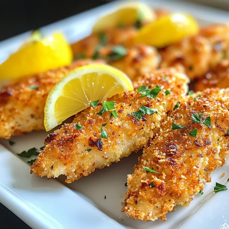 To make delicious lemon pepper chicken tenders, you need: - 1 lb chicken tenders - 1 teaspoon lemon zest - 2 tablespoons lemon juice - 1 teaspoon black pepper - 1 teaspoon garlic powder - 1 teaspoon onion powder - ½ teaspoon paprika - 1 cup breadcrumbs (panko for extra crunch) - ½ cup all-purpose flour - 2 large eggs, beaten - Salt to taste - Olive oil for frying These ingredients give the dish its juicy and zesty flavor. The chicken stays tender while the coating gets crispy. You can boost flavor with some add-ins. Consider: - Fresh herbs like parsley or thyme - A pinch of cayenne pepper for heat - Parmesan cheese mixed into the breadcrumbs These options add extra depth and make your dish stand out. Having the right tools makes cooking easier. For this recipe, gather: - Mixing bowls for marinating - Shallow dishes for dredging - A large skillet for frying - Tongs for handling the chicken - A meat thermometer to check doneness Using these tools helps you prepare the dish effectively and safely. Enjoy the process as much as the meal! {{ingredient_image_1}} First, grab a mixing bowl. In it, combine the lemon zest, lemon juice, black pepper, garlic powder, onion powder, paprika, and salt. Mix these ingredients well. This marinade gives the chicken its bright and zesty flavor. Make sure all the spices blend together nicely. Now, take your chicken tenders and place them in the marinade. Use your hands or a spoon to ensure each tender is fully coated. Cover the bowl with plastic wrap or a lid. Let the chicken marinate in the refrigerator for at least 30 minutes. For even more flavor, let it sit for up to 2 hours. The longer it marinates, the better it tastes. Next, set up your dredging station. Use three shallow dishes: one for flour, one for beaten eggs, and one for breadcrumbs. Start by taking a marinated chicken tender. First, coat it in flour. Shake off any excess flour. Then, dip it into the beaten eggs, ensuring it is well-covered. Finally, coat it with breadcrumbs, pressing gently to help them stick. This process builds layers of flavor and texture. Heat a good amount of olive oil in a large skillet over medium heat. Wait until the oil is hot before adding the chicken. Carefully add the breaded chicken tenders in batches. Do not overcrowd the pan, as this can make them soggy. Cook each side for about 4-5 minutes. Look for a golden brown color and an internal temperature of 165°F (75°C). Once cooked, transfer the tenders to a plate lined with paper towels. This helps absorb any excess oil and keeps them crispy. To get a crunchy coating, use panko breadcrumbs. They give a great texture. Press the breadcrumbs onto the chicken. This helps them stick better. Do not skip the flour and egg steps. They create a nice layer for the breadcrumbs to cling to. For even more crunch, fry the tenders in hot oil. This seals in the moisture and makes them crispy. Marinating the chicken is key for flavor. Aim for at least 30 minutes. If you have more time, go for 2 hours. The longer it sits, the richer the flavor. Use a covered bowl in the fridge to keep it fresh. This step makes your tenders juicy and full of lemony goodness. While olive oil is tasty, you can use other oils too. Canola oil is a good choice for frying. It has a high smoke point and tastes light. If you want less fat, try baking the tenders. Just spray them with a little oil. This way, you can still enjoy that great flavor with fewer calories. Pro Tips Marinate for Maximum Flavor: Allow the chicken tenders to marinate for at least 1 hour for the best flavor absorption. If time permits, marinating overnight is even better! Use Panko for Extra Crunch: For an even crunchier texture, opt for panko breadcrumbs instead of regular breadcrumbs. They provide a delightful crunch! Don't Overcrowd the Pan: Fry the chicken tenders in batches to ensure they cook evenly and achieve a perfect golden color. Overcrowding can lead to steaming rather than frying. Check for Doneness: Always use a meat thermometer to check that the internal temperature of the chicken reaches 165°F (75°C) for safe consumption. {{image_2}} If you want a healthier option, try baking the tenders. First, preheat your oven to 400°F (200°C). After marinating the chicken, coat the tenders just like before. Place them on a baking sheet lined with parchment paper. Spray them lightly with olive oil for a nice crisp. Bake for about 15-20 minutes until golden. This method keeps all the great lemon flavor while cutting down on oil. For a gluten-free version, swap out the all-purpose flour and breadcrumbs. Use almond flour or gluten-free flour for dredging. You can also find gluten-free breadcrumbs at most stores. This way, you can enjoy the same tasty lemon pepper chicken tenders without the gluten. Want to spice things up? Add a kick with cayenne pepper or chili powder. Mix this into your marinade for a spicy twist. You can also try adding herbs like oregano or thyme for a fresh taste. Adjusting the flavors makes it fun and keeps the dish exciting every time you make it! To keep your lemon pepper chicken tenders fresh, place them in an airtight container. Make sure they cool down to room temperature first. This helps prevent moisture buildup. Store them in your fridge for up to three days. If you have a lot left, consider dividing them into smaller portions. This makes it easy to grab a quick meal later. When you’re ready to enjoy your leftovers, preheat your oven to 350°F (175°C). Spread the chicken tenders on a baking sheet. Cover them with foil to keep them moist. Heat for about 15-20 minutes or until warmed through. You can also use a microwave, but they may lose some crispiness. Heat in 30-second bursts, flipping halfway through. If you want to save them for later, freezing is a great option. Let the chicken tenders cool completely. Wrap each tender in plastic wrap or aluminum foil. Then, place them in a freezer-safe bag. Squeeze out as much air as you can. They will stay fresh for about two to three months. When ready to eat, thaw them overnight in the fridge before reheating. Yes, you can use chicken breasts instead of tenders. Just cut them into strips. This will give you larger pieces. You may need to adjust the cooking time. Ensure they reach an internal temperature of 165°F (75°C). You can tell the chicken is done by checking its internal temperature. Use a meat thermometer to check. It should read 165°F (75°C). The chicken should also be golden brown outside. Cut into a piece to check if it’s no longer pink inside. Lemon pepper chicken tenders pair well with many sides. Here are some tasty options: - Steamed broccoli - Garlic mashed potatoes - Simple green salad - Rice pilaf - Roasted vegetables These sides will complement the flavors of the chicken nicely. Yes, you can prepare the chicken tenders ahead of time. Marinate them and coat them in breadcrumbs. Store them in the fridge for up to 24 hours. When ready to cook, just fry them as usual. You can also freeze them for later use. Just remember to thaw before cooking. In this article, I shared how to make lemon pepper chicken tenders. You learned about the key ingredients, marination, and cooking steps. I also discussed tips for a crunchy coating and different variations. Remember, you can store leftovers well and reheat them easily. Enjoy your tasty chicken tenders, and feel free to experiment with flavors. They are sure to impress with their zesty taste and crunchy texture. Keep cooking, and enjoy every bite!