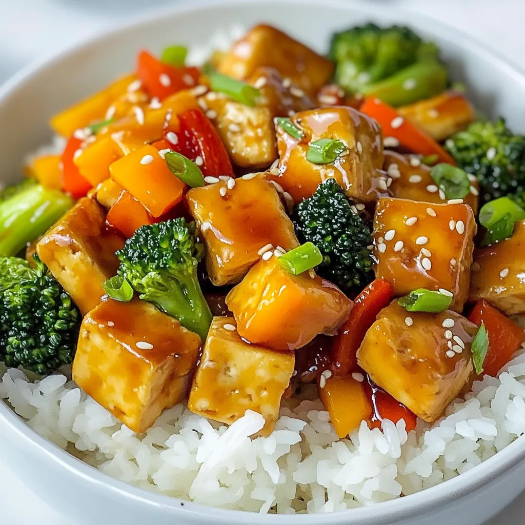 - 1 block (14 oz) firm tofu, drained and pressed - 2 cups broccoli florets - 1 bell pepper, sliced (any color) - 1 carrot, julienned - 3 green onions, chopped - 3 cloves garlic, minced - 1 inch ginger, grated For a tasty Teriyaki Tofu Stir Fry, firm tofu is key. It holds its shape well and soaks up flavors. Fresh vegetables add color and crunch. Broccoli brings nutrients, while bell pepper adds sweetness. Carrots offer a nice texture. Don't forget the aromatics! Garlic and ginger give you that classic stir-fry taste. Green onions bring a burst of fresh flavor. - 1/4 cup low-sodium soy sauce - 2 tablespoons brown sugar - 1 tablespoon rice vinegar - 1 tablespoon sesame oil The teriyaki sauce is simple yet delicious. Low-sodium soy sauce keeps it healthier. Brown sugar adds a touch of sweetness. Rice vinegar brightens the flavor. Lastly, sesame oil gives a nutty richness to the sauce. This combo makes your stir fry shine. - Sesame seeds - Extra green onions Garnishes make your dish pop! Sesame seeds add crunch and a nutty taste. Extra green onions offer freshness and color. These small touches can elevate your meal to a whole new level. {{ingredient_image_1}} Cutting and Pressing Tofu Start with a block of firm tofu. Drain it and press it well. This helps remove extra water. Cut the tofu into bite-sized cubes. Coating with Cornstarch Take 1 tablespoon of cornstarch. Toss the tofu cubes in it until they are well coated. This will give your tofu a nice crunch when cooked. Heating the Oil In a large skillet or wok, heat 1 tablespoon of vegetable oil over medium-high heat. Make sure the oil is hot before adding the tofu. Browning the Tofu Add the tofu cubes to the hot oil. Cook them for about 8-10 minutes. Turn them until they are golden brown on all sides. Once done, remove the tofu from the skillet and set it aside. Cooking Aromatics In the same skillet, add another tablespoon of vegetable oil. Add the minced garlic and grated ginger. Cook for about 30 seconds. This will make your kitchen smell amazing! Adding and Cooking Vegetables Now, add the broccoli florets, bell pepper slices, and julienned carrot. Stir-fry these for about 5-6 minutes. You want them to be tender but still crisp. Whisking Sauce Ingredients In a small bowl, combine 1/4 cup of low-sodium soy sauce, 2 tablespoons of brown sugar, 1 tablespoon of rice vinegar, and 1 tablespoon of sesame oil. Whisk these together until the sugar dissolves. Returning Tofu to Skillet Once the vegetables are cooked, return the browned tofu to the skillet. Mixing with Teriyaki Sauce and Cooking Pour the teriyaki sauce over the tofu and veggies. Stir gently to coat everything evenly. Cook for another 2-3 minutes. This allows the sauce to thicken a bit. Now, your stir fry is almost ready to serve! Importance of Pressing Tofu Pressing tofu is key for great texture. It removes water and helps tofu absorb flavors. Wrap the tofu in a clean dish towel. Place a heavy object on top for at least 30 minutes. This step makes a big difference in taste and texture. Using Cornstarch for Crispiness Coating tofu with cornstarch adds crunch. Toss the pressed tofu cubes in cornstarch before cooking. This creates a crispy layer when you fry it. The cornstarch helps the tofu hold sauce better too. You will enjoy the contrast of textures in each bite. Adding More Spices To boost flavor, feel free to add spices. Try red pepper flakes for heat. A sprinkle of black pepper adds warmth. You can also use sesame seeds for a nutty flavor. Experiment and find what you like best. Tips for Customizing Vegetables You can swap vegetables based on your taste. Snow peas, bell peppers, and zucchini work well. Just make sure to cut them into similar sizes. This helps them cook evenly. Use what you love or what is in season for the best taste. Best Accompaniments: Rice or Quinoa Serve this stir fry over rice or quinoa. Both options soak up the teriyaki sauce well. Jasmine rice adds a nice fragrance. Quinoa gives a nutty taste and is packed with protein. Choose what fits your meal best. Plating Techniques for Presentation To make your dish pop, use colorful plates. Layer the rice or quinoa first, then add the stir fry on top. Garnish with extra green onions and sesame seeds. A sprinkle of vibrant colors makes the dish look inviting. Enjoy the beauty on your plate as much as the taste! Pro Tips Perfectly Pressed Tofu: Ensure your tofu is well-pressed to remove excess moisture. This helps achieve a crispier texture when frying. Customize Your Vegetables: Feel free to swap in your favorite vegetables like snap peas, mushrooms, or zucchini for added flavor and nutrition. Teriyaki Sauce Variations: Experiment with different ingredients in your teriyaki sauce, such as adding a splash of orange juice for a citrusy twist. Serving Suggestions: For a complete meal, serve this stir fry over steamed jasmine rice or quinoa, and consider adding some toasted nuts for extra crunch. {{image_2}} You can swap tofu for tempeh or chicken. Tempeh offers a nutty taste and adds protein. It cooks quickly and absorbs flavors well. If you prefer chicken, use boneless pieces. Cook the chicken until no longer pink. Then, follow the same steps for the stir fry. For a vegetarian or vegan boost, add more plant-based veggies. Try snap peas, mushrooms, or zucchini. Each adds unique flavors and colors. Feel free to mix in seasonal vegetables too. This way, you keep the dish fresh and exciting. You can create a sweet and spicy teriyaki version. Just add chili flakes or sriracha to the sauce. This gives a nice kick. For a gluten-free option, use tamari instead of soy sauce. It tastes great and keeps the dish healthy. For the best taste, store your leftover Teriyaki Tofu Stir Fry in an airtight container. This keeps it fresh. Let it cool to room temperature before sealing. It stays good in the fridge for up to three days. When you're ready to eat, just heat it up. You can freeze this dish for later meals. First, allow it to cool completely. Then, place it in a freezer-safe container or bag. Make sure to remove as much air as possible. It can last up to three months in the freezer. Label the container with the date. This helps you remember when to use it. Reheating is easy and quick. You can use a microwave or a skillet. For the microwave, heat in short bursts. Stir after each burst to avoid hot spots. If using a skillet, add a splash of water to keep it moist. Heat on medium until warmed through. Enjoy your stir fry just like the first time! You can use tempeh or seitan instead of tofu. Both options have a nice texture. If you prefer meat, chicken or shrimp also work well. Yes, frozen vegetables are great for stir fry. They cook quickly and save time. Just make sure to thaw them first for best results. The stir fry stays fresh for about 3 to 4 days in the fridge. Store it in an airtight container to keep it tasty. Regular teriyaki sauce often contains soy sauce, which has gluten. You can find gluten-free soy sauce to make a gluten-free teriyaki sauce. Yes, you can prepare the stir fry a day ahead. Just store it in the fridge. Reheat it before serving for the best flavor. In this post, I shared how to make a tasty teriyaki tofu stir fry. You learned about essential ingredients like firm tofu, fresh veggies, and teriyaki sauce components. I provided simple step-by-step instructions and handy tips for perfecting texture and enhancing flavor. Remember, customizing your dish can lead to new favorites. This recipe is not only healthy but also fun to make. Keep it in mind for busy nights or tasty meal prep. Enjoy your cooking adventure!