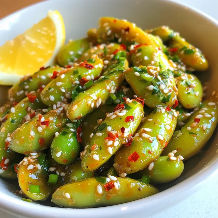 - 2 cups edamame in pods (fresh or frozen) - 3 tablespoons olive oil - 4 cloves garlic, minced - 1 teaspoon red chili flakes (adjust to taste) - 1 tablespoon soy sauce - 1 tablespoon fresh lemon juice - 1 teaspoon sesame oil - Salt to taste - 1 tablespoon sesame seeds (for garnish) You can swap fresh edamame for frozen if needed. Both work well. Instead of olive oil, you can use avocado oil for a different taste. Want less heat? Use fewer red chili flakes or leave them out. Coconut aminos can replace soy sauce for a gluten-free option. If you want a citrus twist, lime juice works too. Edamame offers many health perks. It's high in protein, making it great for plant-based diets. It also has fiber, which aids digestion. Edamame is rich in vitamins and minerals like folate and vitamin K. Eating it can help lower cholesterol and support heart health. Plus, it’s a fun snack to eat right from the pod! {{ingredient_image_1}} To start, you need to prepare the edamame. If you have frozen edamame, bring a pot of salted water to a boil. Add 2 cups of the edamame pods and cook for about 5 minutes. You want them tender but not mushy. After cooking, drain the edamame and set it aside to cool. Now, let’s move to the stove. In a large skillet, heat 3 tablespoons of olive oil over medium heat. Once the oil is hot, add 4 cloves of minced garlic. Sauté the garlic for 1 to 2 minutes until it smells great, but do not let it brown. Next, sprinkle in 1 teaspoon of red chili flakes. Stir and cook this for an additional 30 seconds to bring out the spice. Once the garlic and chili mix is ready, add the cooked edamame to the skillet. Toss it well so the edamame gets coated in the garlic and chili mix. Drizzle in 1 tablespoon of soy sauce, 1 tablespoon of fresh lemon juice, and 1 teaspoon of sesame oil. Toss everything together until the edamame is well coated. Sauté for another 2 to 3 minutes to let the flavors blend nicely. Taste the edamame and add salt if needed. After that, remove the skillet from heat. For a nice touch, sprinkle 1 tablespoon of sesame seeds on top for garnish. Serve the edamame warm in a stylish bowl. Arrange the pods facing up for a beautiful presentation. You can even add lemon wedges and some extra chili flakes for color and spice! Enjoy this quick and flavorful snack! To boost the flavor of your spicy garlic edamame, use fresh garlic. Fresh garlic gives a stronger taste than jarred. You can also try adding more chili flakes for extra heat. If you want a unique twist, mix in a dash of smoked paprika. This adds a smoky depth that pairs well with the garlic. One common mistake is overcooking the garlic. If garlic turns brown, it tastes bitter. Keep an eye on it and stir often. Another mistake is not seasoning enough. Taste your edamame as you go. Adjust the salt, soy sauce, and lemon juice to suit your taste. Lastly, don’t skip the sesame seeds. They add crunch and flavor that make your dish shine. Serve your edamame in a stylish bowl. Arrange the pods facing up to show off their bright green color. Add a few lemon wedges on the side for a pop of color. You can also sprinkle extra chili flakes on top for a spicy look. This not only makes your dish look great but also invites others to dig in! Pro Tips Fresh vs. Frozen: Using fresh edamame will enhance the flavor and texture, but frozen is a convenient alternative that saves time and still tastes great. Adjusting Spice Levels: Feel free to modify the amount of chili flakes according to your heat preference. Start with less, as you can always add more later! Garnishing: For an extra flair, consider adding sliced scallions or a drizzle of sriracha on top before serving for additional color and flavor. Perfecting the Sauté: Make sure not to brown the garlic; it should be fragrant but pale. This keeps the flavor fresh and vibrant without bitterness. {{image_2}} You can easily switch up the flavors in spicy garlic edamame. For a sweeter touch, add a drizzle of honey or maple syrup. This will balance the heat from the chili flakes. If you love a tangy flavor, squeeze in some lime juice instead of lemon. You can even toss in some chopped scallions for a fresh crunch. Experiment with different spices to make this dish your own. Try adding smoked paprika for a rich, smoky taste. You can also mix in a pinch of cumin for a warm, earthy flavor. If you want a kick, add more red chili flakes or use a spicy chili oil. Serve your spicy garlic edamame as an appetizer or snack. Pair it with rice or quinoa for a light meal. You can also offer it alongside sushi or grilled meats for a delicious side dish. For a fun twist, serve it in a bowl with some crunchy vegetables. This will add color and texture to your plate. After enjoying your spicy garlic edamame, you may have some left. To store it, first, let it cool to room temperature. Then, place the edamame in an airtight container. This keeps it fresh and prevents drying out. You can keep it in the fridge for up to three days. If you want to enjoy it later, follow the freezing tips below. When you're ready to eat your leftover edamame, reheating is simple. You can microwave it for about 30 seconds. Stir it halfway through to heat evenly. If you prefer, you can also sauté it in a pan over medium heat. Just add a splash of oil to keep it moist. This way, you get that fresh flavor back! Freezing is a great option if you want to save your edamame for a longer time. To freeze, first, cook your edamame as you would for the recipe. Once it's cooled, spread it on a baking sheet in a single layer. This prevents clumping. Place the sheet in the freezer for about an hour. When frozen, transfer the edamame to a freezer bag. You can keep it frozen for up to three months. Whenever you want some, just cook it straight from the freezer! Yes, you can use frozen edamame. Just boil them first. Bring a pot of salted water to a boil. Add the frozen edamame pods and cook for about 5 minutes. They will become tender and ready to blend with the spicy mix. I love using frozen edamame because it saves time. They still taste great and are very easy to find. Spicy Garlic Edamame makes a great snack or appetizer. You can pair it with rice or noodles for a full meal. It also goes well with sushi or grilled meats. If you want a light meal, try it with a salad. The flavors of the edamame work well with many dishes, adding fun spice and crunch. The spiciness level is adjustable. This recipe uses 1 teaspoon of red chili flakes. If you like it hot, add more flakes. If you prefer less spice, use half a teaspoon. Always taste as you go. This way, you can make it just right for your taste buds. The garlic adds a nice kick without being too hot. Edamame is a tasty and healthy treat. We covered its key ingredients, cooking steps, and flavor tips. You learned how to enhance your dish and avoid common mistakes. Remember to explore fun variations and serve it well. Proper storage lets you enjoy leftovers easily. With these ideas, you can make great edamame dishes at home. Enjoy your cooking adventure!