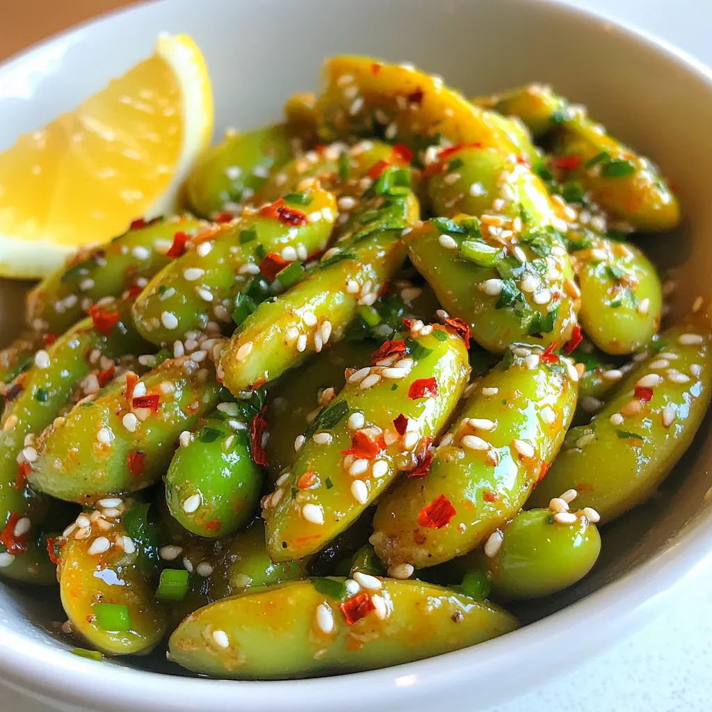 - 2 cups edamame in pods (fresh or frozen) - 3 tablespoons olive oil - 4 cloves garlic, minced - 1 teaspoon red chili flakes (adjust to taste) - 1 tablespoon soy sauce - 1 tablespoon fresh lemon juice - 1 teaspoon sesame oil - Salt to taste - 1 tablespoon sesame seeds (for garnish) You can swap fresh edamame for frozen if needed. Both work well. Instead of olive oil, you can use avocado oil for a different taste. Want less heat? Use fewer red chili flakes or leave them out. Coconut aminos can replace soy sauce for a gluten-free option. If you want a citrus twist, lime juice works too. Edamame offers many health perks. It's high in protein, making it great for plant-based diets. It also has fiber, which aids digestion. Edamame is rich in vitamins and minerals like folate and vitamin K. Eating it can help lower cholesterol and support heart health. Plus, it’s a fun snack to eat right from the pod! {{ingredient_image_1}} To start, you need to prepare the edamame. If you have frozen edamame, bring a pot of salted water to a boil. Add 2 cups of the edamame pods and cook for about 5 minutes. You want them tender but not mushy. After cooking, drain the edamame and set it aside to cool. Now, let’s move to the stove. In a large skillet, heat 3 tablespoons of olive oil over medium heat. Once the oil is hot, add 4 cloves of minced garlic. Sauté the garlic for 1 to 2 minutes until it smells great, but do not let it brown. Next, sprinkle in 1 teaspoon of red chili flakes. Stir and cook this for an additional 30 seconds to bring out the spice. Once the garlic and chili mix is ready, add the cooked edamame to the skillet. Toss it well so the edamame gets coated in the garlic and chili mix. Drizzle in 1 tablespoon of soy sauce, 1 tablespoon of fresh lemon juice, and 1 teaspoon of sesame oil. Toss everything together until the edamame is well coated. Sauté for another 2 to 3 minutes to let the flavors blend nicely. Taste the edamame and add salt if needed. After that, remove the skillet from heat. For a nice touch, sprinkle 1 tablespoon of sesame seeds on top for garnish. Serve the edamame warm in a stylish bowl. Arrange the pods facing up for a beautiful presentation. You can even add lemon wedges and some extra chili flakes for color and spice! Enjoy this quick and flavorful snack! To boost the flavor of your spicy garlic edamame, use fresh garlic. Fresh garlic gives a stronger taste than jarred. You can also try adding more chili flakes for extra heat. If you want a unique twist, mix in a dash of smoked paprika. This adds a smoky depth that pairs well with the garlic. One common mistake is overcooking the garlic. If garlic turns brown, it tastes bitter. Keep an eye on it and stir often. Another mistake is not seasoning enough. Taste your edamame as you go. Adjust the salt, soy sauce, and lemon juice to suit your taste. Lastly, don’t skip the sesame seeds. They add crunch and flavor that make your dish shine. Serve your edamame in a stylish bowl. Arrange the pods facing up to show off their bright green color. Add a few lemon wedges on the side for a pop of color. You can also sprinkle extra chili flakes on top for a spicy look. This not only makes your dish look great but also invites others to dig in! Pro Tips Fresh vs. Frozen: Using fresh edamame will enhance the flavor and texture, but frozen is a convenient alternative that saves time and still tastes great. Adjusting Spice Levels: Feel free to modify the amount of chili flakes according to your heat preference. Start with less, as you can always add more later! Garnishing: For an extra flair, consider adding sliced scallions or a drizzle of sriracha on top before serving for additional color and flavor. Perfecting the Sauté: Make sure not to brown the garlic; it should be fragrant but pale. This keeps the flavor fresh and vibrant without bitterness. {{image_2}} You can easily switch up the flavors in spicy garlic edamame. For a sweeter touch, add a drizzle of honey or maple syrup. This will balance the heat from the chili flakes. If you love a tangy flavor, squeeze in some lime juice instead of lemon. You can even toss in some chopped scallions for a fresh crunch. Experiment with different spices to make this dish your own. Try adding smoked paprika for a rich, smoky taste. You can also mix in a pinch of cumin for a warm, earthy flavor. If you want a kick, add more red chili flakes or use a spicy chili oil. Serve your spicy garlic edamame as an appetizer or snack. Pair it with rice or quinoa for a light meal. You can also offer it alongside sushi or grilled meats for a delicious side dish. For a fun twist, serve it in a bowl with some crunchy vegetables. This will add color and texture to your plate. After enjoying your spicy garlic edamame, you may have some left. To store it, first, let it cool to room temperature. Then, place the edamame in an airtight container. This keeps it fresh and prevents drying out. You can keep it in the fridge for up to three days. If you want to enjoy it later, follow the freezing tips below. When you're ready to eat your leftover edamame, reheating is simple. You can microwave it for about 30 seconds. Stir it halfway through to heat evenly. If you prefer, you can also sauté it in a pan over medium heat. Just add a splash of oil to keep it moist. This way, you get that fresh flavor back! Freezing is a great option if you want to save your edamame for a longer time. To freeze, first, cook your edamame as you would for the recipe. Once it's cooled, spread it on a baking sheet in a single layer. This prevents clumping. Place the sheet in the freezer for about an hour. When frozen, transfer the edamame to a freezer bag. You can keep it frozen for up to three months. Whenever you want some, just cook it straight from the freezer! Yes, you can use frozen edamame. Just boil them first. Bring a pot of salted water to a boil. Add the frozen edamame pods and cook for about 5 minutes. They will become tender and ready to blend with the spicy mix. I love using frozen edamame because it saves time. They still taste great and are very easy to find. Spicy Garlic Edamame makes a great snack or appetizer. You can pair it with rice or noodles for a full meal. It also goes well with sushi or grilled meats. If you want a light meal, try it with a salad. The flavors of the edamame work well with many dishes, adding fun spice and crunch. The spiciness level is adjustable. This recipe uses 1 teaspoon of red chili flakes. If you like it hot, add more flakes. If you prefer less spice, use half a teaspoon. Always taste as you go. This way, you can make it just right for your taste buds. The garlic adds a nice kick without being too hot. Edamame is a tasty and healthy treat. We covered its key ingredients, cooking steps, and flavor tips. You learned how to enhance your dish and avoid common mistakes. Remember to explore fun variations and serve it well. Proper storage lets you enjoy leftovers easily. With these ideas, you can make great edamame dishes at home. Enjoy your cooking adventure!