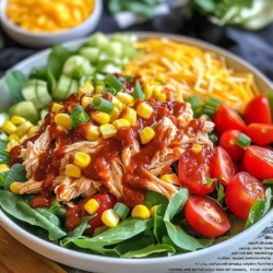 - 2 cups cooked chicken breast, shredded - 4 cups mixed salad greens (romaine, spinach, arugula) - 1 cup cherry tomatoes, halved - 1 cup corn kernels (fresh, canned, or frozen) - 1 red bell pepper, diced - Β½ cup shredded cheddar cheese - Β½ cup BBQ sauce - Β½ cup ranch dressing - ΒΌ cup green onions, sliced - Salt and pepper to taste - Optional: Tortilla strips for garnish To make a BBQ Ranch Chicken Salad, gather these fresh ingredients. Start with cooked chicken. You can use rotisserie chicken or cook it at home. Shred the chicken into bite-sized pieces. This makes it easy to mix with other flavors. Next, choose your salad greens. I love a mix of romaine, spinach, and arugula. This blend gives a nice crunch and flavor. Then, add halved cherry tomatoes for sweetness. They add color too! Corn kernels are next. You can use fresh, canned, or frozen. They bring a nice pop to the salad. Diced red bell pepper adds a sweet crunch. It gives a lovely color contrast too. Donβt forget cheese! Shredded cheddar cheese adds creaminess to the dish. For the dressings, you need BBQ sauce and ranch dressing. They balance each other well. Finally, add sliced green onions for a bit of sharpness. Remember to season with salt and pepper. You can also add tortilla strips for crunch on top. These ingredients come together for a tasty and colorful salad. {{ingredient_image_1}} First, take 2 cups of shredded chicken breast. In a large mixing bowl, add Β½ cup of BBQ sauce. Mix the chicken and sauce well. Make sure every piece of chicken gets coated evenly. This step adds flavor to your salad. Now, grab another large bowl. Start with 4 cups of mixed salad greens as your base. I like to use romaine, spinach, and arugula for a crunchy mix. Next, scatter 1 cup of halved cherry tomatoes, 1 cup of corn, and 1 diced red bell pepper over the greens. Then, gently add the BBQ chicken on top of the salad mix. This layering makes the salad colorful and tasty. Drizzle Β½ cup of ranch dressing over the salad. Toss everything gently to mix, but be careful not to crush the greens. Now, sprinkle Β½ cup of shredded cheddar cheese and the remaining green onions on top. For an extra crunch, add tortilla strips just before serving. This adds flavor and texture, making your BBQ Ranch Chicken Salad a feast for your eyes and your taste buds! When it comes to BBQ sauces, choose your favorite! A sweet sauce gives a nice flavor. A smoky one adds depth. Brands like Sweet Baby Ray's and Stubbs are popular choices. For ranch dressing, try a homemade version for the best taste. You can mix buttermilk, mayo, and ranch spices. This adds a fresh twist to your salad. Use large bowls or plates for serving. This way, everyone can see the colorful layers. Arrange the BBQ chicken in the center. Scatter cherry tomatoes and corn around for a beautiful look. Garnish with tortilla strips for a fun crunch. This adds a nice touch and makes the salad more inviting. Get creative with add-ins! You can toss in avocado slices for creaminess. Black beans add protein and fiber. For a spicy kick, consider sliced jalapeΓ±os. If you have dietary needs, feel free to swap the chicken. Use turkey or even tofu for a vegetarian option. This salad is flexible, so make it your own! Pro Tips Use Rotisserie Chicken: For a quicker preparation, consider using store-bought rotisserie chicken. It saves time and adds rich flavor to your salad. Customize Your Greens: Feel free to mix different types of greens or add other favorites like kale or mixed baby greens for added texture and nutrients. Make It Spicy: If you enjoy a kick, add some sliced jalapeΓ±os or a sprinkle of cayenne pepper to the chicken mixture before combining. Chill Before Serving: Let the salad sit in the refrigerator for about 10 minutes before serving. This allows the flavors to meld together beautifully. {{image_2}} You can switch the chicken for turkey or tofu. Both options work well in this salad. Turkey will give a similar taste while being leaner. Tofu offers a great vegetarian choice. Choose firm tofu for a better texture. Press it to remove extra water, then cube and toss it in BBQ sauce. Try different dressings and sauces to change the taste. A honey mustard dressing can add sweetness. You can also use a spicy ranch for a kick. Seasonal veggies can enhance the flavor too. In summer, add fresh cucumbers or bell peppers. In fall, try roasted squash or beets for warmth and color. Add crunchy toppings for fun textures. Tortilla strips give a nice crunch. You can also use nuts like almonds or sunflower seeds. Fruits can add sweetness and moisture. Diced apples or sliced strawberries work great. They balance the savory flavors and make your salad pop! To store your BBQ ranch chicken salad, use a clean, airtight container. This keeps the salad fresh and safe. Place the salad in the fridge right away. Avoid leaving it out for too long. - If you have leftover dressing, store it separately. This helps keep the greens crisp. - Layer the ingredients in the container, with the chicken and veggies on top. You wonβt need to reheat this salad, but you can if you want warm chicken. To keep the flavor and texture, heat the chicken gently. - Place the chicken in a microwave-safe dish. Heat it in short bursts. This way, it warms through without drying out. - Before serving, toss the fresh salad ingredients. This keeps them crunchy and bright. You can enjoy your BBQ ranch chicken salad for up to three days in the fridge. - Look for signs of spoilage like wilting greens or an off odor. - If the salad looks soggy or smells bad, itβs time to toss it. Always trust your senses for freshness! Yes, you can use store-bought ingredients for this salad. Pre-cooked chicken is a great time-saver. Look for rotisserie chicken at your local store. Itβs tasty and ready to go. Many brands offer BBQ sauce and ranch dressing, too. Choose your favorite flavors for a quick meal. Making this salad ahead is easy. Prepare the chicken and mix it with BBQ sauce. Store it in the fridge. Wash and chop the veggies, then keep them separate. When you are ready to eat, just toss everything together. This keeps the greens fresh and crunchy. You can also make the salad without dressing and add it just before serving. This salad can be a healthy choice! It has lean chicken, fresh veggies, and healthy fats from the dressing. You get protein from the chicken and vitamins from the greens. Each serving has about 300 calories, depending on the toppings. You can make it healthier by using low-fat dressing or adding more vegetables. Enjoy this meal without guilt! This blog post offered a simple recipe for BBQ Ranch Chicken Salad. We covered ingredients, step-by-step instructions, and helpful tips. You now know how to enhance flavors and customize the salad to your taste. Serving suggestions make it easy to impress at any meal. Lastly, we discussed storage and reheating tips to enjoy leftovers safely. I hope you feel inspired to try this recipe and make it your own. Enjoy creating delicious meals!