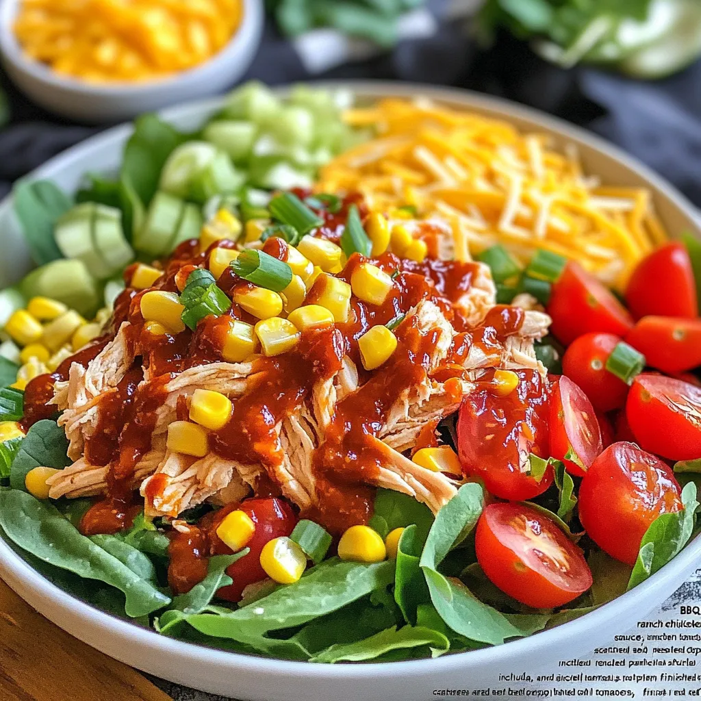- 2 cups cooked chicken breast, shredded - 4 cups mixed salad greens (romaine, spinach, arugula) - 1 cup cherry tomatoes, halved - 1 cup corn kernels (fresh, canned, or frozen) - 1 red bell pepper, diced - ½ cup shredded cheddar cheese - ½ cup BBQ sauce - ½ cup ranch dressing - ¼ cup green onions, sliced - Salt and pepper to taste - Optional: Tortilla strips for garnish To make a BBQ Ranch Chicken Salad, gather these fresh ingredients. Start with cooked chicken. You can use rotisserie chicken or cook it at home. Shred the chicken into bite-sized pieces. This makes it easy to mix with other flavors. Next, choose your salad greens. I love a mix of romaine, spinach, and arugula. This blend gives a nice crunch and flavor. Then, add halved cherry tomatoes for sweetness. They add color too! Corn kernels are next. You can use fresh, canned, or frozen. They bring a nice pop to the salad. Diced red bell pepper adds a sweet crunch. It gives a lovely color contrast too. Don’t forget cheese! Shredded cheddar cheese adds creaminess to the dish. For the dressings, you need BBQ sauce and ranch dressing. They balance each other well. Finally, add sliced green onions for a bit of sharpness. Remember to season with salt and pepper. You can also add tortilla strips for crunch on top. These ingredients come together for a tasty and colorful salad. {{ingredient_image_1}} First, take 2 cups of shredded chicken breast. In a large mixing bowl, add ½ cup of BBQ sauce. Mix the chicken and sauce well. Make sure every piece of chicken gets coated evenly. This step adds flavor to your salad. Now, grab another large bowl. Start with 4 cups of mixed salad greens as your base. I like to use romaine, spinach, and arugula for a crunchy mix. Next, scatter 1 cup of halved cherry tomatoes, 1 cup of corn, and 1 diced red bell pepper over the greens. Then, gently add the BBQ chicken on top of the salad mix. This layering makes the salad colorful and tasty. Drizzle ½ cup of ranch dressing over the salad. Toss everything gently to mix, but be careful not to crush the greens. Now, sprinkle ½ cup of shredded cheddar cheese and the remaining green onions on top. For an extra crunch, add tortilla strips just before serving. This adds flavor and texture, making your BBQ Ranch Chicken Salad a feast for your eyes and your taste buds! When it comes to BBQ sauces, choose your favorite! A sweet sauce gives a nice flavor. A smoky one adds depth. Brands like Sweet Baby Ray's and Stubbs are popular choices. For ranch dressing, try a homemade version for the best taste. You can mix buttermilk, mayo, and ranch spices. This adds a fresh twist to your salad. Use large bowls or plates for serving. This way, everyone can see the colorful layers. Arrange the BBQ chicken in the center. Scatter cherry tomatoes and corn around for a beautiful look. Garnish with tortilla strips for a fun crunch. This adds a nice touch and makes the salad more inviting. Get creative with add-ins! You can toss in avocado slices for creaminess. Black beans add protein and fiber. For a spicy kick, consider sliced jalapeños. If you have dietary needs, feel free to swap the chicken. Use turkey or even tofu for a vegetarian option. This salad is flexible, so make it your own! Pro Tips Use Rotisserie Chicken: For a quicker preparation, consider using store-bought rotisserie chicken. It saves time and adds rich flavor to your salad. Customize Your Greens: Feel free to mix different types of greens or add other favorites like kale or mixed baby greens for added texture and nutrients. Make It Spicy: If you enjoy a kick, add some sliced jalapeños or a sprinkle of cayenne pepper to the chicken mixture before combining. Chill Before Serving: Let the salad sit in the refrigerator for about 10 minutes before serving. This allows the flavors to meld together beautifully. {{image_2}} You can switch the chicken for turkey or tofu. Both options work well in this salad. Turkey will give a similar taste while being leaner. Tofu offers a great vegetarian choice. Choose firm tofu for a better texture. Press it to remove extra water, then cube and toss it in BBQ sauce. Try different dressings and sauces to change the taste. A honey mustard dressing can add sweetness. You can also use a spicy ranch for a kick. Seasonal veggies can enhance the flavor too. In summer, add fresh cucumbers or bell peppers. In fall, try roasted squash or beets for warmth and color. Add crunchy toppings for fun textures. Tortilla strips give a nice crunch. You can also use nuts like almonds or sunflower seeds. Fruits can add sweetness and moisture. Diced apples or sliced strawberries work great. They balance the savory flavors and make your salad pop! To store your BBQ ranch chicken salad, use a clean, airtight container. This keeps the salad fresh and safe. Place the salad in the fridge right away. Avoid leaving it out for too long. - If you have leftover dressing, store it separately. This helps keep the greens crisp. - Layer the ingredients in the container, with the chicken and veggies on top. You won’t need to reheat this salad, but you can if you want warm chicken. To keep the flavor and texture, heat the chicken gently. - Place the chicken in a microwave-safe dish. Heat it in short bursts. This way, it warms through without drying out. - Before serving, toss the fresh salad ingredients. This keeps them crunchy and bright. You can enjoy your BBQ ranch chicken salad for up to three days in the fridge. - Look for signs of spoilage like wilting greens or an off odor. - If the salad looks soggy or smells bad, it’s time to toss it. Always trust your senses for freshness! Yes, you can use store-bought ingredients for this salad. Pre-cooked chicken is a great time-saver. Look for rotisserie chicken at your local store. It’s tasty and ready to go. Many brands offer BBQ sauce and ranch dressing, too. Choose your favorite flavors for a quick meal. Making this salad ahead is easy. Prepare the chicken and mix it with BBQ sauce. Store it in the fridge. Wash and chop the veggies, then keep them separate. When you are ready to eat, just toss everything together. This keeps the greens fresh and crunchy. You can also make the salad without dressing and add it just before serving. This salad can be a healthy choice! It has lean chicken, fresh veggies, and healthy fats from the dressing. You get protein from the chicken and vitamins from the greens. Each serving has about 300 calories, depending on the toppings. You can make it healthier by using low-fat dressing or adding more vegetables. Enjoy this meal without guilt! This blog post offered a simple recipe for BBQ Ranch Chicken Salad. We covered ingredients, step-by-step instructions, and helpful tips. You now know how to enhance flavors and customize the salad to your taste. Serving suggestions make it easy to impress at any meal. Lastly, we discussed storage and reheating tips to enjoy leftovers safely. I hope you feel inspired to try this recipe and make it your own. Enjoy creating delicious meals!