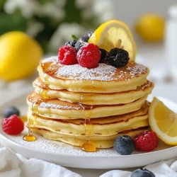 To make these lemon ricotta pancakes, gather these simple items: - 1 cup ricotta cheese - 2 large eggs - 1/4 cup milk - Zest of 1 lemon - 2 tablespoons fresh lemon juice - 1 cup all-purpose flour - 2 tablespoons sugar - 1 teaspoon baking powder - 1/2 teaspoon baking soda - 1/4 teaspoon salt - Butter or oil for cooking If you need alternatives, here are some good options: - Substitute cottage cheese for ricotta cheese for a lower-fat choice. - Use almond milk instead of regular milk for a dairy-free option. - Replace all-purpose flour with oat flour for a gluten-free version. - For a sugar-free recipe, use a sugar substitute like stevia. Each serving of these pancakes will fuel your day. Here’s what you get per serving: - Calories: 240 - Protein: 10g - Carbohydrates: 30g - Fat: 10g - Fiber: 1g - Sugar: 3g This dish offers a good mix of protein and carbs. Enjoy these pancakes with fresh fruit to add vitamins and minerals! {{ingredient_image_1}} To make lemon ricotta pancakes, gather all your ingredients first. This makes cooking smooth and quick. You will need ricotta cheese, eggs, milk, lemon zest, lemon juice, flour, sugar, baking powder, baking soda, and salt. 1. Start by mixing the ricotta cheese, eggs, milk, lemon zest, and lemon juice in a large bowl. Whisk it until smooth. 2. In another bowl, combine the flour, sugar, baking powder, baking soda, and salt. Mix them until they are well blended. 3. Slowly add the dry mix to the wet mix. Stir gently. It’s fine if some lumps remain; do not overmix. 4. Heat a non-stick skillet over medium heat. Lightly grease it with butter or oil. 5. Pour about 1/4 cup of batter for each pancake onto the skillet. Cook until bubbles form, which takes about 2-3 minutes. 6. Flip the pancakes once the edges look set. Cook for another 2-3 minutes until they turn golden brown. 7. Repeat this process with the remaining batter, greasing the pan as needed. To get fluffy pancakes, make sure not to overmix the batter. A few lumps are okay. Let the batter rest for a few minutes before cooking. This helps the pancakes rise well. Cook them on a medium heat; too high can burn the outside while leaving the inside raw. Serve immediately for the best taste. When making lemon ricotta pancakes, keep these tips in mind: - Overmixing the batter: This makes the pancakes tough. Stir gently. - Not preheating the pan: A hot pan helps the pancakes rise well. - Using too much oil or butter: It can make the pancakes greasy instead of fluffy. - Skipping the lemon zest: This adds a bright flavor that makes these pancakes special. To get your lemon ricotta pancakes fluffy, follow these steps: 1. Mix ricotta, eggs, and milk until smooth. This forms a creamy base. 2. Combine dry ingredients in another bowl. This keeps the baking powder and soda evenly spread. 3. Gently fold the dry mix into the wet mix. Leave a few lumps for fluffiness. 4. Cook on medium heat. Look for bubbles forming on top before flipping. This shows they are ready. Lemon ricotta pancakes are great on their own, but you can make them even better: - Top with powdered sugar: This adds sweetness without overpowering the lemon. - Fresh berries: Strawberries or blueberries add color and flavor. - Drizzle with honey or maple syrup: This adds a nice touch of sweetness. - Serve with a lemon wedge: A squeeze of lemon juice enhances the flavor. Pro Tips Use Fresh Ingredients: Always opt for fresh ricotta and lemons to enhance the flavor of your pancakes. Don’t Overmix: Mix the batter until just combined to ensure light and fluffy pancakes. A few lumps are fine! Adjust Cooking Temperature: If pancakes are browning too quickly, lower the heat slightly for even cooking. Experiment with Toppings: Try adding whipped cream, yogurt, or different fruits to customize your pancake experience. {{image_2}} You can make your lemon ricotta pancakes even better. Add fresh blueberries or chocolate chips to the batter. This change gives the pancakes a sweet and fruity twist. Blueberries burst with juice when cooked, making each bite delightful. Chocolate chips melt gently, offering a rich flavor. You can also try adding a touch of vanilla extract for extra sweetness. If you need gluten-free pancakes, use a gluten-free flour blend. Look for one that has xanthan gum. For dairy-free pancakes, swap ricotta cheese with cashew or almond cream. Both options keep the pancakes creamy and delicious. You can also replace milk with almond milk or oat milk to stay dairy-free. Toppings can make your pancakes shine. Consider serving them with fresh fruit like strawberries or raspberries. A drizzle of honey or maple syrup adds sweetness. For a tangy twist, top with Greek yogurt and more lemon zest. You can even sprinkle some nuts, like chopped pecans or walnuts, for extra crunch. Each topping adds flavor and texture, making your meal more fun! To keep your lemon ricotta pancakes fresh, store them in an airtight container. Let the pancakes cool completely before placing them in the fridge. This helps prevent moisture build-up. You can stack them with parchment paper in between to avoid sticking. To reheat pancakes, use a microwave or pan. If using a microwave, heat on medium power for about 30 seconds. Check if they are warm throughout. For a pan, place the pancakes on low heat for a few minutes. Flip them once. This method keeps them nice and fluffy. You can freeze these pancakes for later. First, cool them completely. Then, lay them flat on a baking sheet and freeze them for about an hour. Once frozen, place them in a freezer bag. They will last for up to two months. When ready to eat, just reheat using the instructions above. You can tell if the pancakes are done when bubbles form on the surface. The edges will also look set. Flip the pancakes after about 2-3 minutes. Cook them for another 2-3 minutes until they turn golden brown. A good pancake should feel firm but soft to the touch. Yes, you can make the batter ahead of time! Store it in the fridge for up to 24 hours. Just give it a good stir before you cook the pancakes. If the batter seems thick, add a splash of milk to loosen it up. This makes morning cooking faster and easier! If you don't have ricotta, try using cottage cheese. Blend it until smooth for a similar texture. You can also use cream cheese, but thin it out with a bit of milk. Greek yogurt can work too, giving the pancakes a nice tang. Each option brings its own unique flavor to your dish! This blog post shared a great recipe for lemon ricotta pancakes. We covered the key ingredients, cooking steps, and tips for perfect pancakes. You can modify flavors and use alternatives to fit your needs. Storing and reheating tips help you enjoy these pancakes later. Remember, practice helps avoid common mistakes. With these insights, you can craft delicious pancakes that impress everyone. Enjoy making them your own and have fun in the kitchen!