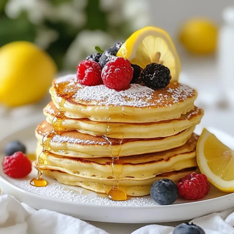 To make these lemon ricotta pancakes, gather these simple items: - 1 cup ricotta cheese - 2 large eggs - 1/4 cup milk - Zest of 1 lemon - 2 tablespoons fresh lemon juice - 1 cup all-purpose flour - 2 tablespoons sugar - 1 teaspoon baking powder - 1/2 teaspoon baking soda - 1/4 teaspoon salt - Butter or oil for cooking If you need alternatives, here are some good options: - Substitute cottage cheese for ricotta cheese for a lower-fat choice. - Use almond milk instead of regular milk for a dairy-free option. - Replace all-purpose flour with oat flour for a gluten-free version. - For a sugar-free recipe, use a sugar substitute like stevia. Each serving of these pancakes will fuel your day. Here’s what you get per serving: - Calories: 240 - Protein: 10g - Carbohydrates: 30g - Fat: 10g - Fiber: 1g - Sugar: 3g This dish offers a good mix of protein and carbs. Enjoy these pancakes with fresh fruit to add vitamins and minerals! {{ingredient_image_1}} To make lemon ricotta pancakes, gather all your ingredients first. This makes cooking smooth and quick. You will need ricotta cheese, eggs, milk, lemon zest, lemon juice, flour, sugar, baking powder, baking soda, and salt. 1. Start by mixing the ricotta cheese, eggs, milk, lemon zest, and lemon juice in a large bowl. Whisk it until smooth. 2. In another bowl, combine the flour, sugar, baking powder, baking soda, and salt. Mix them until they are well blended. 3. Slowly add the dry mix to the wet mix. Stir gently. It’s fine if some lumps remain; do not overmix. 4. Heat a non-stick skillet over medium heat. Lightly grease it with butter or oil. 5. Pour about 1/4 cup of batter for each pancake onto the skillet. Cook until bubbles form, which takes about 2-3 minutes. 6. Flip the pancakes once the edges look set. Cook for another 2-3 minutes until they turn golden brown. 7. Repeat this process with the remaining batter, greasing the pan as needed. To get fluffy pancakes, make sure not to overmix the batter. A few lumps are okay. Let the batter rest for a few minutes before cooking. This helps the pancakes rise well. Cook them on a medium heat; too high can burn the outside while leaving the inside raw. Serve immediately for the best taste. When making lemon ricotta pancakes, keep these tips in mind: - Overmixing the batter: This makes the pancakes tough. Stir gently. - Not preheating the pan: A hot pan helps the pancakes rise well. - Using too much oil or butter: It can make the pancakes greasy instead of fluffy. - Skipping the lemon zest: This adds a bright flavor that makes these pancakes special. To get your lemon ricotta pancakes fluffy, follow these steps: 1. Mix ricotta, eggs, and milk until smooth. This forms a creamy base. 2. Combine dry ingredients in another bowl. This keeps the baking powder and soda evenly spread. 3. Gently fold the dry mix into the wet mix. Leave a few lumps for fluffiness. 4. Cook on medium heat. Look for bubbles forming on top before flipping. This shows they are ready. Lemon ricotta pancakes are great on their own, but you can make them even better: - Top with powdered sugar: This adds sweetness without overpowering the lemon. - Fresh berries: Strawberries or blueberries add color and flavor. - Drizzle with honey or maple syrup: This adds a nice touch of sweetness. - Serve with a lemon wedge: A squeeze of lemon juice enhances the flavor. Pro Tips Use Fresh Ingredients: Always opt for fresh ricotta and lemons to enhance the flavor of your pancakes. Don’t Overmix: Mix the batter until just combined to ensure light and fluffy pancakes. A few lumps are fine! Adjust Cooking Temperature: If pancakes are browning too quickly, lower the heat slightly for even cooking. Experiment with Toppings: Try adding whipped cream, yogurt, or different fruits to customize your pancake experience. {{image_2}} You can make your lemon ricotta pancakes even better. Add fresh blueberries or chocolate chips to the batter. This change gives the pancakes a sweet and fruity twist. Blueberries burst with juice when cooked, making each bite delightful. Chocolate chips melt gently, offering a rich flavor. You can also try adding a touch of vanilla extract for extra sweetness. If you need gluten-free pancakes, use a gluten-free flour blend. Look for one that has xanthan gum. For dairy-free pancakes, swap ricotta cheese with cashew or almond cream. Both options keep the pancakes creamy and delicious. You can also replace milk with almond milk or oat milk to stay dairy-free. Toppings can make your pancakes shine. Consider serving them with fresh fruit like strawberries or raspberries. A drizzle of honey or maple syrup adds sweetness. For a tangy twist, top with Greek yogurt and more lemon zest. You can even sprinkle some nuts, like chopped pecans or walnuts, for extra crunch. Each topping adds flavor and texture, making your meal more fun! To keep your lemon ricotta pancakes fresh, store them in an airtight container. Let the pancakes cool completely before placing them in the fridge. This helps prevent moisture build-up. You can stack them with parchment paper in between to avoid sticking. To reheat pancakes, use a microwave or pan. If using a microwave, heat on medium power for about 30 seconds. Check if they are warm throughout. For a pan, place the pancakes on low heat for a few minutes. Flip them once. This method keeps them nice and fluffy. You can freeze these pancakes for later. First, cool them completely. Then, lay them flat on a baking sheet and freeze them for about an hour. Once frozen, place them in a freezer bag. They will last for up to two months. When ready to eat, just reheat using the instructions above. You can tell if the pancakes are done when bubbles form on the surface. The edges will also look set. Flip the pancakes after about 2-3 minutes. Cook them for another 2-3 minutes until they turn golden brown. A good pancake should feel firm but soft to the touch. Yes, you can make the batter ahead of time! Store it in the fridge for up to 24 hours. Just give it a good stir before you cook the pancakes. If the batter seems thick, add a splash of milk to loosen it up. This makes morning cooking faster and easier! If you don't have ricotta, try using cottage cheese. Blend it until smooth for a similar texture. You can also use cream cheese, but thin it out with a bit of milk. Greek yogurt can work too, giving the pancakes a nice tang. Each option brings its own unique flavor to your dish! This blog post shared a great recipe for lemon ricotta pancakes. We covered the key ingredients, cooking steps, and tips for perfect pancakes. You can modify flavors and use alternatives to fit your needs. Storing and reheating tips help you enjoy these pancakes later. Remember, practice helps avoid common mistakes. With these insights, you can craft delicious pancakes that impress everyone. Enjoy making them your own and have fun in the kitchen!