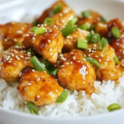 - 1 lb chicken breast, cut into bite-sized pieces - 1/4 cup soy sauce (low-sodium preferred) - 1/4 cup honey - 2 tablespoons rice vinegar - 1 tablespoon sesame oil - 1 tablespoon fresh ginger, grated - 2 cloves garlic, minced - 1 tablespoon cornstarch mixed with 2 tablespoons water (slurry) The chicken breast is the main part of this dish. I love using fresh chicken for the best taste. You can easily cut it into bite-sized pieces. The teriyaki sauce is where the magic happens. It has a mix of soy sauce, honey, rice vinegar, sesame oil, ginger, and garlic. This combo gives the chicken that sweet and savory flavor we all crave. - 2 tablespoons green onions, chopped (for garnish) - 1 tablespoon sesame seeds (for garnish) Green onions add a fresh crunch on top of the chicken. The sesame seeds give a nice nutty taste and look great too. These garnishes make your dish pop with color and flavor. - Cooked rice - Quinoa I enjoy serving these bites over rice or quinoa. Both options soak up the teriyaki sauce well. Rice gives a classic touch, while quinoa adds a healthy twist. You can pick what fits your meal best! {{ingredient_image_1}} To start, grab a medium bowl. In this bowl, mix together the soy sauce, honey, rice vinegar, sesame oil, grated ginger, and minced garlic. Whisk them until they blend well. This sauce brings a sweet and savory taste. Next, take a large skillet and heat it over medium heat. Add the chicken pieces to the skillet. Cook the chicken for about 5 to 7 minutes. You want the chicken to turn golden brown and be fully cooked. It should be juicy and tender. Once the chicken is cooked, pour the teriyaki sauce over it in the skillet. Stir well to coat each piece. Let the sauce simmer for about 2 to 3 minutes. This helps the chicken soak in the flavor. Then, add the cornstarch slurry while stirring constantly. This makes the sauce thick and glossy. Cook it for another minute, then remove the skillet from heat. Now, your honey teriyaki chicken bites are ready to serve! You can add depth to the teriyaki sauce. Consider using the following ingredients: - Pineapple juice: This adds sweetness and a tropical flair. - Black pepper: A touch of heat can balance the sweetness. - Chili paste: For those who like spice, this packs a punch. - Sesame seeds: Toasted sesame seeds bring a nice crunch and nutty flavor. These additions help to create a richer taste that everyone will enjoy. For best results, follow these cooking practices: - Evenly cut chicken: Make sure to cut chicken pieces to the same size. This ensures they cook evenly. - Medium heat: Cooking on medium heat allows the chicken to brown nicely without burning. - Donβt crowd the pan: If the skillet is too full, the chicken will steam instead of brown. Cook in batches if needed. These tips will help you achieve perfectly cooked chicken bites. How you serve your honey teriyaki chicken bites can elevate the meal. Here are some tasty pairings: - Serve over rice or quinoa: Both are excellent bases that soak up the sauce. - Add steamed veggies: Broccoli, snap peas, or bell peppers add color and nutrition. - Garnish smartly: Use chopped green onions and sesame seeds for a fresh touch. These serving ideas make your dish look appealing and fun to eat! Pro Tips Use Fresh Ingredients: Using fresh ginger and garlic will enhance the flavor of the teriyaki sauce significantly. Avoid using pre-minced or bottled options for the best taste. Customize the Sweetness: Adjust the amount of honey according to your taste preference. If you like it sweeter, feel free to add more honey to the sauce. Perfectly Cooked Chicken: Make sure not to overcrowd the skillet while cooking the chicken. This helps ensure even cooking and browning. Thickening the Sauce: If you prefer a thicker sauce, let it simmer a bit longer after adding the cornstarch slurry until you've reached your desired consistency. {{image_2}} You can switch chicken for turkey or tofu. Turkey is leaner and still tasty. Tofu offers a great plant-based option. For tofu, press it first to remove water. This helps it absorb the sauce better. Want some heat? Add chili flakes or Sriracha to the sauce. Start with a small amount. You can always add more if you like it spicy. This makes the dish exciting and fun! You can cook these bites in an oven or on a grill. For the oven, preheat to 400Β°F (200Β°C). Bake the chicken for about 15-20 minutes. If grilling, use medium heat and cook until golden. Both methods add unique flavor and texture. You can store honey teriyaki chicken bites in the fridge for about three to four days. Make sure to place them in an airtight container. This keeps the chicken fresh and prevents any strong odors from mixing with other foods. When ready to eat, just take out what you need. If you want to keep your chicken bites longer, freezing is a great option. First, let the chicken cool completely. Then, place the bites in a freezer-safe bag. Remove as much air as possible before sealing. Label the bag with the date. They can last up to three months in the freezer. When you're ready to eat them, thaw overnight in the fridge. For the best texture when reheating, use the stovetop. Heat a skillet over medium heat. Add a splash of water or broth to keep the chicken moist. Stir occasionally until heated through. You can also use the microwave, but be careful. This method may make the chicken chewy. Always check to ensure the chicken is heated evenly. If you need a soy sauce substitute, try these options: - Coconut aminos: This is a great choice for a soy-free option. - Tamari: This is a gluten-free version of soy sauce. - Liquid aminos: A healthier, low-sodium option. These swaps work well for most recipes. They keep the flavor strong without soy. Yes, you can use frozen chicken. Just make sure to thaw it first. Place the chicken in the fridge overnight. You can also thaw it in cold water for faster results. Once thawed, cut it into bite-sized pieces. This helps it cook evenly and quickly. To check if your chicken is done, use a meat thermometer. The chicken should reach an internal temperature of 165Β°F. If you donβt have a thermometer, cut a piece in half. The meat should be white, not pink. Juices should run clear. This means your chicken is safe to eat. This blog post has covered how to make teriyaki chicken, step by step. We talked about key ingredients like chicken breast and teriyaki sauce components. You learned tips to enhance flavor and variations like using tofu. Remember to store your leftovers properly and know how to reheat them. Teriyaki chicken is versatile and suits many tastes. Itβs easy to enjoy with friends and family. Keep experimenting with flavors and methods to find what you love best. Happy cooking!