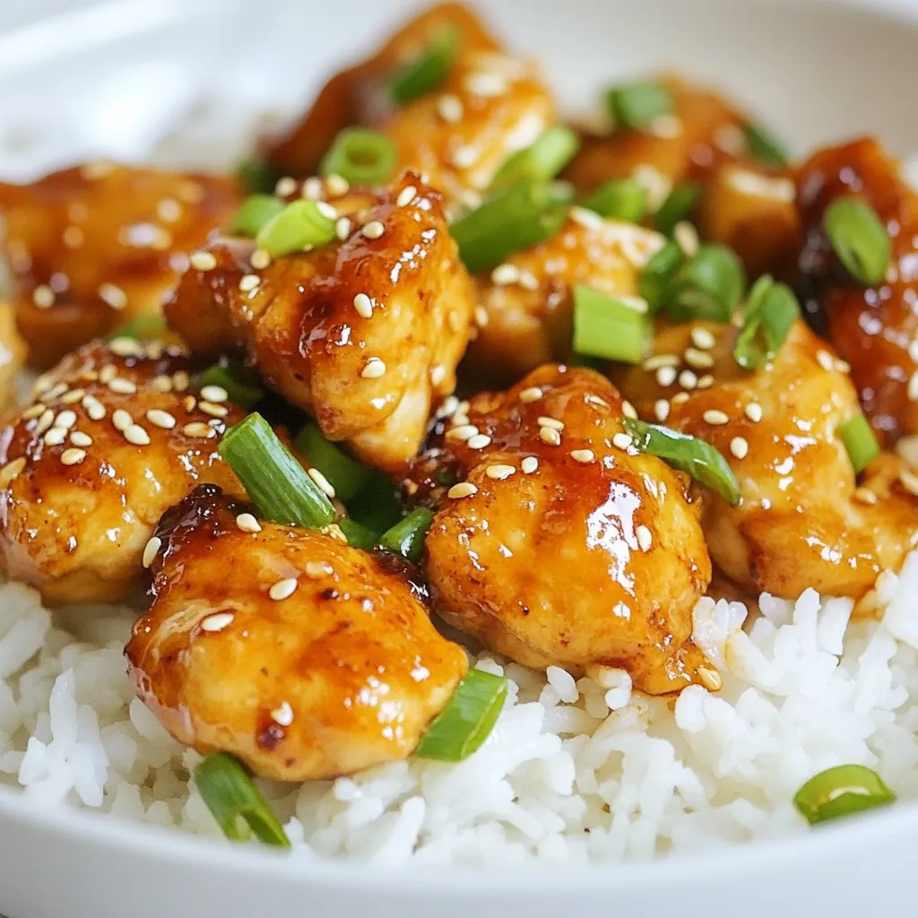 - 1 lb chicken breast, cut into bite-sized pieces - 1/4 cup soy sauce (low-sodium preferred) - 1/4 cup honey - 2 tablespoons rice vinegar - 1 tablespoon sesame oil - 1 tablespoon fresh ginger, grated - 2 cloves garlic, minced - 1 tablespoon cornstarch mixed with 2 tablespoons water (slurry) The chicken breast is the main part of this dish. I love using fresh chicken for the best taste. You can easily cut it into bite-sized pieces. The teriyaki sauce is where the magic happens. It has a mix of soy sauce, honey, rice vinegar, sesame oil, ginger, and garlic. This combo gives the chicken that sweet and savory flavor we all crave. - 2 tablespoons green onions, chopped (for garnish) - 1 tablespoon sesame seeds (for garnish) Green onions add a fresh crunch on top of the chicken. The sesame seeds give a nice nutty taste and look great too. These garnishes make your dish pop with color and flavor. - Cooked rice - Quinoa I enjoy serving these bites over rice or quinoa. Both options soak up the teriyaki sauce well. Rice gives a classic touch, while quinoa adds a healthy twist. You can pick what fits your meal best! {{ingredient_image_1}} To start, grab a medium bowl. In this bowl, mix together the soy sauce, honey, rice vinegar, sesame oil, grated ginger, and minced garlic. Whisk them until they blend well. This sauce brings a sweet and savory taste. Next, take a large skillet and heat it over medium heat. Add the chicken pieces to the skillet. Cook the chicken for about 5 to 7 minutes. You want the chicken to turn golden brown and be fully cooked. It should be juicy and tender. Once the chicken is cooked, pour the teriyaki sauce over it in the skillet. Stir well to coat each piece. Let the sauce simmer for about 2 to 3 minutes. This helps the chicken soak in the flavor. Then, add the cornstarch slurry while stirring constantly. This makes the sauce thick and glossy. Cook it for another minute, then remove the skillet from heat. Now, your honey teriyaki chicken bites are ready to serve! You can add depth to the teriyaki sauce. Consider using the following ingredients: - Pineapple juice: This adds sweetness and a tropical flair. - Black pepper: A touch of heat can balance the sweetness. - Chili paste: For those who like spice, this packs a punch. - Sesame seeds: Toasted sesame seeds bring a nice crunch and nutty flavor. These additions help to create a richer taste that everyone will enjoy. For best results, follow these cooking practices: - Evenly cut chicken: Make sure to cut chicken pieces to the same size. This ensures they cook evenly. - Medium heat: Cooking on medium heat allows the chicken to brown nicely without burning. - Don’t crowd the pan: If the skillet is too full, the chicken will steam instead of brown. Cook in batches if needed. These tips will help you achieve perfectly cooked chicken bites. How you serve your honey teriyaki chicken bites can elevate the meal. Here are some tasty pairings: - Serve over rice or quinoa: Both are excellent bases that soak up the sauce. - Add steamed veggies: Broccoli, snap peas, or bell peppers add color and nutrition. - Garnish smartly: Use chopped green onions and sesame seeds for a fresh touch. These serving ideas make your dish look appealing and fun to eat! Pro Tips Use Fresh Ingredients: Using fresh ginger and garlic will enhance the flavor of the teriyaki sauce significantly. Avoid using pre-minced or bottled options for the best taste. Customize the Sweetness: Adjust the amount of honey according to your taste preference. If you like it sweeter, feel free to add more honey to the sauce. Perfectly Cooked Chicken: Make sure not to overcrowd the skillet while cooking the chicken. This helps ensure even cooking and browning. Thickening the Sauce: If you prefer a thicker sauce, let it simmer a bit longer after adding the cornstarch slurry until you've reached your desired consistency. {{image_2}} You can switch chicken for turkey or tofu. Turkey is leaner and still tasty. Tofu offers a great plant-based option. For tofu, press it first to remove water. This helps it absorb the sauce better. Want some heat? Add chili flakes or Sriracha to the sauce. Start with a small amount. You can always add more if you like it spicy. This makes the dish exciting and fun! You can cook these bites in an oven or on a grill. For the oven, preheat to 400°F (200°C). Bake the chicken for about 15-20 minutes. If grilling, use medium heat and cook until golden. Both methods add unique flavor and texture. You can store honey teriyaki chicken bites in the fridge for about three to four days. Make sure to place them in an airtight container. This keeps the chicken fresh and prevents any strong odors from mixing with other foods. When ready to eat, just take out what you need. If you want to keep your chicken bites longer, freezing is a great option. First, let the chicken cool completely. Then, place the bites in a freezer-safe bag. Remove as much air as possible before sealing. Label the bag with the date. They can last up to three months in the freezer. When you're ready to eat them, thaw overnight in the fridge. For the best texture when reheating, use the stovetop. Heat a skillet over medium heat. Add a splash of water or broth to keep the chicken moist. Stir occasionally until heated through. You can also use the microwave, but be careful. This method may make the chicken chewy. Always check to ensure the chicken is heated evenly. If you need a soy sauce substitute, try these options: - Coconut aminos: This is a great choice for a soy-free option. - Tamari: This is a gluten-free version of soy sauce. - Liquid aminos: A healthier, low-sodium option. These swaps work well for most recipes. They keep the flavor strong without soy. Yes, you can use frozen chicken. Just make sure to thaw it first. Place the chicken in the fridge overnight. You can also thaw it in cold water for faster results. Once thawed, cut it into bite-sized pieces. This helps it cook evenly and quickly. To check if your chicken is done, use a meat thermometer. The chicken should reach an internal temperature of 165°F. If you don’t have a thermometer, cut a piece in half. The meat should be white, not pink. Juices should run clear. This means your chicken is safe to eat. This blog post has covered how to make teriyaki chicken, step by step. We talked about key ingredients like chicken breast and teriyaki sauce components. You learned tips to enhance flavor and variations like using tofu. Remember to store your leftovers properly and know how to reheat them. Teriyaki chicken is versatile and suits many tastes. It’s easy to enjoy with friends and family. Keep experimenting with flavors and methods to find what you love best. Happy cooking!