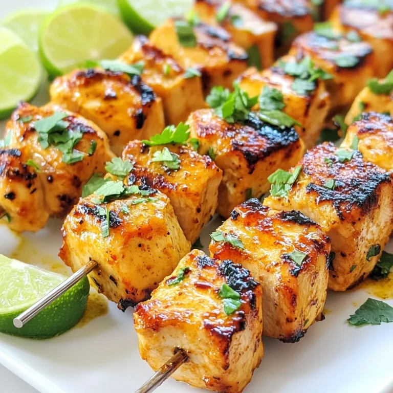 To make these chili lime grilled chicken skewers, gather these items: - 1 pound boneless, skinless chicken breasts, cut into 1-inch cubes - 2 tablespoons olive oil - Juice and zest of 2 limes - 2 tablespoons honey - 2 teaspoons chili powder - 1 teaspoon smoked paprika - 1 teaspoon garlic powder - ½ teaspoon ground cumin - ½ teaspoon salt - ¼ teaspoon black pepper - Fresh cilantro, chopped (for garnish) - Lime wedges (for serving) Each ingredient plays a key role. The chicken gives protein. The lime adds a bright, zesty flavor. Honey balances the spice with sweetness. Spices like chili powder and smoked paprika bring warmth and depth. If you don't have an ingredient, don't worry! You can swap some items easily: - Use chicken thighs instead of breasts for a juicier texture. - Try agave syrup in place of honey for a vegan option. - If you lack smoked paprika, regular paprika works, though the flavor changes slightly. - For a kick, add cayenne pepper instead of chili powder. - If you prefer fresh herbs, parsley can replace cilantro. These substitutions keep the dish tasty and fun while matching your pantry needs. To make your skewers, you will need: - A large mixing bowl for the marinade - Whisk for mixing ingredients - Skewers (wooden or metal) - Grill or grill pan for cooking - Meat thermometer to check doneness - Cutting board and knife for prep Having the right tools makes cooking smooth and enjoyable. Make sure to soak wooden skewers in water for 30 minutes to prevent burning on the grill. {{ingredient_image_1}} First, gather your ingredients. You need olive oil, lime juice, lime zest, honey, and spices. In a large bowl, add 2 tablespoons of olive oil. Then, squeeze the juice from two limes and add it to the bowl. Next, add the lime zest for extra flavor. Pour in 2 tablespoons of honey to balance the heat. Now, sprinkle in 2 teaspoons of chili powder, 1 teaspoon of smoked paprika, and 1 teaspoon of garlic powder. Add ½ teaspoon of ground cumin, ½ teaspoon of salt, and ¼ teaspoon of black pepper. Whisk everything together until it blends well. This marinade will make the chicken bright and zesty. Now, cut 1 pound of boneless, skinless chicken breasts into 1-inch cubes. Add the chicken to the marinade. Make sure each piece is well coated. Cover the bowl with plastic wrap. Place it in the fridge for at least 30 minutes. If you have more time, marinate it for up to 2 hours. This lets the flavors soak into the chicken. The longer you wait, the better it tastes. Next, preheat your grill to medium-high heat. If you use wooden skewers, soak them in water for about 30 minutes. This stops them from burning. Take the marinated chicken from the fridge. Thread the chicken pieces onto the skewers. Leave a little space between each piece. This helps them cook evenly. Place the skewers on the hot grill. Cook for about 10 to 12 minutes. Turn them occasionally. You want nice grill marks, and the chicken should reach 165°F (75°C) inside. When done, take them off the grill and let them rest for a few minutes. Finally, garnish with chopped cilantro and serve with lime wedges for an extra zesty kick. - Use fresh ingredients: Fresh limes and herbs give the best taste. - Marinate longer: Let the chicken sit in the marinade for up to 2 hours. This makes it juicier and tastier. - Preheat your grill: A hot grill gives nice grill marks and seals in flavor. - Leave space between pieces: This helps the chicken cook evenly. - Skipping the soak on wooden skewers: Soaking prevents burning. Always soak for about 30 minutes. - Crowding the grill: Too many skewers will trap steam and not cook well. - Not checking the temperature: Chicken should reach 165°F for safety. Use a meat thermometer. - Cutting the chicken too large: Smaller pieces cook more evenly and quickly. - Add fresh herbs: Try adding fresh cilantro or parsley for a bright touch. - Mix in hot sauce: A splash of your favorite hot sauce will spice things up. - Switch the sweetener: Use maple syrup instead of honey for a unique twist. - Experiment with spices: Try adding cayenne pepper for more heat or smoked paprika for a deeper flavor. These tips will help you create the best chili lime grilled chicken skewers. Enjoy the bright and zesty flavors! Pro Tips Marinate Longer for More Flavor: For the best flavor, marinate the chicken for at least 2 hours, or even overnight if you have the time. This allows the spices and lime to deeply penetrate the chicken. Use Fresh Ingredients: Fresh limes and fresh cilantro can elevate the dish. They add brightness and a vibrant flavor that dried ingredients simply can’t match. Ensure Even Cooking: When threading the chicken onto skewers, leave a little space between each piece. This promotes even cooking and helps achieve those perfect grill marks. Check for Doneness: Use a meat thermometer to ensure the chicken has reached an internal temperature of 165°F (75°C). This guarantees the chicken is fully cooked and safe to eat. {{image_2}} You can make your chili lime chicken skewers even more exciting. Add some heat with cayenne pepper or sriracha. For sweetness, try pineapple or mango chunks on the skewers. This adds a nice contrast to the spices. You can also mix in some brown sugar with the marinade for a caramelized finish. If you want a plant-based option, use firm tofu or tempeh. Marinate them just like the chicken. You can also use veggies like bell peppers, zucchini, and mushrooms. These grilled veggies soak up the flavors well and make a colorful dish. Arrange them on skewers for a fun presentation. These skewers fit many occasions. For a summer barbecue, serve with fresh corn salad and guacamole. For a fiesta, add rice and black beans on the side. You can make a tropical-themed meal by serving with coconut rice and grilled pineapple. Each twist gives a fun new taste to enjoy! After grilling your chili lime chicken skewers, let them cool down. Place any leftovers in an airtight container. They will stay fresh in the fridge for up to three days. Be sure to store them without the garnish. This keeps the cilantro fresh for future meals. To reheat the skewers, you have a few options. The best method is to use the grill. Heat your grill to medium heat. Place the skewers on the grill for about 5 minutes. Flip them halfway through to warm evenly. You can also use a microwave. Place the skewers on a microwave-safe plate and cover with a damp paper towel. Heat for 1-2 minutes, checking to avoid overcooking. If you want to save some skewers for later, freezing works well. First, let the cooked skewers cool completely. Wrap each skewer tightly in plastic wrap. Then, place them in a freezer bag or airtight container. They can be stored in the freezer for up to three months. To use, simply thaw overnight in the fridge before reheating. Yes, you can use chicken thighs. They will add more flavor and juiciness. Thighs have more fat, which keeps them tender when grilled. Just cut them into 1-inch pieces like the breasts. You can marinate the chicken for 30 minutes to 2 hours. Longer marinating gives better flavor. If you want a strong taste, go for the full 2 hours. Just don’t marinate too long, or the chicken may become mushy. Great sides include rice, corn salad, or fresh veggies. You can also serve it with a light salad or guacamole. These dishes balance the spicy and zesty flavors of the skewers. Try adding a cold drink like lemonade to complete your meal. This guide covered key steps for making delicious chili lime grilled chicken skewers. You learned about the important ingredients and easy swaps. I added tips for grilling success and ways to mix up flavors. You also found storage tips to keep your meal fresh. Remember, experimenting with ingredients and styles can make cooking fun. Enjoy tasty skewers at your next meal!