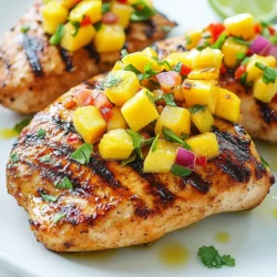 For Pineapple Mango Salsa Chicken, you need: - 4 boneless, skinless chicken breasts - 1 ripe mango, diced - 1 cup fresh pineapple, diced - 1 red bell pepper, finely chopped - 1/4 red onion, finely chopped - 1 jalapeΓ±o, deseeded and minced - 2 tablespoons fresh cilantro, chopped - 2 tablespoons lime juice - 1 tablespoon olive oil - 1 teaspoon ground cumin - Salt and pepper to taste You can swap ingredients if you need. Try using chicken thighs instead of breasts for more flavor. If you donβt have fresh mango, canned mango works too. For the jalapeΓ±o, use bell pepper for a milder heat. You can also replace lime juice with lemon juice if you're in a pinch. Fresh ingredients always give the best taste. Fresh mango and pineapple burst with flavor. Canned fruits can work, but they often have added sugar. If you use canned, rinse them to cut down on sweetness. Fresh herbs, like cilantro, bring a bright touch that canned herbs lack. {{ingredient_image_1}} To make the salsa, start with a medium bowl. Add diced mango and fresh pineapple. Next, toss in the finely chopped red bell pepper and red onion. For some heat, add minced jalapeΓ±o. Finally, mix in chopped cilantro. Drizzle lime juice over the mixture. Add salt and pepper to taste. Gently stir everything together. Let it rest for a few minutes. This helps the flavors blend and makes the salsa extra tasty. First, pat the chicken breasts dry with a paper towel. This helps the oil and spices stick. Rub olive oil on both sides of the chicken. Sprinkle ground cumin, salt, and pepper on top. Make sure to cover all sides well. Heat a grill or grill pan over medium-high heat. Place the chicken breasts on the grill. Cook for about 6-7 minutes on each side. The chicken should reach an internal temperature of 165Β°F (75Β°C). This ensures it is safe to eat. Once the chicken is cooked, take it off the grill. Let it rest for 5 minutes. This keeps the chicken juicy. Place the grilled chicken on a serving platter. Top each piece with a generous scoop of the pineapple mango salsa. For a nice touch, you can add fresh cilantro on top. Serve with rice or tortillas for a complete meal. Enjoy the bright, fresh flavors of summer! To make juicy chicken, start with fresh, boneless chicken breasts. Pat them dry with a paper towel. This helps the seasoning stick. Rub olive oil on both sides. Next, season well with salt, pepper, and ground cumin. Cooking on medium-high heat is key. Grill the chicken for about 6-7 minutes on each side. Use a meat thermometer to check the internal temperature. It should reach 165Β°F. After cooking, let the chicken rest for 5 minutes. This keeps the juices inside. To boost the salsa flavor, use ripe mango and fresh pineapple. This adds natural sweetness. Dicing the fruits small helps mix flavors better. Donβt skip the lime juice; it adds brightness. Adding chopped cilantro gives a fresh taste. If you like heat, include more jalapeΓ±o. Mix the salsa gently and let it sit. This waiting time helps the flavors blend well. Taste it before serving and adjust seasoning if needed. Grilling gives a nice smoky flavor to the chicken. It also creates crispy edges. If you bake, the chicken cooks evenly, but lacks that char. Preheat your oven to 375Β°F for baking. Place the chicken in a baking dish and cover with foil. Bake for about 25-30 minutes. Always check the temperature to ensure itβs fully cooked. Both methods work well, so pick what you prefer! Pro Tips Choose Ripe Fruits: Ensure your mango and pineapple are ripe for the best flavor. Ripe fruits will provide a natural sweetness that complements the chicken beautifully. Marinate for Extra Flavor: For enhanced flavor, consider marinating the chicken in lime juice and cumin for 30 minutes before cooking. This adds depth to the chicken's taste. Use a Meat Thermometer: To avoid overcooking, use a meat thermometer to check the internal temperature of the chicken. It should reach 165Β°F (75Β°C) for safe consumption. Let It Rest: Allowing the chicken to rest for about 5 minutes after grilling helps retain its juices, resulting in a more tender and flavorful dish. {{image_2}} You can play with the fruits in this dish. Try adding diced kiwi or fresh strawberries for a twist. These fruits add a sweet zing and bright color. You can even mix in some chopped peaches. Each fruit brings its own taste and texture. This keeps your salsa fresh and fun. If you like heat, add more jalapeΓ±os or even some diced serrano peppers. For a smoky flavor, try adding chipotle peppers in adobo sauce. You can also sprinkle in some cayenne pepper or chili powder. These spicy options make the salsa exciting and bold. Adjust the heat to match your taste. Chicken is great, but you can switch it up! Use shrimp or fish like tilapia for a lighter meal. Both options cook quickly and soak up the salsa flavor well. If you prefer a plant-based choice, try marinated tofu or tempeh. Each protein will change the dish while keeping it delicious. To keep your Pineapple Mango Salsa Chicken fresh, store it right. Place leftover chicken and salsa in separate airtight containers. Make sure to let the chicken cool first. This helps avoid sogginess. Store the chicken in the fridge for up to three days. The salsa stays fresh for about two days. When you are ready to eat, reheat the chicken gently. You can use a microwave or an oven. If using a microwave, heat it in short bursts. Check it every 30 seconds. This prevents it from drying out. If using an oven, preheat it to 350Β°F (175Β°C). Cover the chicken with foil to keep it moist. Heat for about 15-20 minutes until warm. You can freeze the chicken for later meals. Wrap it tightly in plastic wrap, then in foil. This helps prevent freezer burn. It can last for up to three months. For the salsa, I recommend freezing it without the fresh cilantro. This way, the texture stays nice. Freeze it in a freezer bag, and it lasts about two months. When ready, thaw both in the fridge overnight before reheating. Yes, you can! Prepare the salsa earlier in the day. Store it in the fridge to keep it fresh. The flavors will blend well as it sits. You can also season the chicken ahead. Keep it covered in the fridge until you are ready to cook. Just remember to cook the chicken right before serving for the best taste. This dish is great with many sides. Here are a few ideas: - Rice or quinoa for a filling base - Grilled vegetables for a colorful plate - Tortilla chips for a crunchy snack - A fresh green salad to balance the flavors These sides will enhance the meal and make it even more enjoyable. The best way to check is by using a meat thermometer. The chicken should reach an internal temperature of 165Β°F (75Β°C). This temperature ensures the chicken is safe to eat. If you donβt have a thermometer, cut into the chicken. The meat should be white, not pink. Juices should run clear. This way, you can be sure itβs cooked perfectly. This article covered essential ingredients for Pineapple Mango Salsa Chicken, including fresh and canned options. You learned step-by-step instructions for preparing and cooking the dish. We discussed tips for juicy chicken and ways to boost salsa flavors. I also shared variations for a fun twist and efficient storage methods. In conclusion, you can enjoy this dish in many ways. Feel free to experiment with flavors and ingredients. Cooking should be fun and tasty!