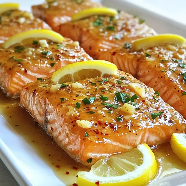 - 4 salmon fillets (about 6 oz each) - 3 tablespoons honey - 2 tablespoons lemon juice (freshly squeezed) - 3 cloves garlic, minced - 1 tablespoon soy sauce - 1 tablespoon olive oil - Salt and pepper to taste - Lemon slices (for garnish) - Fresh parsley (for garnish) The main ingredients for honey lemon garlic salmon are simple yet flavorful. The star of the dish is fresh salmon. You want four fillets, each about six ounces. This ensures everyone gets a good serving. Honey brings a natural sweetness. You will need three tablespoons. Freshly squeezed lemon juice adds a bright and tangy taste. You will need two tablespoons for the best flavor. Garlic is a must for depth. Use three cloves, minced finely. Soy sauce adds umami and saltiness. Just one tablespoon will do. Olive oil helps with cooking and adds richness. You only need one tablespoon. Finally, season with salt and pepper to your liking. Lemon slices and fresh parsley make for great garnishes. They add color and freshness to your dish. Using these ingredients, you can create a dish that is both tasty and eye-catching. It’s all about balance and freshness! {{ingredient_image_1}} In a mixing bowl, you will create the marinade. First, add 3 tablespoons of honey. Next, squeeze in 2 tablespoons of fresh lemon juice. Then, add 3 cloves of minced garlic. Follow this with 1 tablespoon of soy sauce and 1 tablespoon of olive oil. Finally, sprinkle in a pinch of salt and black pepper. Whisk everything together until it blends well. This mix will give the salmon a bright and tasty flavor. Now, take your 4 salmon fillets. Place them in a shallow dish. Pour the honey lemon mixture over the salmon. Make sure each piece is coated well. Cover the dish and let the salmon sit for at least 30 minutes. This step is key! It helps the flavors soak in deep. Preheat your oven to 400°F (200°C). While it heats, line a baking sheet with parchment paper. This makes cleanup easy. After marinating, place the salmon fillets on the baking sheet, skin side down. Bake the salmon for about 12 to 15 minutes. Baste the fillets with the marinade halfway through cooking. This adds even more flavor. The salmon is done when it flakes easily with a fork. Let it rest for a couple of minutes before serving. Enjoy your meal, garnished with fresh lemon slices and parsley! To cook salmon just right, you need the right time and heat. Preheat your oven to 400°F (200°C). Bake the salmon for 12 to 15 minutes. If your fillets are thicker, add a few extra minutes. To check for doneness, look for the fish to flake easily with a fork. It should be opaque and not raw in the center. If it’s still shiny, give it more time. You can change the marinade for a new taste. Try using orange juice instead of lemon for a sweeter flavor. You can also add fresh herbs like dill or thyme for an extra layer. For a spicy kick, add chili flakes or a dash of hot sauce. Mix and match to discover your favorite flavor profile! To make your dish look great, garnish with lemon slices and fresh parsley. This adds color and makes the meal pop. Serve the salmon on a nice plate with your choice of sides. Try pairing it with rice, quinoa, or a fresh salad. The right sides can elevate your meal even more! Pro Tips Marinate Longer for Flavor: Allow the salmon to marinate for at least 1 hour or up to 24 hours in the refrigerator for a deeper flavor profile. Check Doneness: Use a meat thermometer to check that the internal temperature of the salmon reaches 145°F (63°C) for perfect doneness. Use Fresh Ingredients: Always opt for fresh garlic and lemon juice to enhance the overall taste of the dish. Serve with Sides: Pair the salmon with steamed vegetables or a light salad to complete the meal and add nutritional balance. {{image_2}} You can cook honey lemon garlic salmon in two great ways: grilling or pan-searing. - Grilled honey lemon garlic salmon: This method adds a smoky flavor. Start by marinating the salmon as usual. Preheat your grill to medium heat. Place the salmon on the grill. Cook for about 5-7 minutes per side. The fish should easily flake with a fork when done. - Pan-seared alternative: This method gives a nice crispy skin. Heat a non-stick skillet over medium heat. Add a bit of olive oil. Once hot, place the salmon skin-side down in the pan. Cook for 5-6 minutes, then flip. Cook for another 4-5 minutes until done. You can change a few ingredients for new flavors. - Using maple syrup instead of honey: Maple syrup gives a rich sweetness. Just swap it in the same amount. It pairs well with the lemon and garlic. - Adding herbs or spices to the marinade: Try fresh herbs like dill or thyme. You can also add a pinch of red pepper flakes for heat. Both choices will enhance the flavor. Pair your honey lemon garlic salmon with tasty sides. - Best sides to serve with honey lemon garlic salmon: Think about light and fresh sides. A simple green salad or roasted vegetables works well. You can also serve it with rice or quinoa. - Whole grain or vegetable suggestions: Whole grains like farro or barley add texture. For veggies, consider steamed asparagus or sautéed spinach. They complement the salmon nicely. To store cooked salmon, let it cool first. Place it in an airtight container. Wrap it tightly with plastic wrap or foil if you don't have a container. This keeps the fish fresh and prevents odors. For freezing, place the salmon in a freezer-safe bag. Remove as much air as you can to avoid freezer burn. This way, you can store it for up to three months. Label the bag with the date for easy tracking. Reheat salmon gently to keep it moist and tasty. The best methods include using the oven or stovetop. For the oven, set it to 275°F (135°C). Place the salmon on a baking sheet and cover it with foil. Heat for about 15 minutes. On the stovetop, use a non-stick pan on low heat. Add a splash of water or broth. Cover the pan and heat for about 5 minutes. This method helps keep the salmon from drying out. You can store honey lemon garlic salmon in the fridge for up to three days. After that, it may lose flavor and texture. If you freeze it, it lasts up to three months. Make sure to check for any off smells or changes in color before eating. Yes, you can use frozen salmon. First, thaw the salmon properly. Place it in the fridge overnight or submerge it in cold water for about an hour. Avoid using hot water as it can cook the fish unevenly. After thawing, pat the salmon dry to help the marinade stick better. This step also helps prevent excess moisture when baking. I recommend using wild salmon when possible. Wild salmon often has a richer flavor and better texture. It also tends to have more healthy fats. If wild salmon is not available, farmed salmon works too. Just look for responsibly farmed options. Always check labels to ensure quality. The salmon is done when it flakes easily with a fork. You can also check the color. It should change from a deep pink to a lighter shade. Use a meat thermometer for precision; the internal temperature should reach 145°F (63°C). Let the salmon rest for a few minutes before serving. This helps keep it moist and flavorful. This blog post covered how to make honey lemon garlic salmon. We discussed the main ingredients and gave clear steps for marinating and baking. I shared tips for perfect cooking, flavor variations, and how to present your dish. We also explored storage and reheating methods. With these ideas, you can enjoy a tasty and healthy meal. Experiment with the recipe and make it your own! Happy cooking!