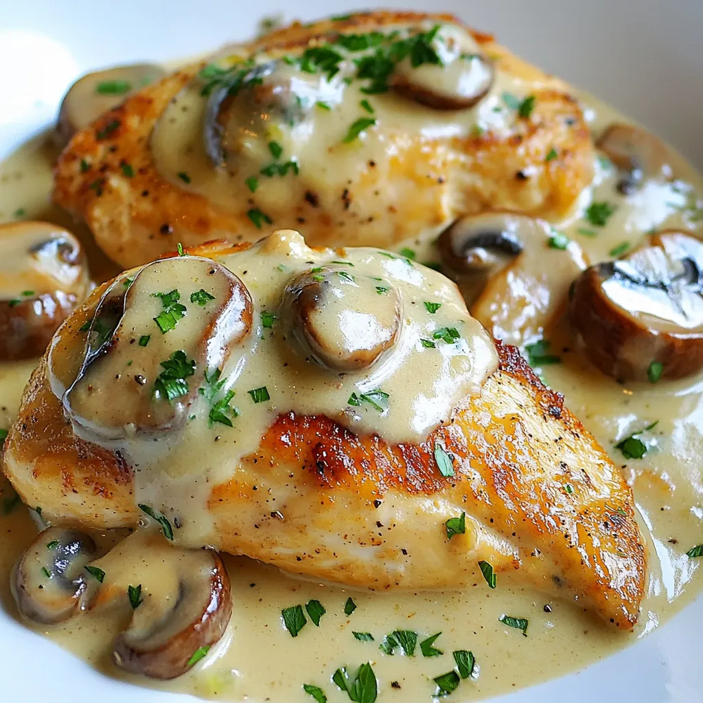 To make creamy garlic mushroom chicken, you need these main ingredients: - 4 boneless, skinless chicken breasts - 2 cups sliced mushrooms (cremini or button) - 4 cloves garlic, minced - 1 cup heavy cream - 1 cup chicken broth - 2 tablespoons olive oil - 1 tablespoon butter - 1 teaspoon thyme (fresh or dried) - 1 teaspoon paprika - Salt and pepper to taste - Chopped parsley for garnish These ingredients create a rich and creamy dish. The chicken breasts give you a hearty base. The mushrooms and garlic add depth and flavor. You can add extra flavor with these optional ingredients: - 1/4 cup grated Parmesan cheese - 1/2 cup spinach - 1 teaspoon lemon juice Parmesan cheese makes the sauce richer. Spinach adds color and nutrition. Lemon juice brightens the dish with a fresh taste. For the best results, use fresh chicken breasts. They cook evenly and stay juicy. For mushrooms, cremini or button mushrooms work well. Cremini mushrooms have a deeper flavor than button mushrooms. If you want a more intense taste, try shiitake mushrooms. Using the right chicken and mushrooms boosts your dish. It makes your creamy garlic mushroom chicken even more delicious! {{ingredient_image_1}} Start by heating a large skillet over medium heat. Add two tablespoons of olive oil and one tablespoon of butter. This mix gives great flavor. While it heats, season your chicken breasts with salt, pepper, and paprika on both sides. Once the skillet is hot, place the chicken in it. Cook for about 5-7 minutes on each side. The chicken should be golden brown and cooked through. After cooking, remove the chicken and set it aside. In the same skillet, add two cups of sliced mushrooms. I prefer cremini or button mushrooms for this dish. Sauté the mushrooms for 3-4 minutes until they soften and lightly brown. Next, add four cloves of minced garlic. Cook it for one more minute, stirring often. This step helps avoid burning the garlic, which can make it bitter. Pour in one cup of chicken broth. Don’t forget to scrape any brown bits off the bottom of the skillet. These bits add flavor to your sauce. Bring the broth to a simmer. Next, reduce the heat to low. Stir in one cup of heavy cream and one teaspoon of thyme. Let the sauce thicken for 2-3 minutes. This gives it a rich, creamy texture. Return the cooked chicken to the skillet. Make sure to coat it well with the creamy mushroom sauce. Let it simmer for another 3-4 minutes. This step keeps the chicken juicy and infuses it with flavor. Finally, taste the sauce and adjust the seasoning if needed. Serve hot, and add chopped parsley on top for a nice touch. Enjoy your creamy garlic mushroom chicken! To make juicy chicken, start with room-temperature breasts. This helps them cook evenly. Season well with salt and pepper before cooking. Use a hot skillet with olive oil and butter for a nice sear. Cook each side for 5-7 minutes. Avoid flipping too soon, as this can lead to dryness. Once cooked, let the chicken rest for a few minutes. This helps keep the juices locked in. For a richer sauce, use heavy cream. It gives a smooth and velvety texture. Don't rush the cooking time. Let the mushrooms soften fully for flavor. When adding garlic, cook it just until fragrant. This adds depth without burning it. If you want more flavor, try adding a splash of white wine. It pairs well with the cream and mushrooms. Always taste and adjust seasoning before serving. Using the right tools makes cooking easier. A large skillet is key for browning the chicken and sautéing mushrooms. A wooden spoon helps scrape the brown bits off the skillet. This adds flavor to your sauce. Have measuring cups and spoons on hand for accuracy. A sharp knife makes slicing chicken and mushrooms quick and safe. Lastly, keep a cutting board nearby for easy prep. Pro Tips Perfectly Cooked Chicken: Ensure the chicken is at room temperature before cooking to achieve even cooking and a juicy result. Mushroom Selection: Mix different types of mushrooms for a deeper flavor profile in your sauce, such as shiitake or portobello. Thickening the Sauce: If you prefer a thicker sauce, let it simmer a bit longer or add a cornstarch slurry to reach your desired consistency. Herb Variations: Experiment with other herbs like rosemary or oregano to customize the flavor of the creamy sauce. {{image_2}} You can add spinach to your creamy garlic mushroom chicken for more color and nutrition. Use about 2 cups of fresh spinach. Just add it to the skillet after the mushrooms soften. Cook it until it wilts, then mix everything together. This adds a nice green touch and boosts the flavor. If you love cheese, try adding it for a richer taste. Grate about 1 cup of Parmesan or mozzarella cheese and stir it into the creamy sauce. Do this after you add the heavy cream, letting it melt in. This will make your dish even creamier and more flavorful. It’s a great way to make your meal feel extra special. For a lighter version, swap heavy cream for Greek yogurt or low-fat cream. Use about 1 cup of Greek yogurt instead of heavy cream. You can also use chicken breast with no skin. This keeps the dish tasty while cutting down on calories. Add some herbs like basil or oregano for extra flavor without extra calories. To store your creamy garlic mushroom chicken, let it cool first. Place the chicken in an airtight container. I recommend using glass or plastic containers with tight seals. This helps keep the flavors fresh. Store it in the fridge for up to three days. If you want to keep it longer, freezing is a great option. When reheating, I suggest using a skillet. Heat it over medium-low heat. Add a splash of chicken broth or cream to keep it moist. Stir gently until heated through. This method helps maintain the creamy texture. You can also use the microwave. Cover the dish with a microwave-safe lid. Heat in short bursts, stirring in between. If you choose to freeze it, I recommend portioning it out first. Place servings in freezer-safe bags or containers. Remove as much air as possible to prevent freezer burn. Label the bags with the date. You can freeze it for up to three months. When ready to eat, thaw in the fridge overnight before reheating. Enjoy your delicious meal! To reheat creamy chicken dishes, use a skillet over low heat. This keeps the sauce smooth. Stir often to avoid sticking. You can also use a microwave. Just heat in short bursts. Cover the dish to keep moisture in. Check the temperature often to avoid overcooking. Yes, you can! This recipe works well with chicken thighs or turkey breast. You may also try pork or beef. Each meat will give a different taste, but the sauce will still shine. Just adjust the cooking time based on the meat chosen. To keep mushrooms from getting soggy, start with dry mushrooms. Sauté them first until they brown. Do not crowd the pan; this helps them cook evenly. Avoid adding too much liquid at once. Let the sauce thicken before adding more broth. Many sides work great with this dish. Mashed potatoes are a classic choice. You can also serve it with rice or pasta. Steamed veggies like green beans or broccoli add color and nutrition. A simple salad can also balance the meal nicely. This blog post covered how to make creamy garlic mushroom chicken. We discussed key ingredients, steps for preparation, and how to serve it. You learned tricks for juicy chicken and enhancing flavors. We shared tasty variations and how to store leftovers. In conclusion, this dish is simple yet rich in flavor. Experiment with the ingredients and enjoy this meal with family or friends. You'll love how easy it is to prepare a comforting dinner.
