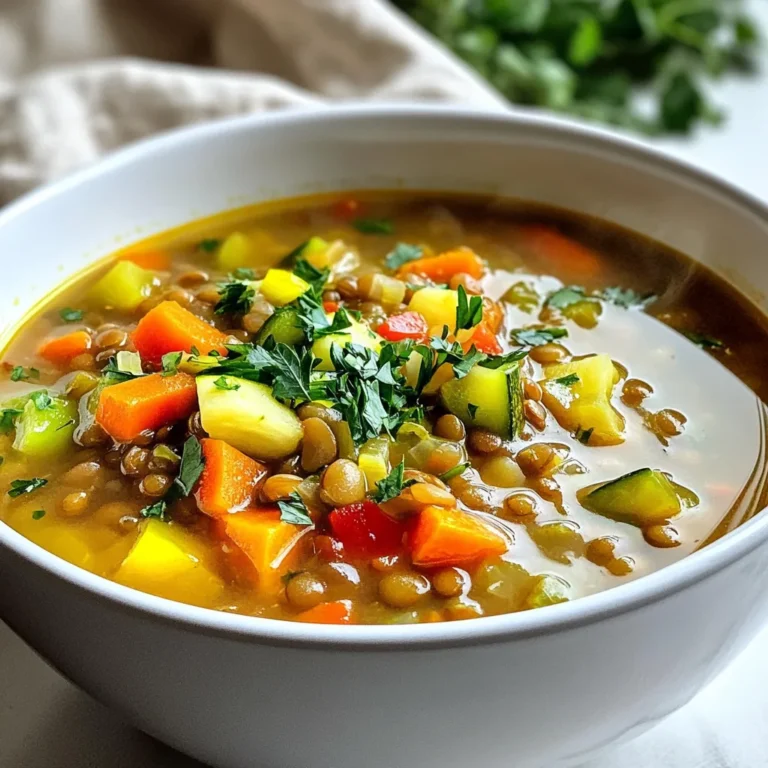 - 1 cup green lentils, rinsed - 1 tablespoon olive oil - 1 onion, diced - 2 cloves garlic, minced - 2 carrots, diced - 2 celery stalks, diced - 1 red bell pepper, chopped - 1 zucchini, diced - 1 can (14 oz) diced tomatoes, with juices - 4 cups vegetable broth - 2 teaspoons ground cumin - 1 teaspoon smoked paprika - 1 teaspoon dried oregano - 1 teaspoon salt - 1/2 teaspoon black pepper - 2 cups spinach or kale, chopped Green lentils are the star of this soup. They have a nice texture and hold up well. Fresh vegetables add flavor and nutrition. I love using onions, garlic, carrots, celery, and zucchini. Each brings its own taste and color to the dish. Spices like cumin and smoked paprika give this soup a warm, rich flavor. Don't forget the salt and black pepper to enhance the taste. - Fresh parsley, for garnish - Juice of 1 lemon Garnishes can make your dish shine. Fresh parsley adds a pop of green and freshness. A squeeze of lemon juice brightens the whole soup. It adds a zesty finish that makes every bite exciting. - Lentil alternatives: Try red lentils or black lentils. - Vegetable replacements: Swap in your favorite veggies like sweet potatoes or green beans. If you can't find green lentils, other types work too. Red lentils cook faster but can be mushy. For vegetables, pick what you love or have on hand. This soup is flexible and perfect for using up what you have. {{ingredient_image_1}} - Prepping the vegetables Start by washing and cutting your veggies. Chop one onion, two carrots, and two celery stalks. Dice one red bell pepper and one zucchini. These fresh ingredients add great flavor. - Rinsing the lentils Take one cup of green lentils and rinse them under cold water. This step removes dirt and makes the lentils clean. Set them aside for later use. - Sautéing the base ingredients In a large pot, heat one tablespoon of olive oil over medium heat. Add the diced onion and cook for about 3-4 minutes until soft. Then stir in two minced garlic cloves, the carrots, celery, and red bell pepper. Let this cook for 5 more minutes while stirring occasionally. This creates a tasty base for the soup. - Simmering the soup Next, mix in your rinsed lentils, diced tomatoes with juice, and four cups of vegetable broth. Add two teaspoons of ground cumin, one teaspoon of smoked paprika, one teaspoon of dried oregano, one teaspoon of salt, and half a teaspoon of black pepper. Bring everything to a boil, then reduce the heat to low. Cover the pot and let it simmer for 30-35 minutes until the lentils are tender. - Adding greens During the last 5 minutes of cooking, stir in two cups of chopped spinach or kale. This adds color and nutrients to your soup. - Seasoning adjustments After cooking, remove the pot from heat and squeeze in the juice of one lemon. This gives a nice brightness to the soup. Taste and adjust the seasoning if needed. Let it sit for a few minutes before serving. - Ensuring tender lentils: Rinse lentils well before cooking. This helps remove dirt and debris. Use fresh water and soak them for about 30 minutes. This can cut down cooking time. Simmer lentils gently. Boiling them too hard can make them mushy. - Balancing flavors: Taste your soup as you cook. Add salt and spices gradually. This lets you control the flavor. A splash of lemon juice at the end brightens the taste. Fresh herbs like parsley add a nice touch too. - Accompaniments for the soup: Pair your soup with a fresh salad. A simple green salad works great. You can also serve it with roasted veggies for extra flavor. - Best bread pairings: Crusty bread is perfect for dipping. Try sourdough or whole grain baguettes. These add texture and taste to your meal. - Making ahead of time: This soup tastes even better the next day. Make a big batch and enjoy it later. Store it in the fridge for up to three days. - Storing leftovers: Cool the soup before storing. Use airtight containers to keep it fresh. You can also freeze portions for later. Just make sure to label them with the date. Pro Tips Soak Your Lentils: Soaking lentils for a few hours before cooking can reduce cooking time and improve their texture. Add Depth of Flavor: Consider adding a bay leaf while simmering the soup for an extra layer of flavor, removing it before serving. Customize Your Greens: Feel free to substitute spinach or kale with other greens like Swiss chard or collard greens based on your preference. Enhance with Fresh Herbs: Adding fresh herbs like basil or cilantro just before serving can brighten the flavors of the soup. {{image_2}} You can make this Mediterranean lentil soup even heartier by adding protein. Consider using: - Cooked chicken for a meaty bite - Crumbled feta cheese for a tangy flavor - Canned chickpeas for extra fiber Adding extra veggies also boosts nutrition. You can include: - Sweet potatoes for sweetness - Kale for added greens - Mushrooms for a rich texture Adjust spices to suit your taste. A pinch of cayenne pepper adds heat. You can also: - Swap smoked paprika for regular paprika for a milder taste - Use curry powder for a different flavor profile Herbs can enhance the soup's aroma. Try adding: - Fresh basil for a sweet touch - Thyme for earthiness - Cilantro for a fresh kick You can use a slow cooker for this soup. Just follow these steps: 1. Sauté onions and garlic in a pan. 2. Transfer them to the slow cooker. 3. Add all other ingredients. 4. Cook on low for 6-8 hours or high for 3-4 hours. If you prefer an Instant Pot, here's how: 1. Use the sauté function for onions and garlic. 2. Add all ingredients to the pot. 3. Seal the lid and cook on high pressure for 15 minutes. 4. Allow the pressure to release naturally before serving. Store leftover soup in an airtight container. It keeps well in the fridge. The soup stays fresh for about 4 to 5 days. Make sure it cools down before you put it in the fridge. This step helps avoid extra moisture that can make it spoil faster. To freeze leftovers, ladle the soup into freezer-safe containers. Leave some space at the top for expansion. You can also freeze in single-serving bags. This makes it easy to grab a quick meal. The soup can last in the freezer for up to 3 months. When you’re ready to eat, thaw it in the fridge overnight. For reheating, use a pot on low heat. Stir the soup often to heat it evenly. You can also microwave it in a bowl. Add a splash of water or broth to keep it from drying out. Avoid reheating it too long, as that can make the lentils mushy. Enjoy your warm soup with fresh bread or a salad! Lentils are small but mighty. They pack a lot of nutrition into every bite. They are high in protein and fiber. This means they help you feel full and satisfied. One cup of cooked lentils has about 18 grams of protein and 15 grams of fiber. Lentils also contain many vitamins and minerals. They are rich in iron, which helps carry oxygen in your blood. They also have folate, which supports cell growth. Plus, they are low in fat, making them a heart-healthy choice. The fresh vegetables in this soup add more health benefits. For example, carrots are high in beta-carotene. This helps keep your eyes healthy. Spinach adds iron and vitamin K. Together, these ingredients create a hearty meal full of nutrients. Yes, you can easily make this soup vegan! The recipe is already plant-based. All the ingredients are free from animal products. If you want to swap ingredients, you can use vegetable broth instead of chicken broth. You can also add more veggies, like mushrooms or sweet potatoes, for extra flavor. Just make sure to stick with plant-based ingredients to keep it vegan. If you want a thicker soup, there are a few easy ways to do it. One option is to blend part of the soup. Use a blender or an immersion blender. This will make it creamy without adding extra calories. Another option is to add more lentils. You can cook them longer until they break down. This will naturally thicken the soup. You can also add a starch, like mashed potatoes or a bit of flour mixed with water. Just stir it in and let it cook for a few more minutes. These options will help you get the perfect consistency for your soup. You now have all you need to make a great lentil soup. We covered the key ingredients like green lentils and fresh veggies. I shared step-by-step instructions to help you through cooking. Also, I offered valuable tips for serving and storage. Lentils bring health benefits and flavor too. Remember, you can always tweak the recipe to fit your taste. Enjoy exploring the many variations and make this recipe your own. Happy cooking!