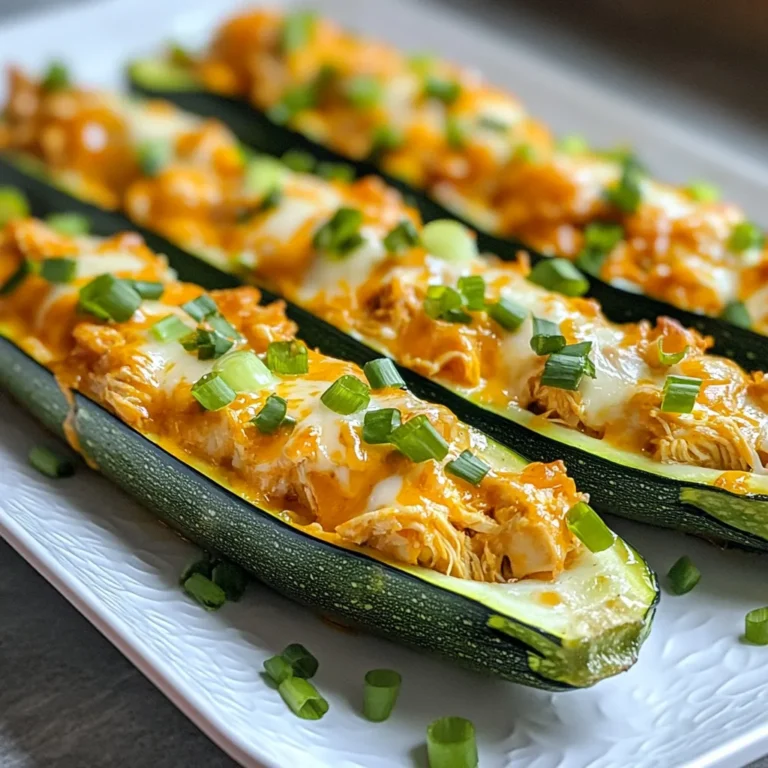 - 4 medium zucchinis - 1 cup cooked chicken, shredded - Β½ cup buffalo sauce (adjust for heat preference) - Β½ cup cream cheese, softened - 1 cup shredded cheddar cheese - ΒΌ cup green onions, chopped (plus extra for garnish) - Salt and pepper to taste - Olive oil You can swap the zucchinis for bell peppers for a different taste. Use rotisserie chicken if you want to save time. For a lighter option, try using Greek yogurt instead of cream cheese. If you prefer a milder flavor, use ranch dressing instead of buffalo sauce. Gather these tools to make your cooking easy: - Baking sheet - Mixing bowl - Spoon or spatula - Sharp knife - Cutting board - Measuring cups and spoons These items help you prepare and cook your Buffalo Chicken Stuffed Zucchini Boats with ease. {{ingredient_image_1}} Start by gathering your ingredients. You need: - 4 medium zucchinis - 1 cup cooked chicken, shredded - Β½ cup buffalo sauce - Β½ cup cream cheese, softened - 1 cup shredded cheddar cheese - ΒΌ cup green onions, chopped (plus extra for garnish) - Salt and pepper to taste - Olive oil First, preheat your oven to 375Β°F (190Β°C). Next, slice the zucchinis in half lengthwise. Use a spoon to scoop out the seeds. This step creates boats for your filling. Lightly brush the insides with olive oil. Then, season them with salt and pepper. Now, place the zucchini halves on a baking sheet, cut side up. Bake them in the oven for 10 minutes. This softens the zucchini slightly, making it easier to fill. While the zucchini bakes, prepare the filling. In a bowl, mix together the shredded chicken, buffalo sauce, softened cream cheese, half of the cheddar cheese, and chopped green onions. Stir until everything blends well. Once the zucchini has baked, take it out of the oven. Carefully fill each boat with the buffalo chicken mixture. Pack it in tightly to fit all the yummy filling. Next, sprinkle the remaining cheddar cheese on top of each stuffed zucchini. This will melt and create a delicious topping. Return the stuffed zucchini boats to the oven. Bake for an additional 15 to 20 minutes. You will know they are ready when the cheese is bubbly and lightly golden. After baking, remove the zucchini boats from the oven. Let them cool for a few minutes to avoid burns. Finally, garnish with extra chopped green onions before you serve. This adds a fresh crunch and a pop of color to your dish. Enjoy every bite! To make the best filling, I use shredded chicken. I often use rotisserie chicken for ease. Mix the chicken with buffalo sauce, cream cheese, and half of the cheddar cheese. This gives a creamy, spicy taste. Adjust the buffalo sauce to fit your heat level. Always add chopped green onions for a fresh crunch. Mix everything well to ensure even flavors. If you have any leftovers, store them in an airtight container. They stay fresh in the fridge for up to three days. When ready to eat, reheat in the oven for the best texture. You can also use the microwave, but this may make the zucchini a bit soggy. Buffalo chicken stuffed zucchini boats are tasty on their own. However, you can pair them with a side salad for extra crunch. A cool ranch dressing or blue cheese dip complements the spice well. You could also serve them with veggie sticks for a fun snack. Enjoy experimenting with different sides! Pro Tips Use Fresh Zucchini: Choose firm zucchinis with a vibrant color for the best flavor and texture. Adjust the Spice: Modify the amount of buffalo sauce based on your heat preference; start with less and add more if needed. Make it Ahead: Prepare the filling in advance and store it in the fridge; simply stuff the zucchinis and bake when ready to serve. Experiment with Cheese: Try different cheese varieties like pepper jack for added flavor or mozzarella for a milder taste. {{image_2}} You can easily make a vegetarian version of buffalo chicken stuffed zucchini boats. Instead of chicken, use cooked lentils or chickpeas. Both options absorb flavors well. Mix them with buffalo sauce, cream cheese, cheddar, and green onions. This swap keeps the dish tasty and filling. While buffalo sauce is classic, you can explore other sauces. Try BBQ sauce for a smoky flavor. Ranch dressing gives a creamy twist. You might even enjoy sweet chili sauce for a sweet kick. Each sauce changes the taste while keeping the dish fun. Get creative with your fillings! Instead of chicken, use shredded beef or pulled pork. You can also add veggies like spinach or bell peppers. For a cheesy touch, mix in some ricotta or mozzarella. Each variation lets you personalize your zucchini boats. After you make Buffalo Chicken Stuffed Zucchini Boats, let them cool. Store leftovers in an airtight container. They last in the fridge for about 3 to 4 days. If you want to keep them fresh, place parchment paper between layers to avoid sticking. You can freeze these stuffed zucchini boats too. First, let them cool completely. Wrap each boat in plastic wrap, then foil. This keeps them safe from freezer burn. They can stay frozen for up to 3 months. When youβre ready to eat them, just thaw in the fridge overnight. To reheat, preheat your oven to 350Β°F (175Β°C). Place the stuffed zucchinis on a baking sheet. Bake for about 15-20 minutes or until heated through. You can also use a microwave, but the oven makes the cheese bubbly and nice. Enjoy warm! To adjust the spice level, change the amount of buffalo sauce. For less heat, use less sauce. You can also mix in some cream cheese to tone down the heat. If you want it spicier, add more buffalo sauce or use a hotter brand. Try adding red pepper flakes for an extra kick. Yes, you can use other veggies. Bell peppers, eggplants, or even mushrooms work well. Cut them in half and scoop out some inside, just like you do with zucchini. Each choice will bring its own flavor and texture. Choose a veggie that you enjoy to make it your own. Cooking frozen stuffed zucchini boats takes about 40 to 50 minutes. First, preheat your oven to 375Β°F. Then, bake the frozen boats for about 30 minutes. Check for doneness, and bake longer if needed until the cheese is bubbly. Let them cool before serving for the best taste. This blog post covered key ingredients and cooking steps for stuffed zucchini boats. I shared tips for perfecting the filling and storage methods to keep leftovers fresh. You can also explore variations, like vegetarian options and different sauces. Remember, you can adjust spice levels and veggie choices. With these insights, you can create a dish that suits your taste. Enjoy the cooking process and feel confident in trying new things.