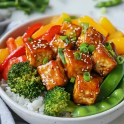 - 1 block (14 oz) firm tofu, pressed and cubed - 2 tablespoons honey - 3 tablespoons soy sauce (or tamari for gluten-free) - 2 tablespoons sesame oil - 1 tablespoon fresh ginger, minced - 3 cloves garlic, minced - 1 cup bell peppers (red and yellow), sliced - 1 cup broccoli florets - 1 cup snap peas - 2 green onions, sliced - 1 tablespoon cornstarch (optional for extra crispiness) - Sesame seeds for garnish - Cooked rice or quinoa, for serving If you need a gluten-free option, use tamari instead of soy sauce. You can swap honey for maple syrup to make it vegan. You can also change the vegetables as needed. Try zucchini or carrots if you prefer. For a nut allergy, check your sesame oil. Use sunflower oil instead. - Non-stick skillet or wok - Mixing bowl for marinating - Knife and cutting board - Measuring spoons - Spatula for stirring - Serving dishes for rice or quinoa Using the right tools makes the cooking process smooth and fun. Enjoy cooking your Honey Garlic Tofu Stir Fry! {{ingredient_image_1}} Start by pressing the tofu. Place the block of tofu on a plate. Add another plate on top. Use a weight, like a can, to press it down. Let it sit for at least 15 minutes. This helps remove extra moisture. Once done, cut the tofu into bite-sized cubes. Aim for about one-inch pieces. This size helps the tofu cook evenly. In a large mixing bowl, mix honey, soy sauce, sesame oil, minced ginger, and minced garlic. Stir the mix until it is smooth. Add the cubed tofu to the bowl. Gently toss the tofu to coat it well. Let it marinate for at least 10 minutes. This step makes the tofu flavorful. You can also marinate it longer for more taste. Heat a non-stick skillet or wok over medium-high heat. If you want crispy tofu, toss the marinated cubes in cornstarch. Add the tofu to the hot skillet. Cook for about 5-6 minutes. Turn the tofu occasionally for even browning. It should look golden and slightly crispy. Once done, take the tofu out and set it aside. Next, add sliced bell peppers, broccoli florets, and snap peas to the same skillet. Stir-fry for 3-4 minutes. You want the veggies to be bright and slightly tender, but still crisp. After that, return the tofu to the skillet. Stir everything together. Drizzle any leftover marinade over the mix. Cook for another 2-3 minutes to allow the flavors to blend. Finally, remove from heat and garnish with sliced green onions and sesame seeds. Enjoy your meal hot over rice or quinoa! To make your tofu extra crispy, start with firm tofu. Press it well for 15 minutes. This method removes moisture. Less moisture means a crispier texture. After pressing, cut the tofu into small cubes. Toss these cubes in cornstarch before cooking. The cornstarch gives a nice crunch. Heat your skillet until it’s hot. Cook the tofu for 5-6 minutes. Turn them often, so they brown evenly. Want to boost the flavor? Consider adding a pinch of red pepper flakes for heat. You can also sprinkle some smoked paprika for a smoky taste. A dash of rice vinegar adds tang. If you like it sweet, try adding more honey. You can also swap soy sauce for coconut aminos for a milder flavor. Each of these will take your dish to the next level. I love serving my honey garlic tofu stir fry over rice or quinoa. Both add a nice base. You can use white rice, brown rice, or even cauliflower rice for a low-carb option. Quinoa adds protein and a nutty flavor. Garnish with sesame seeds and green onions for a pop of color. This makes the dish look even more appetizing. Enjoy it as a quick weeknight dinner or a meal prep option! Pro Tips Press the Tofu: Ensure you press the tofu for at least 15 minutes to remove excess moisture. This helps achieve a firmer texture and allows the tofu to absorb more flavor from the marinade. Marinate for Flavor: Allow the tofu to marinate for at least 15 minutes or longer if possible. This enhances the flavors and makes the dish more delicious. High Heat Cooking: Cooking the tofu and vegetables at medium-high heat helps to achieve a nice sear on the tofu and keeps the veggies crisp and vibrant. Customize Your Veggies: Feel free to swap out the vegetables for your favorites or whatever is in season. This recipe is versatile and can accommodate many different vegetables! {{image_2}} You can change the veggies in your stir fry for new flavors. Try using: - Zucchini, sliced - Carrots, thinly sliced - Cauliflower florets - Mushrooms, diced - Spinach or kale, added at the end These swaps keep your meal fresh and tasty. Not a fan of tofu? There are great choices for protein: - Chicken breast, cubed - Shrimp, peeled and deveined - Beef, thinly sliced - Tempeh, cubed These options work well with the honey garlic sauce. Just adjust cooking times as needed. Feel free to switch up the sauce for different tastes. You can use: - Maple syrup instead of honey for a vegan option - Coconut aminos for a milder flavor - Sriracha for a spicy kick - Peanut butter for a creamy texture Experimenting with sauces can lead to exciting new dishes. To store your honey garlic tofu stir fry, let it cool first. Place it in an airtight container. You can keep it in the fridge for up to three days. Make sure to seal it tight to keep the flavors fresh. When you are ready to eat, check for any signs of spoilage first. You can freeze this stir fry too! Portion it into freezer-safe bags or containers. It can last for about three months in the freezer. When you want to enjoy it again, thaw it in the fridge overnight. This way, the tofu and veggies stay tasty. For the best reheating results, use a skillet. Heat a little oil over medium heat. Add the leftovers and stir until warm. This keeps the tofu crispy while warming the veggies. You can also use a microwave, but it may make the tofu soft. If you do use a microwave, cover it with a lid or a paper towel to trap moisture. Enjoy your quick meal! Yes, you can use maple syrup or agave nectar. These options work well. They provide a sweet taste similar to honey. Just swap them in a one-to-one ratio. Adjust the amount if you want more or less sweetness. This way, you keep the flavor balanced in your stir fry. To make this dish vegan, simply replace honey with maple syrup or agave nectar. Use tamari instead of soy sauce if you want it gluten-free. Check the labels on your ingredients to ensure they are vegan. This way, you can enjoy a tasty meal while sticking to your diet. This dish pairs well with cooked rice or quinoa. You can also serve it with steamed broccoli or a fresh salad. For added crunch, try some sesame crackers or spring rolls. These sides complement the stir fry and add variety to your meal. Enjoy experimenting with different combinations! This blog post covered how to make honey garlic tofu stir fry. You learned about the key ingredients and how to prepare them safely. I shared tips for cooking crispy tofu and ways to enhance the flavor. You can also explore variations and storage options for leftovers. In conclusion, try this dish with your favorite veggies and proteins. Enjoy the taste and health benefits it brings. Cooking can be fun, so don’t hesitate to experiment!