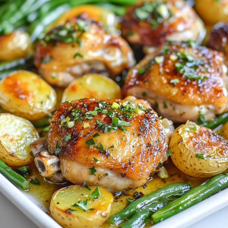 For a delicious Garlic Herb Chicken Sheet Pan Dinner, you need a few key items. Here’s what you will need: - 4 bone-in, skin-on chicken thighs - 1 pound baby potatoes, halved - 2 cups green beans, trimmed - 6 cloves garlic, minced - 1 lemon, zested and juiced - 3 tablespoons olive oil - 2 teaspoons dried Italian herbs (oregano, basil, thyme) - Salt and black pepper to taste - Fresh parsley, chopped (for garnish) Each ingredient plays a role in creating a tasty meal. The chicken thighs give you juicy meat. Baby potatoes add a filling element. Green beans provide a nice crunch and color. Garlic brings bold flavor, while lemon adds a fresh touch. Olive oil helps blend all the flavors. Dried Italian herbs tie it all together with savory notes. Salt and black pepper enhance every bite. Finally, fresh parsley gives a pop of color and freshness when you serve it. Gather these ingredients before you start cooking. It makes the process smooth and fun! {{ingredient_image_1}} First, you need to set your oven to 425°F (220°C). This high heat makes the chicken crispy and the veggies nice. While it heats, grab a large baking sheet and line it with parchment paper. This makes cleanup easy and helps keep the food from sticking. Next, let’s create a flavorful marinade. In a small bowl, mix 3 tablespoons of olive oil, 6 cloves of minced garlic, and the zest and juice of 1 lemon. Add 2 teaspoons of dried Italian herbs, salt, and black pepper. Whisk this together until it’s well combined. This mix will add so much flavor! Now, take 4 bone-in, skin-on chicken thighs and place them in a large mixing bowl. Pour half of the marinade over them. Toss well to coat every piece. Let the chicken sit for about 15 minutes. While it marinates, add 1 pound of halved baby potatoes and 2 cups of trimmed green beans to the same bowl. Drizzle the rest of the marinade over these veggies and toss to coat. This step ensures every bite is tasty! It’s time to arrange everything on your prepared baking sheet. Place the marinated chicken thighs skin side up on one side. Spread the potatoes and green beans on the other side. Make sure to give them space so they roast well. Put the baking sheet in the oven. Roast for about 30 to 35 minutes. You want the chicken to reach an internal temperature of 165°F (75°C). The veggies should become tender and slightly caramelized. If you like crispy chicken skin, broil it for 2 to 3 minutes at the end. Once done, take the sheet pan out of the oven. Let it rest for a few minutes. This helps keep the chicken juicy. Finally, sprinkle freshly chopped parsley on top for a burst of color and flavor. Now, you’re ready to serve this delightful meal! To get juicy chicken, start with bone-in, skin-on thighs. The bones keep the meat moist. Marinate the chicken for at least 15 minutes. This lets the flavors soak in. You can also let it sit longer in the fridge. Just cover it well. When roasting, check that the internal temperature hits 165°F. Use a meat thermometer for best results. For great roasted veggies, cut baby potatoes in half. This helps them cook evenly. Trim the green beans to remove the tough ends. Toss the veggies in the leftover marinade. This adds flavor and helps them roast nicely. Spread the vegetables out on the baking sheet. Avoid crowding them. This allows them to brown and caramelize. You can change the herbs for different tastes. Try fresh herbs if you have them. They bring bright flavors. Add a pinch of red pepper flakes for heat. If you like citrus, try adding orange zest. For a smokier taste, add smoked paprika. Feel free to swap in your favorite vegetables, too. Carrots, bell peppers, or zucchini work well! Pro Tips Marinate Longer: For even more flavor, marinate the chicken for up to an hour in the refrigerator. This allows the herbs and garlic to penetrate the meat more deeply. Choose Fresh Herbs: If you have fresh herbs on hand, feel free to substitute dried herbs with fresh ones. Use three times the amount of fresh herbs for a vibrant taste. Uniform Vegetable Sizes: Cut your potatoes and trim your green beans to similar sizes to ensure they cook evenly alongside the chicken. Resting Time: Allow the chicken to rest for 5-10 minutes after roasting. This helps the juices redistribute, making the chicken more tender and juicy. {{image_2}} You can switch out the green beans and potatoes. Try carrots, bell peppers, or zucchini. Each veggie adds a new taste and texture. Just remember to cut them into even pieces. This way, they all cook well together. Roasting time may change slightly, so keep an eye on them. Chicken thighs are great, but you can use other proteins. Bone-in chicken breasts work well too. For a lighter option, try skinless chicken. You can also use turkey thighs or drumsticks. If you prefer plant-based options, tofu or tempeh can be used. Make sure to marinate them for flavor. Want more heat? Add red pepper flakes to the marinade. You can start with a pinch and add more if you like spicy food. For a milder dish, reduce the garlic or herbs. Everyone’s taste is different, so adjust to what you enjoy. This dish should fit your flavor needs! After enjoying your Garlic Herb Chicken Sheet Pan Dinner, store any leftovers in an airtight container. Keep the chicken and vegetables together for best results. Place the container in the fridge. Your meal will stay fresh for up to four days. When you're ready to enjoy leftovers, preheat your oven to 350°F (175°C). Place the chicken and vegetables on a baking sheet. Cover them with foil to keep moisture in. Heat for about 20 minutes or until everything is warm. You can also use a microwave. Heat in short bursts, stirring often, until warm. To freeze leftovers, let the chicken and veggies cool completely. Then, place them in a freezer-safe container. Make sure to remove as much air as possible to prevent freezer burn. Your meal can last up to three months in the freezer. Thaw overnight in the fridge before reheating. Enjoy this tasty meal even later! Yes, you can use boneless chicken thighs. They cook faster than bone-in thighs. Just adjust the baking time. Aim for about 25-30 minutes of roasting. Check the internal temperature; it should reach 165°F. Use a meat thermometer to check the chicken. Insert it into the thickest part. If it reads 165°F, it's done. The juices should run clear, not pink. This ensures your chicken is safe to eat. You can serve this dish with a simple salad or some crusty bread. Rice or quinoa also pairs well. For a colorful plate, add roasted carrots or a seasonal veggie mix. These add flavor and nutrition. Yes, you can prepare it in advance. Marinate the chicken and veggies a few hours ahead or overnight. Store them in the fridge. When you’re ready, just roast them as the recipe directs. This saves time and boosts flavor! In this blog post, we explored a simple and tasty Garlic Herb Chicken Sheet Pan Dinner. We covered key ingredients like chicken thighs, potatoes, and green beans. I shared easy steps for marinating and roasting your meal. Plus, I provided tips to ensure your chicken is juicy and your veggies are perfectly roasted. Consider trying different proteins or spices for variety. Proper storage tips help you enjoy leftovers later. With this guide, you can create a delicious dinner that the whole family will love. Enjoy your cooking!