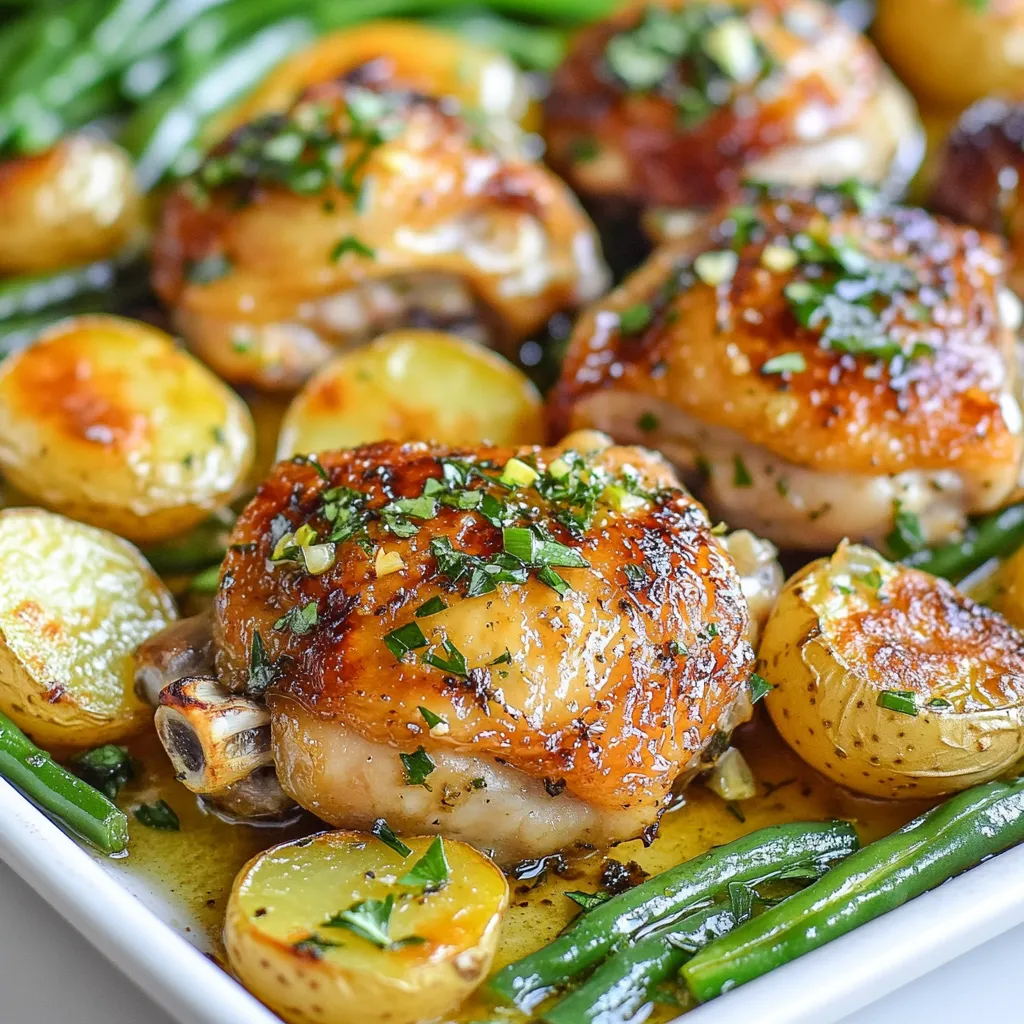 For a delicious Garlic Herb Chicken Sheet Pan Dinner, you need a few key items. Here’s what you will need: - 4 bone-in, skin-on chicken thighs - 1 pound baby potatoes, halved - 2 cups green beans, trimmed - 6 cloves garlic, minced - 1 lemon, zested and juiced - 3 tablespoons olive oil - 2 teaspoons dried Italian herbs (oregano, basil, thyme) - Salt and black pepper to taste - Fresh parsley, chopped (for garnish) Each ingredient plays a role in creating a tasty meal. The chicken thighs give you juicy meat. Baby potatoes add a filling element. Green beans provide a nice crunch and color. Garlic brings bold flavor, while lemon adds a fresh touch. Olive oil helps blend all the flavors. Dried Italian herbs tie it all together with savory notes. Salt and black pepper enhance every bite. Finally, fresh parsley gives a pop of color and freshness when you serve it. Gather these ingredients before you start cooking. It makes the process smooth and fun! {{ingredient_image_1}} First, you need to set your oven to 425°F (220°C). This high heat makes the chicken crispy and the veggies nice. While it heats, grab a large baking sheet and line it with parchment paper. This makes cleanup easy and helps keep the food from sticking. Next, let’s create a flavorful marinade. In a small bowl, mix 3 tablespoons of olive oil, 6 cloves of minced garlic, and the zest and juice of 1 lemon. Add 2 teaspoons of dried Italian herbs, salt, and black pepper. Whisk this together until it’s well combined. This mix will add so much flavor! Now, take 4 bone-in, skin-on chicken thighs and place them in a large mixing bowl. Pour half of the marinade over them. Toss well to coat every piece. Let the chicken sit for about 15 minutes. While it marinates, add 1 pound of halved baby potatoes and 2 cups of trimmed green beans to the same bowl. Drizzle the rest of the marinade over these veggies and toss to coat. This step ensures every bite is tasty! It’s time to arrange everything on your prepared baking sheet. Place the marinated chicken thighs skin side up on one side. Spread the potatoes and green beans on the other side. Make sure to give them space so they roast well. Put the baking sheet in the oven. Roast for about 30 to 35 minutes. You want the chicken to reach an internal temperature of 165°F (75°C). The veggies should become tender and slightly caramelized. If you like crispy chicken skin, broil it for 2 to 3 minutes at the end. Once done, take the sheet pan out of the oven. Let it rest for a few minutes. This helps keep the chicken juicy. Finally, sprinkle freshly chopped parsley on top for a burst of color and flavor. Now, you’re ready to serve this delightful meal! To get juicy chicken, start with bone-in, skin-on thighs. The bones keep the meat moist. Marinate the chicken for at least 15 minutes. This lets the flavors soak in. You can also let it sit longer in the fridge. Just cover it well. When roasting, check that the internal temperature hits 165°F. Use a meat thermometer for best results. For great roasted veggies, cut baby potatoes in half. This helps them cook evenly. Trim the green beans to remove the tough ends. Toss the veggies in the leftover marinade. This adds flavor and helps them roast nicely. Spread the vegetables out on the baking sheet. Avoid crowding them. This allows them to brown and caramelize. You can change the herbs for different tastes. Try fresh herbs if you have them. They bring bright flavors. Add a pinch of red pepper flakes for heat. If you like citrus, try adding orange zest. For a smokier taste, add smoked paprika. Feel free to swap in your favorite vegetables, too. Carrots, bell peppers, or zucchini work well! Pro Tips Marinate Longer: For even more flavor, marinate the chicken for up to an hour in the refrigerator. This allows the herbs and garlic to penetrate the meat more deeply. Choose Fresh Herbs: If you have fresh herbs on hand, feel free to substitute dried herbs with fresh ones. Use three times the amount of fresh herbs for a vibrant taste. Uniform Vegetable Sizes: Cut your potatoes and trim your green beans to similar sizes to ensure they cook evenly alongside the chicken. Resting Time: Allow the chicken to rest for 5-10 minutes after roasting. This helps the juices redistribute, making the chicken more tender and juicy. {{image_2}} You can switch out the green beans and potatoes. Try carrots, bell peppers, or zucchini. Each veggie adds a new taste and texture. Just remember to cut them into even pieces. This way, they all cook well together. Roasting time may change slightly, so keep an eye on them. Chicken thighs are great, but you can use other proteins. Bone-in chicken breasts work well too. For a lighter option, try skinless chicken. You can also use turkey thighs or drumsticks. If you prefer plant-based options, tofu or tempeh can be used. Make sure to marinate them for flavor. Want more heat? Add red pepper flakes to the marinade. You can start with a pinch and add more if you like spicy food. For a milder dish, reduce the garlic or herbs. Everyone’s taste is different, so adjust to what you enjoy. This dish should fit your flavor needs! After enjoying your Garlic Herb Chicken Sheet Pan Dinner, store any leftovers in an airtight container. Keep the chicken and vegetables together for best results. Place the container in the fridge. Your meal will stay fresh for up to four days. When you're ready to enjoy leftovers, preheat your oven to 350°F (175°C). Place the chicken and vegetables on a baking sheet. Cover them with foil to keep moisture in. Heat for about 20 minutes or until everything is warm. You can also use a microwave. Heat in short bursts, stirring often, until warm. To freeze leftovers, let the chicken and veggies cool completely. Then, place them in a freezer-safe container. Make sure to remove as much air as possible to prevent freezer burn. Your meal can last up to three months in the freezer. Thaw overnight in the fridge before reheating. Enjoy this tasty meal even later! Yes, you can use boneless chicken thighs. They cook faster than bone-in thighs. Just adjust the baking time. Aim for about 25-30 minutes of roasting. Check the internal temperature; it should reach 165°F. Use a meat thermometer to check the chicken. Insert it into the thickest part. If it reads 165°F, it's done. The juices should run clear, not pink. This ensures your chicken is safe to eat. You can serve this dish with a simple salad or some crusty bread. Rice or quinoa also pairs well. For a colorful plate, add roasted carrots or a seasonal veggie mix. These add flavor and nutrition. Yes, you can prepare it in advance. Marinate the chicken and veggies a few hours ahead or overnight. Store them in the fridge. When you’re ready, just roast them as the recipe directs. This saves time and boosts flavor! In this blog post, we explored a simple and tasty Garlic Herb Chicken Sheet Pan Dinner. We covered key ingredients like chicken thighs, potatoes, and green beans. I shared easy steps for marinating and roasting your meal. Plus, I provided tips to ensure your chicken is juicy and your veggies are perfectly roasted. Consider trying different proteins or spices for variety. Proper storage tips help you enjoy leftovers later. With this guide, you can create a delicious dinner that the whole family will love. Enjoy your cooking!