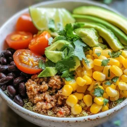 To make Cilantro Lime Turkey Taco Bowls, gather these key ingredients: - 1 lb ground turkey - 1 tablespoon olive oil - 1 small onion, finely chopped - 2 cloves garlic, minced - 1 tablespoon chili powder - 1 teaspoon cumin - 1 teaspoon smoked paprika - Salt and pepper to taste - Juice and zest of 2 limes - 1 cup quinoa or brown rice, cooked - 1 can black beans, drained and rinsed - 1 cup corn (frozen or canned) - 1 cup cherry tomatoes, halved - 1 avocado, diced - 1/2 cup fresh cilantro, chopped - Optional toppings: shredded cheese, sour cream, jalapeรฑos Fresh cilantro adds a bright flavor. Its taste is fresh and slightly citrusy. I love using it in this dish. The vibrant green color makes the bowl look great. When chopping cilantro, make sure to use the leaves and tender stems. They have the best flavor. You can also add some lime juice to enhance the herb's taste. This will give your taco bowl a zesty kick. You can customize your taco bowls with tasty toppings. Some great options include: - Shredded cheese: adds creaminess - Sour cream: gives a cool contrast - Jalapeรฑos: for a spicy kick Feel free to experiment with other toppings like salsa or fresh lime wedges. You can even swap the turkey for chicken or beef. The beauty of this recipe is its versatility. Enjoy mixing and matching your favorite flavors! {{ingredient_image_1}} First, heat 1 tablespoon of olive oil in a large skillet over medium heat. Once the oil is hot, add 1 small, finely chopped onion. Sautรฉ it for about 3-4 minutes until it turns translucent. Next, stir in 2 minced garlic cloves and cook for one more minute. This will bring out the garlic's strong flavor. Now, add 1 pound of ground turkey to the skillet. Use a spatula to break it up. Cook until the turkey is browned, which takes about 5-7 minutes. Season this mixture with 1 tablespoon of chili powder, 1 teaspoon of cumin, 1 teaspoon of smoked paprika, salt, and pepper. Mix everything well. Then, pour in the juice and zest of 2 limes. Stir to combine and let it cook for another 2 minutes before removing it from heat. Grab a bowl or meal prep container. Start by layering the cooked quinoa or brown rice as the base. This will give your bowl a nice, hearty foundation. Next, spoon the seasoned turkey mixture over the rice. Then, add 1 can of drained and rinsed black beans, 1 cup of corn, and 1 cup of halved cherry tomatoes on top. For a fresh twist, add 1 diced avocado and 1/2 cup of chopped fresh cilantro. You can also sprinkle on any optional toppings you like, such as shredded cheese, sour cream, or sliced jalapeรฑos. This will make your bowl even more delicious and colorful. To cook quinoa, use a 2:1 water-to-quinoa ratio. Rinse the quinoa beforehand to remove bitterness. Bring the water to a boil, then lower the heat and cover. Cook for about 15 minutes until all the water is absorbed. Fluff it with a fork before using. For brown rice, use a 2.5:1 water-to-rice ratio. Bring the water to a boil, reduce the heat, and cover. Let it simmer for about 45 minutes. Check if itโs tender and fluffy. Let it sit for a few minutes before serving. These tips will help you achieve the best texture for your taco bowl. To boost flavor, use fresh herbs and spices. The main spices here are chili powder, cumin, and smoked paprika. These add warmth and depth. Lime juice and zest brighten the dish. For an extra kick, try adding a pinch of cayenne pepper. Fresh cilantro is key for that vibrant taste. Mix it in right before serving for the best flavor. One common mistake is overcooking the turkey. Cook it just until browned. This keeps it juicy and tender. Another mistake is not seasoning enough. Don't be shy with the salt and pepper. Taste as you cook to adjust. Lastly, avoid skipping the lime juice. It adds a refreshing zing that ties all the flavors together. For a fun presentation, serve in a large bowl. Layer the ingredients for a colorful display. Start with quinoa or rice, then add the turkey. Top with black beans, corn, and cherry tomatoes. Donโt forget the diced avocado and cilantro. For added creaminess, include sour cream or shredded cheese. Serve with lime wedges for a fresh squeeze right before eating. Pro Tips Use Fresh Ingredients: Whenever possible, opt for fresh herbs and vegetables to enhance the flavors of your taco bowls. Cook Quinoa Perfectly: Rinse quinoa before cooking to remove bitterness. Use a 2:1 water-to-quinoa ratio for fluffy results. Customize the Spice Level: Adjust the amount of chili powder and jalapeรฑos based on your heat preference for a personalized flavor. Make it a Meal Prep: These taco bowls store well in the fridge, making them perfect for meal prep. Just keep the avocado separate until serving. {{image_2}} You can easily swap ground turkey for other proteins. Ground chicken works well and keeps it light. If you like beef, use ground beef for a richer taste. For a different flavor, try ground pork. Each option changes the dish but keeps it tasty. Remember to adjust cooking times based on the protein you choose. If you want a vegetarian or vegan meal, replace the turkey with plant-based proteins. Crumbled tofu or tempeh makes a good substitute. You can also use black beans or lentils for a protein boost. This keeps the meal hearty and filling without meat. Just ensure the spices and lime still shine through. For a low-carb option, swap the quinoa or rice for cauliflower rice. It adds volume without the carbs. You can also skip the beans if you want to lower carbs further. Load up on veggies like bell peppers and zucchini for more nutrition. These changes make the meal lighter but still satisfying. You can store leftover cilantro lime turkey taco bowls in the fridge. Place the bowl in an airtight container. They will stay fresh for up to three days. Make sure to cool the bowls to room temperature before sealing. This helps keep them safe to eat later. If you want to keep the taco bowls for longer, freezing is a great option. Divide the turkey mixture from the bowl into smaller portions. Use freezer-safe bags or containers, and remove as much air as possible. You can freeze them for up to three months. Just remember to label each bag with the date. To reheat your turkey taco bowls, take them out of the fridge or freezer. If frozen, thaw them in the fridge overnight. For warming, use the microwave or stovetop. If using a microwave, heat in 30-second bursts until hot. On the stovetop, place in a pan over medium heat, stirring often. Enjoy your meal as if it was made fresh! It takes about 5 to 7 minutes to cook ground turkey in a skillet. Start by heating olive oil. Then, add chopped onion and sautรฉ until soft. Next, add minced garlic and cook for one more minute. Finally, add the turkey and break it up with a spatula. Cook until it turns brown. Yes, you can make this recipe ahead of time. Prepare the turkey mix and store it in the fridge. It stays good for up to three days. You can also cook the quinoa or rice ahead of time. Just warm everything up when you are ready to eat. Many sides go well with these bowls. Here are some great options: - Fresh guacamole - Crispy tortilla chips - A simple green salad - Spicy corn salad - Grilled vegetables These sides add flavor and texture to your meal, making it more enjoyable. We covered the key ingredients for your taco bowls, focusing on fresh herbs and optional toppings. I shared step-by-step instructions for cooking turkey and layering your bowl. I also offered tips for perfect quinoa or rice. You learned how to enhance flavors and avoid common mistakes. Plus, we explored various protein options and storage tips. Now you have everything you need to create delicious taco bowls at home. Enjoy experimenting with flavors and make this recipe your own!