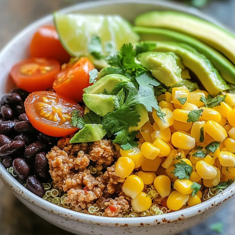 To make Cilantro Lime Turkey Taco Bowls, gather these key ingredients: - 1 lb ground turkey - 1 tablespoon olive oil - 1 small onion, finely chopped - 2 cloves garlic, minced - 1 tablespoon chili powder - 1 teaspoon cumin - 1 teaspoon smoked paprika - Salt and pepper to taste - Juice and zest of 2 limes - 1 cup quinoa or brown rice, cooked - 1 can black beans, drained and rinsed - 1 cup corn (frozen or canned) - 1 cup cherry tomatoes, halved - 1 avocado, diced - 1/2 cup fresh cilantro, chopped - Optional toppings: shredded cheese, sour cream, jalapeรฑos Fresh cilantro adds a bright flavor. Its taste is fresh and slightly citrusy. I love using it in this dish. The vibrant green color makes the bowl look great. When chopping cilantro, make sure to use the leaves and tender stems. They have the best flavor. You can also add some lime juice to enhance the herb's taste. This will give your taco bowl a zesty kick. You can customize your taco bowls with tasty toppings. Some great options include: - Shredded cheese: adds creaminess - Sour cream: gives a cool contrast - Jalapeรฑos: for a spicy kick Feel free to experiment with other toppings like salsa or fresh lime wedges. You can even swap the turkey for chicken or beef. The beauty of this recipe is its versatility. Enjoy mixing and matching your favorite flavors! {{ingredient_image_1}} First, heat 1 tablespoon of olive oil in a large skillet over medium heat. Once the oil is hot, add 1 small, finely chopped onion. Sautรฉ it for about 3-4 minutes until it turns translucent. Next, stir in 2 minced garlic cloves and cook for one more minute. This will bring out the garlic's strong flavor. Now, add 1 pound of ground turkey to the skillet. Use a spatula to break it up. Cook until the turkey is browned, which takes about 5-7 minutes. Season this mixture with 1 tablespoon of chili powder, 1 teaspoon of cumin, 1 teaspoon of smoked paprika, salt, and pepper. Mix everything well. Then, pour in the juice and zest of 2 limes. Stir to combine and let it cook for another 2 minutes before removing it from heat. Grab a bowl or meal prep container. Start by layering the cooked quinoa or brown rice as the base. This will give your bowl a nice, hearty foundation. Next, spoon the seasoned turkey mixture over the rice. Then, add 1 can of drained and rinsed black beans, 1 cup of corn, and 1 cup of halved cherry tomatoes on top. For a fresh twist, add 1 diced avocado and 1/2 cup of chopped fresh cilantro. You can also sprinkle on any optional toppings you like, such as shredded cheese, sour cream, or sliced jalapeรฑos. This will make your bowl even more delicious and colorful. To cook quinoa, use a 2:1 water-to-quinoa ratio. Rinse the quinoa beforehand to remove bitterness. Bring the water to a boil, then lower the heat and cover. Cook for about 15 minutes until all the water is absorbed. Fluff it with a fork before using. For brown rice, use a 2.5:1 water-to-rice ratio. Bring the water to a boil, reduce the heat, and cover. Let it simmer for about 45 minutes. Check if itโs tender and fluffy. Let it sit for a few minutes before serving. These tips will help you achieve the best texture for your taco bowl. To boost flavor, use fresh herbs and spices. The main spices here are chili powder, cumin, and smoked paprika. These add warmth and depth. Lime juice and zest brighten the dish. For an extra kick, try adding a pinch of cayenne pepper. Fresh cilantro is key for that vibrant taste. Mix it in right before serving for the best flavor. One common mistake is overcooking the turkey. Cook it just until browned. This keeps it juicy and tender. Another mistake is not seasoning enough. Don't be shy with the salt and pepper. Taste as you cook to adjust. Lastly, avoid skipping the lime juice. It adds a refreshing zing that ties all the flavors together. For a fun presentation, serve in a large bowl. Layer the ingredients for a colorful display. Start with quinoa or rice, then add the turkey. Top with black beans, corn, and cherry tomatoes. Donโt forget the diced avocado and cilantro. For added creaminess, include sour cream or shredded cheese. Serve with lime wedges for a fresh squeeze right before eating. Pro Tips Use Fresh Ingredients: Whenever possible, opt for fresh herbs and vegetables to enhance the flavors of your taco bowls. Cook Quinoa Perfectly: Rinse quinoa before cooking to remove bitterness. Use a 2:1 water-to-quinoa ratio for fluffy results. Customize the Spice Level: Adjust the amount of chili powder and jalapeรฑos based on your heat preference for a personalized flavor. Make it a Meal Prep: These taco bowls store well in the fridge, making them perfect for meal prep. Just keep the avocado separate until serving. {{image_2}} You can easily swap ground turkey for other proteins. Ground chicken works well and keeps it light. If you like beef, use ground beef for a richer taste. For a different flavor, try ground pork. Each option changes the dish but keeps it tasty. Remember to adjust cooking times based on the protein you choose. If you want a vegetarian or vegan meal, replace the turkey with plant-based proteins. Crumbled tofu or tempeh makes a good substitute. You can also use black beans or lentils for a protein boost. This keeps the meal hearty and filling without meat. Just ensure the spices and lime still shine through. For a low-carb option, swap the quinoa or rice for cauliflower rice. It adds volume without the carbs. You can also skip the beans if you want to lower carbs further. Load up on veggies like bell peppers and zucchini for more nutrition. These changes make the meal lighter but still satisfying. You can store leftover cilantro lime turkey taco bowls in the fridge. Place the bowl in an airtight container. They will stay fresh for up to three days. Make sure to cool the bowls to room temperature before sealing. This helps keep them safe to eat later. If you want to keep the taco bowls for longer, freezing is a great option. Divide the turkey mixture from the bowl into smaller portions. Use freezer-safe bags or containers, and remove as much air as possible. You can freeze them for up to three months. Just remember to label each bag with the date. To reheat your turkey taco bowls, take them out of the fridge or freezer. If frozen, thaw them in the fridge overnight. For warming, use the microwave or stovetop. If using a microwave, heat in 30-second bursts until hot. On the stovetop, place in a pan over medium heat, stirring often. Enjoy your meal as if it was made fresh! It takes about 5 to 7 minutes to cook ground turkey in a skillet. Start by heating olive oil. Then, add chopped onion and sautรฉ until soft. Next, add minced garlic and cook for one more minute. Finally, add the turkey and break it up with a spatula. Cook until it turns brown. Yes, you can make this recipe ahead of time. Prepare the turkey mix and store it in the fridge. It stays good for up to three days. You can also cook the quinoa or rice ahead of time. Just warm everything up when you are ready to eat. Many sides go well with these bowls. Here are some great options: - Fresh guacamole - Crispy tortilla chips - A simple green salad - Spicy corn salad - Grilled vegetables These sides add flavor and texture to your meal, making it more enjoyable. We covered the key ingredients for your taco bowls, focusing on fresh herbs and optional toppings. I shared step-by-step instructions for cooking turkey and layering your bowl. I also offered tips for perfect quinoa or rice. You learned how to enhance flavors and avoid common mistakes. Plus, we explored various protein options and storage tips. Now you have everything you need to create delicious taco bowls at home. Enjoy experimenting with flavors and make this recipe your own!