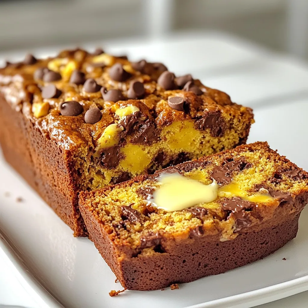 Here’s what you need for this tasty chocolate chip pumpkin bread: - 1 cup canned pumpkin puree - 1/2 cup granulated sugar - 1/2 cup packed brown sugar - 1/2 cup vegetable oil - 2 large eggs - 1 teaspoon vanilla extract - 1 1/2 cups all-purpose flour - 1 teaspoon baking soda - 1/2 teaspoon baking powder - 1 teaspoon ground cinnamon - 1/2 teaspoon ground nutmeg - 1/4 teaspoon ground ginger - 1/2 teaspoon salt - 3/4 cup semi-sweet chocolate chips - 1/2 cup chopped walnuts (optional) If you need to convert measurements, here are some handy tips: - 1 cup = 240 ml - 1/2 cup = 120 ml - 1 teaspoon = 5 ml - 1 tablespoon = 15 ml These conversions help you get the right amounts when you cook. You can swap some ingredients if needed: - Use applesauce instead of oil for a lighter bread. - Replace granulated sugar with coconut sugar for a healthier choice. - For a nut-free version, skip the walnuts or use sunflower seeds. - You can use gluten-free flour for a gluten-free option. - If you want it dairy-free, use dairy-free chocolate chips. These swaps let you enjoy the bread your way. {{ingredient_image_1}} First, I set my oven to 350°F (175°C). This step makes sure the oven is hot when we bake the bread. Next, I grab a 9x5 inch loaf pan. I grease it with butter or oil, or I line it with parchment paper. This helps the bread come out easily. In a large mixing bowl, I add 1 cup of canned pumpkin puree. I then pour in 1/2 cup of granulated sugar and 1/2 cup of brown sugar. I add 1/2 cup of vegetable oil, 2 large eggs, and 1 teaspoon of vanilla extract. I whisk everything together until it is smooth and creamy. This mix gives our bread its great flavor. Now, I take another bowl. I sift together 1 1/2 cups of all-purpose flour, 1 teaspoon of baking soda, and 1/2 teaspoon of baking powder. I also add 1 teaspoon of ground cinnamon, 1/2 teaspoon of ground nutmeg, 1/4 teaspoon of ground ginger, and 1/2 teaspoon of salt. This mix adds the right texture and taste. Next, I gently add the dry mix to the wet mix. I stir it slowly until just combined. I am careful not to overmix. Then, I fold in 3/4 cup of semi-sweet chocolate chips. If I want, I can also add 1/2 cup of chopped walnuts. This gives the bread a nice crunch and extra flavor. I pour the batter into the prepared loaf pan. I smooth the top with a spatula. Then, I bake the bread in the oven for about 55 to 65 minutes. To check if it’s done, I insert a toothpick into the center. If it comes out clean, the bread is ready. Once baked, I let it cool for 10 minutes in the pan. After that, I transfer it to a wire rack to cool completely. To get soft and moist pumpkin bread, follow these steps: - Use canned pumpkin puree; it’s smoother. - Don’t overmix your batter. Stir gently just until combined. - Let the bread cool in the pan for 10 minutes. This helps it set. Avoid these common errors to ensure success: - Don't skip the baking soda; it helps the bread rise. - Use fresh spices for better flavor. Old spices lose their taste. - Make sure your oven is preheated. This helps the bread bake evenly. To make your pumpkin bread even tastier, try these ideas: - Add a pinch of cloves for extra warmth. - Mix in some orange zest for a citrus twist. - Top with a cream cheese glaze or serve with butter. This adds richness and flavor. Pro Tips Use Fresh Spices: Freshly ground spices enhance the flavor of your pumpkin bread, making each bite more aromatic and delicious. Check for Doneness: Ovens can vary, so start checking your bread at 50 minutes. It’s done when a toothpick inserted in the center comes out clean. Cool Completely: Allow the bread to cool completely on a wire rack to ensure the texture remains soft and prevents sogginess. Experiment with Add-ins: Feel free to add dried fruits like cranberries or raisins for a twist, or swap walnuts for pecans for a different flavor. {{image_2}} To make this bread gluten-free, swap the all-purpose flour. Use a gluten-free blend instead. Look for a blend that includes xanthan gum. This gum helps bind the ingredients. The texture may change slightly but it will still taste great. You can easily make this bread vegan. Replace the eggs with flax eggs. To make one flax egg, mix one tablespoon of ground flaxseed with three tablespoons of water. Let it sit for a few minutes to thicken. Use plant-based oil instead of vegetable oil. This keeps the rich flavor while being dairy-free. Get creative with flavors! You can add nuts like pecans or walnuts. Dried fruits like cranberries or raisins work well too. For an extra chocolate kick, add more chocolate chips on top before baking. A sprinkle of pumpkin seeds can add a nice crunch. Enjoy experimenting with these fun additions! After you bake your chocolate chip pumpkin bread, let it cool completely. Once cool, wrap the bread in plastic wrap or aluminum foil. This keeps the bread moist and fresh. You can store it on the kitchen counter for up to three days. If you want to keep it longer, consider freezing it. To freeze your bread, slice it first. This makes it easy to grab a piece later. Wrap each slice in plastic wrap, then place them in a freezer bag. Be sure to remove as much air as possible. Your bread can last in the freezer for up to three months. When you want a slice, just thaw it in the fridge overnight. To reheat your bread, you have a few options. You can use the microwave for quick warming. Just place a slice on a plate and heat it for about 15-20 seconds. If you prefer a crispy crust, use the oven. Preheat it to 350°F (175°C) and heat the bread for about 10-15 minutes. Enjoy it warm with butter or a hot drink! Yes, you can use fresh pumpkin! Just cook and puree it first. Make sure you remove any water. Fresh pumpkin adds a great taste. It might change the texture a little, but it’s still yummy. To check if the bread is done, use a toothpick. Insert it in the center of the loaf. If it comes out clean, the bread is ready. If it has wet batter, bake it a bit longer. This bread is great on its own. You can serve it warm with butter. It pairs well with a hot cup of coffee or tea. For fun, top it with extra chocolate chips or walnuts for crunch. Chocolate chip pumpkin bread lasts about 3 to 4 days at room temperature. Store it in an airtight container to keep it fresh. If you want it to last longer, freeze it. It can stay good for up to 3 months in the freezer. You learned how to make Chocolate Chip Pumpkin Bread step by step. We covered ingredients, measurements, and substitutions. I shared tips to avoid common mistakes and improve texture. You also explored variations for gluten-free and vegan diets. Finally, we discussed storage and answered key questions. Now, you can bake delicious bread with ease. Trust your skills and enjoy your tasty creation. Happy baking!
