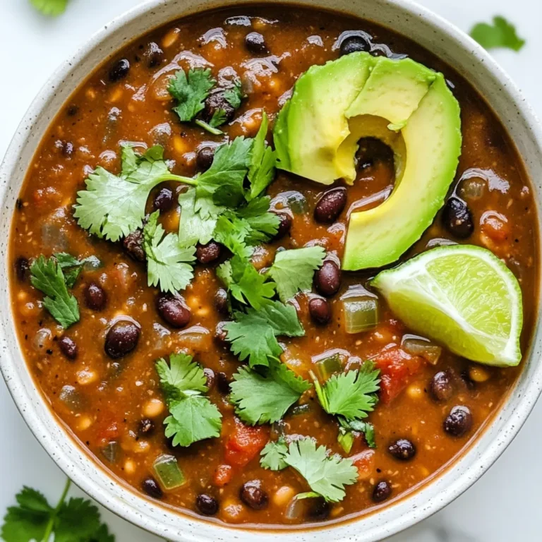 To make a great spicy black bean soup, gather these key ingredients: - 2 cups dried black beans (or 4 cans, drained and rinsed) - 1 medium onion, chopped - 3 cloves garlic, minced - 1 red bell pepper, diced - 1 jalapeño, seeded and minced - 1 teaspoon cumin - 1 teaspoon smoked paprika - 1/2 teaspoon cayenne pepper (adjust to taste) - 4 cups vegetable broth - 1 can (14.5 ounces) diced tomatoes with green chilies - 2 tablespoons olive oil - Salt and pepper to taste - 1 tablespoon lime juice Garnishes add flavor and color to your soup. Here are some tasty options: - Fresh cilantro - Avocado slices You can swap ingredients to fit your taste or what you have on hand: - Use canned black beans if you’re short on time. - Swap the red bell pepper for green or yellow. - Use fresh lime juice instead of bottled for better flavor. - If you don’t have smoked paprika, regular paprika works too. These swaps can keep your soup delicious while making it easier to prepare! {{ingredient_image_1}} To start, rinse your dried black beans well under cold water. Soak them overnight in a large bowl filled with water. This softens the beans and helps them cook faster. The next day, drain and rinse the beans again. This step is key for a great soup base. In a large pot, heat the olive oil over medium heat. Add the chopped onion and sauté for five minutes. You want the onion to turn translucent. Next, toss in the minced garlic, diced red bell pepper, and jalapeño. Cook these for another three to four minutes. You will notice the peppers softening and the aroma filling your kitchen. Now, it's time to add your spices. Stir in the cumin, smoked paprika, and cayenne pepper. Cook this mix for just one minute. This step helps release all the delicious aromas from the spices. If you are using the soaked dried beans, add them to the pot now along with the vegetable broth. Bring this mixture to a boil. After it boils, reduce the heat and let it simmer for about one hour. You want the beans to become tender. If you're using canned beans, skip to the next step. Once the beans are cooked, add the diced tomatoes with their juices. Let the soup simmer for another 15 minutes. If you're using canned black beans, combine them with the vegetable broth and diced tomatoes. Simmer this mix for about 20 minutes. This melds all the wonderful flavors together. Remove the soup from heat and stir in the lime juice. For a creamier texture, use an immersion blender. Puree a portion of the soup, but leave some beans whole. Finally, season with salt and pepper to taste. Serve your spicy black bean soup hot. Garnish with fresh cilantro and avocado slices for a beautiful finish. You can control the heat in your Spicy Black Bean Soup. Start with the jalapeño. If you prefer less heat, remove the seeds. For more spice, add extra cayenne pepper. Remember, you can always add more spice, but it's hard to take it out. Taste your soup as it cooks. This way, you can find your perfect balance. For a creamy soup, use an immersion blender. Blend part of the soup, leaving some beans whole. This gives a nice texture. If you want it creamier, add a splash of coconut milk or sour cream at the end. These ingredients enhance the flavor and add richness. Seasoning is key to a great soup. The cumin and smoked paprika give depth. Try adding a pinch of oregano or a bay leaf while it simmers. These spices add warmth and complexity. Don’t forget the lime juice! It brightens the flavors and balances the heat. Always taste before serving, adjusting salt and pepper as needed. Pro Tips Soak for Success: Soaking dried black beans overnight reduces cooking time and helps to achieve a creamier texture. Spice It Up: Adjust the amount of cayenne pepper based on your heat preference. Start with less and add more if needed. Blend to Perfection: Using an immersion blender allows you to control the texture of the soup. Blend to your desired creaminess! Fresh Garnish: Always garnish with fresh cilantro and avocado slices just before serving for the best flavor and presentation. {{image_2}} You can easily make this soup vegetarian or vegan. Start with vegetable broth, as in the recipe. Use canned black beans to save time. This soup is naturally plant-based, so enjoy it guilt-free. For extra nutrients, add more veggies like zucchini or corn. You can also toss in kale or spinach for a green boost. If you want more protein, consider adding cooked chicken or turkey. Shredded rotisserie chicken works great. For a vegetarian twist, add tofu or tempeh. These options add flavor and heartiness. Black beans provide protein too, making this a filling dish. You can also serve it with a side of quinoa for extra protein. Spices make this soup shine. Besides cumin and smoked paprika, try adding oregano or coriander. If you love heat, increase the cayenne pepper or add chili powder. For a different twist, mix in some fresh herbs, like cilantro or parsley. You can also squeeze in some lime juice for a zesty kick. Each spice adds depth to the rich flavors. After you make your spicy black bean soup, let it cool. Once cool, transfer it to an airtight container. Store it in your fridge. It will stay fresh for about 3 to 5 days. Before serving, stir the soup well to mix the flavors. If you want to keep it longer, you can freeze the soup. Pour the cooled soup into freezer-safe bags or containers. Make sure to leave some space at the top for the soup to expand. It can last in the freezer for up to 3 months. To use it, just thaw it overnight in the fridge. When you’re ready to enjoy your soup again, you can reheat it in a few ways. For the best taste, warm it on the stove over medium heat. Stir often until it is hot. You can also use a microwave. Place it in a microwave-safe bowl, cover it loosely, and heat in short bursts. Stir in between until hot. Enjoy your flavorful soup! To make this soup vegan, simply use vegetable broth. Avoid any animal products. You can also skip the cream or cheese if you're used to adding those. The spices and veggies bring plenty of flavor. Trust me, you won't miss the meat! Yes, you can use a slow cooker! Just add all the ingredients to the pot. If you’re using dried beans, soak them overnight first. Set your slow cooker on low for about 6-8 hours. For canned beans, cook for about 3-4 hours. It’s so easy! This soup pairs well with many sides. Here are some tasty ideas: - Cornbread for a sweet touch - Rice for a filling meal - A fresh salad for crunch - Tortilla chips for a fun crunch - Avocado slices for creaminess These choices will make your meal complete. Enjoy! You learned about key ingredients, step-by-step instructions, and helpful tips for making Spicy Black Bean Soup. I shared ways to tweak the recipe, so it fits your taste. You can make variations for different diets or add flavors you love. Remember to store and reheat it properly for the best taste. With these insights, you can create a delicious soup that warms you up and delights your palate. Enjoy your cooking adventure!