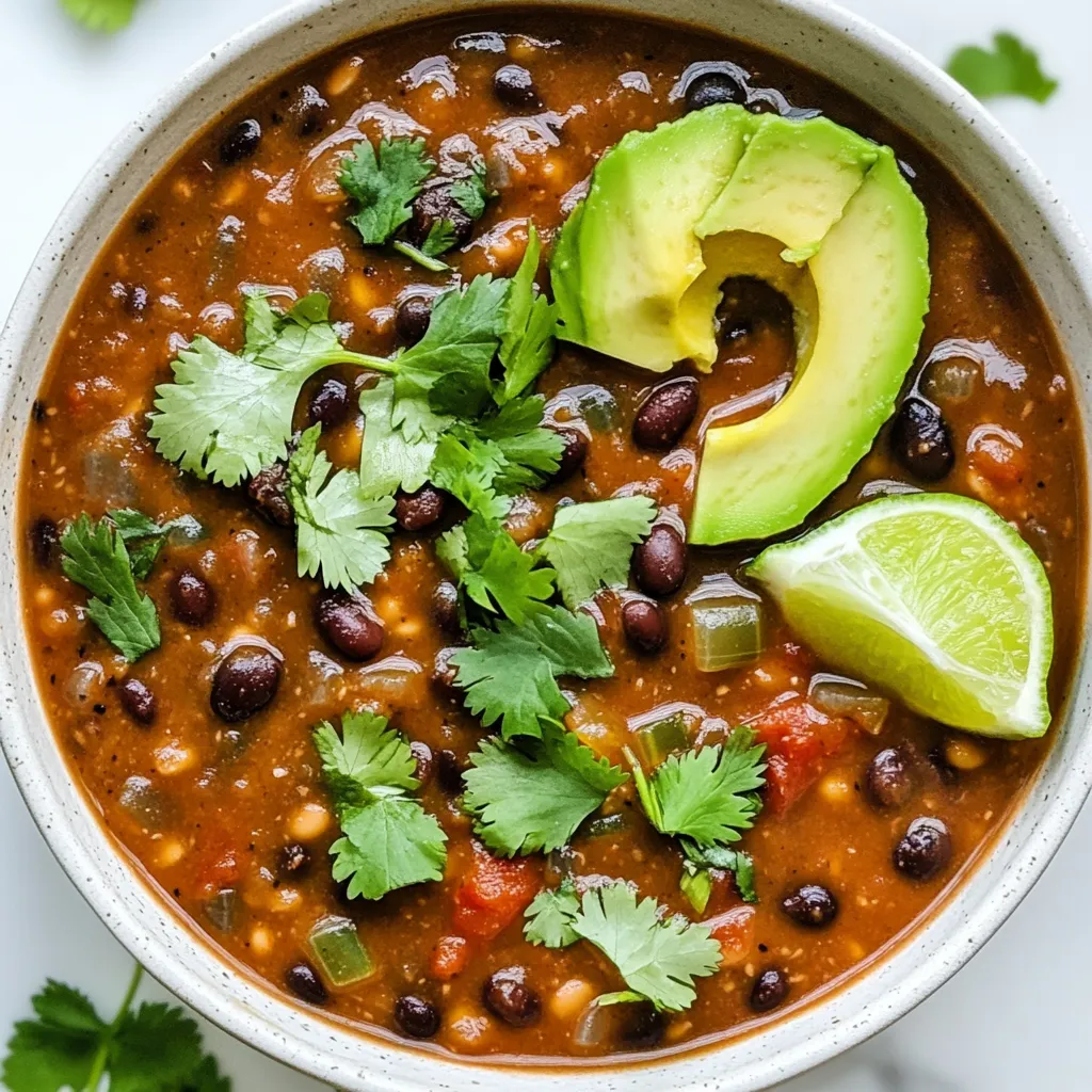 To make a great spicy black bean soup, gather these key ingredients: - 2 cups dried black beans (or 4 cans, drained and rinsed) - 1 medium onion, chopped - 3 cloves garlic, minced - 1 red bell pepper, diced - 1 jalapeño, seeded and minced - 1 teaspoon cumin - 1 teaspoon smoked paprika - 1/2 teaspoon cayenne pepper (adjust to taste) - 4 cups vegetable broth - 1 can (14.5 ounces) diced tomatoes with green chilies - 2 tablespoons olive oil - Salt and pepper to taste - 1 tablespoon lime juice Garnishes add flavor and color to your soup. Here are some tasty options: - Fresh cilantro - Avocado slices You can swap ingredients to fit your taste or what you have on hand: - Use canned black beans if you’re short on time. - Swap the red bell pepper for green or yellow. - Use fresh lime juice instead of bottled for better flavor. - If you don’t have smoked paprika, regular paprika works too. These swaps can keep your soup delicious while making it easier to prepare! {{ingredient_image_1}} To start, rinse your dried black beans well under cold water. Soak them overnight in a large bowl filled with water. This softens the beans and helps them cook faster. The next day, drain and rinse the beans again. This step is key for a great soup base. In a large pot, heat the olive oil over medium heat. Add the chopped onion and sauté for five minutes. You want the onion to turn translucent. Next, toss in the minced garlic, diced red bell pepper, and jalapeño. Cook these for another three to four minutes. You will notice the peppers softening and the aroma filling your kitchen. Now, it's time to add your spices. Stir in the cumin, smoked paprika, and cayenne pepper. Cook this mix for just one minute. This step helps release all the delicious aromas from the spices. If you are using the soaked dried beans, add them to the pot now along with the vegetable broth. Bring this mixture to a boil. After it boils, reduce the heat and let it simmer for about one hour. You want the beans to become tender. If you're using canned beans, skip to the next step. Once the beans are cooked, add the diced tomatoes with their juices. Let the soup simmer for another 15 minutes. If you're using canned black beans, combine them with the vegetable broth and diced tomatoes. Simmer this mix for about 20 minutes. This melds all the wonderful flavors together. Remove the soup from heat and stir in the lime juice. For a creamier texture, use an immersion blender. Puree a portion of the soup, but leave some beans whole. Finally, season with salt and pepper to taste. Serve your spicy black bean soup hot. Garnish with fresh cilantro and avocado slices for a beautiful finish. You can control the heat in your Spicy Black Bean Soup. Start with the jalapeño. If you prefer less heat, remove the seeds. For more spice, add extra cayenne pepper. Remember, you can always add more spice, but it's hard to take it out. Taste your soup as it cooks. This way, you can find your perfect balance. For a creamy soup, use an immersion blender. Blend part of the soup, leaving some beans whole. This gives a nice texture. If you want it creamier, add a splash of coconut milk or sour cream at the end. These ingredients enhance the flavor and add richness. Seasoning is key to a great soup. The cumin and smoked paprika give depth. Try adding a pinch of oregano or a bay leaf while it simmers. These spices add warmth and complexity. Don’t forget the lime juice! It brightens the flavors and balances the heat. Always taste before serving, adjusting salt and pepper as needed. Pro Tips Soak for Success: Soaking dried black beans overnight reduces cooking time and helps to achieve a creamier texture. Spice It Up: Adjust the amount of cayenne pepper based on your heat preference. Start with less and add more if needed. Blend to Perfection: Using an immersion blender allows you to control the texture of the soup. Blend to your desired creaminess! Fresh Garnish: Always garnish with fresh cilantro and avocado slices just before serving for the best flavor and presentation. {{image_2}} You can easily make this soup vegetarian or vegan. Start with vegetable broth, as in the recipe. Use canned black beans to save time. This soup is naturally plant-based, so enjoy it guilt-free. For extra nutrients, add more veggies like zucchini or corn. You can also toss in kale or spinach for a green boost. If you want more protein, consider adding cooked chicken or turkey. Shredded rotisserie chicken works great. For a vegetarian twist, add tofu or tempeh. These options add flavor and heartiness. Black beans provide protein too, making this a filling dish. You can also serve it with a side of quinoa for extra protein. Spices make this soup shine. Besides cumin and smoked paprika, try adding oregano or coriander. If you love heat, increase the cayenne pepper or add chili powder. For a different twist, mix in some fresh herbs, like cilantro or parsley. You can also squeeze in some lime juice for a zesty kick. Each spice adds depth to the rich flavors. After you make your spicy black bean soup, let it cool. Once cool, transfer it to an airtight container. Store it in your fridge. It will stay fresh for about 3 to 5 days. Before serving, stir the soup well to mix the flavors. If you want to keep it longer, you can freeze the soup. Pour the cooled soup into freezer-safe bags or containers. Make sure to leave some space at the top for the soup to expand. It can last in the freezer for up to 3 months. To use it, just thaw it overnight in the fridge. When you’re ready to enjoy your soup again, you can reheat it in a few ways. For the best taste, warm it on the stove over medium heat. Stir often until it is hot. You can also use a microwave. Place it in a microwave-safe bowl, cover it loosely, and heat in short bursts. Stir in between until hot. Enjoy your flavorful soup! To make this soup vegan, simply use vegetable broth. Avoid any animal products. You can also skip the cream or cheese if you're used to adding those. The spices and veggies bring plenty of flavor. Trust me, you won't miss the meat! Yes, you can use a slow cooker! Just add all the ingredients to the pot. If you’re using dried beans, soak them overnight first. Set your slow cooker on low for about 6-8 hours. For canned beans, cook for about 3-4 hours. It’s so easy! This soup pairs well with many sides. Here are some tasty ideas: - Cornbread for a sweet touch - Rice for a filling meal - A fresh salad for crunch - Tortilla chips for a fun crunch - Avocado slices for creaminess These choices will make your meal complete. Enjoy! You learned about key ingredients, step-by-step instructions, and helpful tips for making Spicy Black Bean Soup. I shared ways to tweak the recipe, so it fits your taste. You can make variations for different diets or add flavors you love. Remember to store and reheat it properly for the best taste. With these insights, you can create a delicious soup that warms you up and delights your palate. Enjoy your cooking adventure!