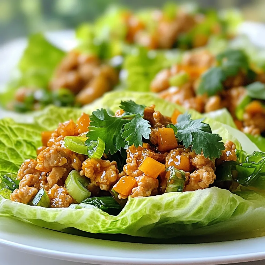 - 1 lb (450g) ground chicken - 1/4 cup creamy peanut butter - 2 tablespoons soy sauce - 1 tablespoon honey - 1 tablespoon sriracha (adjust to taste) The main ingredients in Spicy Peanut Chicken Lettuce Wraps create a bold flavor. Ground chicken is the base. It cooks quickly and absorbs all the sauces well. Creamy peanut butter adds richness. Soy sauce gives a salty depth. Honey balances the heat, while sriracha adds a spicy kick. Adjust sriracha to your taste for the right heat level. - 1 tablespoon lime juice - 1 tablespoon sesame oil - 1/2 cup water chestnuts, diced - 1/4 cup green onions, sliced - 1/4 cup chopped cilantro - 1 head of butter or iceberg lettuce, leaves separated The additional ingredients enhance texture and brightness. Lime juice adds a refreshing zing. Sesame oil brings a nutty flavor to the dish. Diced water chestnuts give a satisfying crunch. Green onions and cilantro add freshness and color. Use butter or iceberg lettuce for sturdy wraps. They hold the chicken mixture well. - Salt and pepper Seasoning is crucial for taste. Salt enhances flavors, while pepper adds a slight bite. Adjust these seasonings to your liking. A little goes a long way. Remember, you can always add more but can't take it out. {{ingredient_image_1}} First, heat sesame oil in a large skillet over medium heat. Once the oil is hot, add the ground chicken. Cook it for about 5-7 minutes. Stir often until the chicken turns golden brown. Make sure the chicken is fully cooked and no longer pink. Next, lower the heat to medium-low. Add the creamy peanut butter into the pan. Then, pour in the soy sauce, honey, sriracha, and lime juice. Stir well until everything combines. Heat this mixture for about 2 minutes. It should be warm and smooth. Now, add the diced water chestnuts to the chicken mix. Cook for an extra 2 minutes. This step gives a nice crunch to your filling. Afterward, remove the pan from the heat. Stir in the sliced green onions and chopped cilantro. Season with salt and pepper to taste. To make your wraps just right, adjust the sriracha. Start with a little, then taste. If you want more heat, add a bit more. Balancing flavors is key. The peanut butter brings creaminess. Honey adds sweetness. Lime juice gives a zesty kick. Always taste and tweak as you mix. For a fun look, arrange your filled lettuce wraps on a nice platter. Garnish with extra cilantro. Add lime wedges on the side for color and freshness. This makes your dish pop at parties. Everyone will want to grab a wrap! To keep your chicken juicy, avoid overcooking. Cook it just until no longer pink. Stir it often. For crunchy water chestnuts, add them at the end. This keeps their texture. Cook them for just a couple of minutes to warm them through. Enjoy the crunch in every bite! Pro Tips Adjust the Spice Level: Feel free to modify the amount of sriracha based on your heat preference. Start with less and add more if desired. Chop Ingredients Finely: Make sure to chop the water chestnuts and green onions finely to ensure even distribution and a better texture in each bite. Use Fresh Herbs: Fresh cilantro adds a burst of flavor. If you're not a fan, consider substituting with fresh mint or basil for a different twist. Keep Lettuce Crisp: To maintain the crispness of the lettuce leaves, rinse them in cold water and dry thoroughly before assembling your wraps. {{image_2}} You can easily make this dish fit your diet. For low-carb or keto-friendly wraps, use large cabbage leaves instead of lettuce. This swap keeps the crunch while cutting carbs. If you have allergies, try sunflower seed butter instead of peanut butter. It gives a nutty taste without the nuts. Ground chicken is great, but you can try turkey for a leaner option. If you prefer plant-based meals, tofu is a fantastic choice. Just crumble firm tofu and cook it like the chicken. You can also use tempeh or seitan for a meat-like texture. Want to mix things up? Try different sauces! Hoisin sauce adds sweetness and depth. For a tangy twist, use a bit of rice vinegar. You can also spice things up with chili flakes or fresh ginger. Experimenting with flavors keeps this dish exciting and fresh every time. To store leftovers, let the filling cool completely. Place it in an airtight container. You can keep it in the fridge for up to three days. After three days, the chicken may lose its taste and quality. For freezing, transfer the filling to a freezer-safe bag. Remove as much air as possible before sealing. This helps prevent freezer burn. The filling can stay fresh for about three months in the freezer. To thaw, move the bag to the fridge overnight. Reheat it on the stove over low heat, stirring often until hot. You can prepare the filling in advance for quick meals. Cook the chicken mixture and store it in the fridge. When ready to eat, just fill the lettuce leaves. This makes weeknight dinners fast and easy. You can also chop veggies like green onions and cilantro ahead of time. Keep them in separate containers for easy access. To make these wraps spicier, increase the sriracha. You can also add chopped chili peppers. Try using spicy peanut butter for an extra kick. Taste your mix as you go. This way, you find the heat level you love. Yes, you can use many types of lettuce. Butter lettuce is soft and easy to fold. Iceberg lettuce is crunchy and holds up well. Romaine can also work if you want more crunch. Each type gives a different texture. These wraps pair well with rice or quinoa. You can also serve them with a side salad. Fresh fruit adds a nice touch, too. For a fun twist, try spring rolls or a dipping sauce on the side. These wraps stay fresh in the fridge for about 2-3 days. Store the filling and lettuce separately. This keeps the lettuce crisp and the filling tasty. If you want to enjoy them later, don’t assemble until you’re ready to eat. This blog covered making Spicy Peanut Chicken Lettuce Wraps from start to finish. We explored main and extra ingredients, cooking steps, and tips for great flavor. You also learned variations for different diets and how to store leftovers. Overall, these wraps are tasty and fun to make. Enjoy creating your own versions and impressing friends and family with this easy dish. Happy cooking!