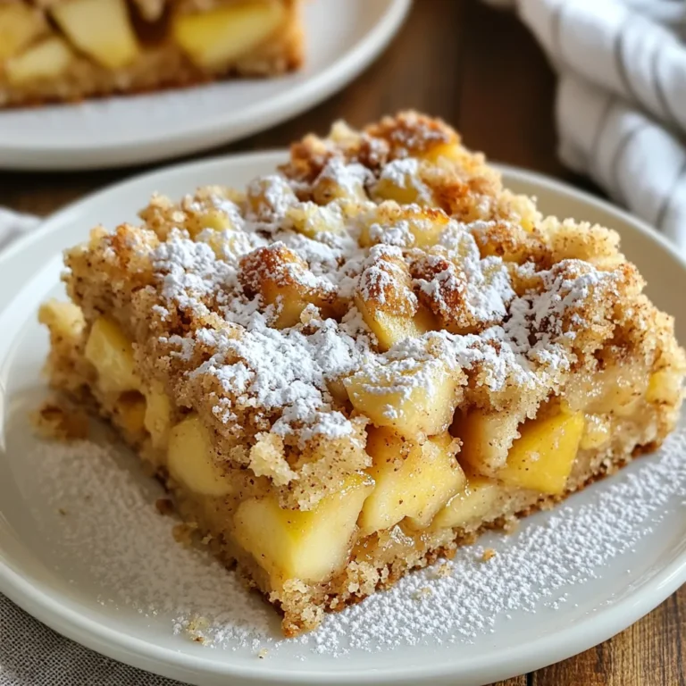 - 2 large apples (Granny Smith or Honeycrisp), peeled and diced - 1 cup granulated sugar - 1/2 cup unsalted butter, softened - 2 large eggs - 1 teaspoon vanilla extract - 1 1/2 cups all-purpose flour - 1 teaspoon baking powder - 1 teaspoon baking soda - 1 teaspoon ground cinnamon - 1/2 teaspoon salt - 1/2 cup brown sugar - 1/2 cup rolled oats - 1/4 cup chopped walnuts (optional) - Additional cinnamon for sprinkling You can add some chopped walnuts for crunch. They bring a nice flavor. For extra spice, sprinkle more cinnamon on top before baking. You might also toss in some raisins or dried cranberries for a sweet twist. If you need a sugar substitute, try using coconut sugar or agave syrup. For egg replacements, use flaxseed meal or applesauce. If you're gluten-free, swap all-purpose flour for gluten-free flour blend. These swaps keep the cake tasting great while meeting your needs. {{ingredient_image_1}} First, we need to get our oven ready. Preheat it to 350°F (175°C). This step helps the cake bake evenly. Next, take a 9-inch square baking pan and grease it well. You can use butter or oil to coat the pan. Then, sprinkle a little flour on it to help the cake come out easily. In a mixing bowl, cream together the softened butter and granulated sugar. Mix them until they look light and fluffy. This process takes about 2 to 3 minutes. Next, add the eggs, one at a time. Make sure to mix well after each egg. Finally, stir in the vanilla extract for that lovely flavor. Now, it’s time to mix the dry ingredients. In another bowl, combine the all-purpose flour, baking powder, baking soda, ground cinnamon, and salt. Slowly add this dry mix to the wet ingredients. Mix just until combined; don’t overdo it! Gently fold in the diced apples until they are evenly spread in the batter. Pour the batter into the prepared pan and spread it out evenly. In a small bowl, mix the brown sugar, rolled oats, and chopped walnuts if you want to include them. Add a sprinkle of cinnamon to this crumble mix. Sprinkle it evenly over the batter in the pan. Now, it’s time to bake! Place the pan in the preheated oven. Bake for 35 to 40 minutes. Check the cake by inserting a toothpick in the center. If it comes out clean, your cake is ready! Let it cool in the pan for about 10 minutes. After that, transfer it to a wire rack to cool completely. Enjoy your delicious cake! To get the perfect texture, check the cake with a toothpick. Insert it into the center. If it comes out clean, your cake is ready. If there is batter on the toothpick, bake for a few more minutes. Keep an eye on the time, but trust your toothpick! Presentation makes a big difference. Slice the cake into squares when serving. Dust the top with powdered sugar for a lovely look. To make it even better, serve it warm alongside a scoop of vanilla ice cream. This adds a nice creamy touch. Many new bakers overmix the batter. This can make the cake tough. Mix just until combined. Also, remember to fold in the apples gently. This helps keep the apples intact and adds a nice burst of flavor in every bite. Pro Tips Choose the Right Apples: Granny Smith apples provide a nice tartness that balances the sweetness of the cake, while Honeycrisp adds a wonderful crunch and sweetness. Don’t Overmix the Batter: When combining the dry and wet ingredients, mix just until combined to keep the cake tender and fluffy. Add Extra Cinnamon: For an aromatic boost, sprinkle additional cinnamon on top of the crumble mixture before baking. Cool Properly: Allow the cake to cool in the pan for the first 10 minutes to help it set better before transferring it to a wire rack. {{image_2}} You can easily change the flavor of your cake. Add spices like nutmeg or ginger for warmth. A splash of almond extract gives a nice twist. You can even add a bit of orange zest to brighten up the flavor. Just remember, start with small amounts and taste as you go. If you need a gluten-free option, swap the all-purpose flour for a gluten-free blend. Many blends work well in cakes. For a dairy-free version, use coconut oil or a dairy-free butter substitute. Replace the eggs with flax eggs or applesauce. This keeps your cake moist and tasty, too. While apples shine in this recipe, other fruits work well, too. Try pears for a softer bite. Berries like blueberries or raspberries add a burst of flavor. You can even mix different fruits for a colorful treat. Just cut them into small pieces for even baking. To keep your Cinnamon Apple Crumb Cake fresh, store it in an airtight container. This helps prevent it from drying out. You can also cover it tightly with plastic wrap. Place it in a cool, dry place, away from sunlight. The cake stays tasty for about three days at room temperature. If you want to keep it longer, refrigeration is a good option. Freezing this cake is simple. First, let it cool completely. Then, slice it into squares for easier serving. Wrap each piece tightly in plastic wrap. Place the wrapped pieces in a freezer-safe bag. Remove as much air as you can before sealing. This cake can freeze well for up to three months. When you're ready to enjoy it, just take out a piece and let it thaw overnight in the fridge. To reheat your cake, preheat your oven to 350°F (175°C). Place the cake on a baking sheet. Cover it loosely with aluminum foil to keep it moist. Heat for about 10 to 15 minutes, or until warm. You can also microwave a slice for about 20 to 30 seconds. This keeps the cake soft and tasty, just like fresh out of the oven. Enjoy your warm Cinnamon Apple Crumb Cake as a delightful treat. Cinnamon Apple Crumb Cake can last for about 3 to 5 days when stored correctly. Keep it in an airtight container at room temperature. If you want to keep it longer, you can store it in the fridge for up to a week. However, the cake may dry out a bit in the fridge. To keep it moist, consider wrapping it tightly in plastic wrap. Yes, you can make this cake ahead of time! I suggest baking it a day before you plan to serve it. This way, the flavors meld nicely. You can also prepare the batter and crumb topping in advance. Just store them separately in the fridge. When ready to bake, combine and follow the baking steps as usual. This cake pairs well with many sides. Here are some great ideas: - A scoop of vanilla ice cream adds a creamy touch. - Whipped cream complements the cake's sweetness. - Hot coffee or tea enhances the flavors beautifully. - A drizzle of caramel sauce adds a rich finish. Try these pairings for a delightful experience! This article covered the key steps to make a delicious Cinnamon Apple Crumb Cake. We discussed the essential and optional ingredients, plus ideas for substitutions. You learned the step-by-step method, baking tips, and common mistakes to avoid. Flavor additions and storage options were also shared. Now, you have all you need to bake this delightful treat. Enjoy the process, share with friends, and savor every bite. Baking brings joy, so get in the kitchen and start creating!