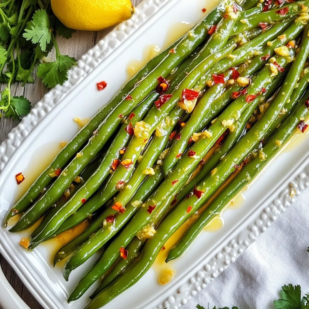 - 1 pound fresh green beans, trimmed - 4 tablespoons unsalted butter - 4 cloves garlic, minced - 1 teaspoon red pepper flakes (adjust to taste) - 1 tablespoon soy sauce Fresh green beans are the star of this dish. They give a crisp texture and bright color. I love using unsalted butter. It lets me control the salt and enhances the garlic flavor. Minced garlic adds a strong, rich taste. Red pepper flakes give the dish its heat, so adjust as you like. Soy sauce adds depth and umami to the beans. - Salt and pepper, to taste - Zest of 1 lemon - 1 tablespoon lemon juice - 2 tablespoons chopped fresh cilantro (for garnish) Seasoning with salt and pepper makes the flavors pop. Lemon zest brightens the dish with freshness. Lemon juice adds a tang that balances the richness of the butter. Chopped cilantro is a perfect garnish that adds a pop of color and flavor. {{ingredient_image_1}} To start, fill a large pot with water and add a good amount of salt. Bring this water to a rolling boil. Next, add 1 pound of fresh green beans. Let them cook for 2-3 minutes. You want them bright green and tender-crisp. After that, drain the beans. Quickly plunge them into a bowl of ice water. This stops the cooking and keeps them crunchy. Set the green beans aside once they cool. Now, grab a large skillet and put it on medium heat. Add 4 tablespoons of unsalted butter to the skillet. Let it melt slowly. Once melted, add 4 cloves of minced garlic and 1 teaspoon of red pepper flakes. Cook for 1-2 minutes. Make sure to watch the garlic closely. You don't want it to burn. The aroma will fill your kitchen! Time to bring everything together! Add the blanched green beans to the skillet. Toss them in the garlic butter until they are well-coated. Next, pour in 1 tablespoon of soy sauce. Mix everything until the beans are evenly seasoned. This adds a nice salty flavor. Cook the green beans for an extra 3-4 minutes. Stir them often to avoid sticking. After that, season with salt and pepper to taste. Now, add the zest and juice of 1 lemon. Toss everything again for a fresh burst of flavor. Remove the skillet from the heat. Transfer the green beans to a serving platter. Finally, sprinkle with chopped fresh cilantro for a beautiful garnish. Enjoy your spicy garlic butter green beans! To get that perfect crunch, start by blanching the green beans. First, boil salted water in a large pot. Then, add the trimmed beans and cook for just 2-3 minutes. You want them bright green and tender-crisp. After blanching, drain the beans and plunge them into ice water. This stops the cooking and keeps them crunchy. You can adjust the spice levels to fit your taste. If you like heat, add more red pepper flakes. If you prefer mild, use less. You can also experiment with other seasonings. Try adding garlic powder, onion powder, or even a splash of vinegar for zing. Spicy garlic butter green beans pair well with roasted chicken or grilled fish. They add color and flavor to any plate. For presentation, serve them on a white platter. This makes the bright green beans pop. Drizzle any leftover garlic butter over them for extra richness. Adding lemon wedges on the side also brightens up the dish. Pro Tips Blanching Technique: Ensure the water is fully boiling before adding the green beans for the best texture. This helps maintain their vibrant color and crispness. Garlic Cooking: Stir the garlic continuously when cooking to prevent it from burning, which can give a bitter taste to the dish. Adjusting Spice Level: Start with a smaller amount of red pepper flakes and taste as you go. You can always add more for extra heat! Fresh Herbs: For a more robust flavor, try adding fresh basil or parsley alongside the cilantro for an aromatic twist. {{image_2}} You can change things up by using different veggies. Instead of green beans, try snap peas or asparagus. Both add a nice crunch and flavor. You can also use frozen green beans when fresh ones aren't in season. When it comes to butter, you can switch to ghee for a nutty taste. If you want a lighter option, try olive oil. It gives a different flavor but still works well. For those who like heat, add jalapeños or serrano peppers. They really boost the spice level. You can also mix in some crushed red pepper for extra kick. Another fun idea is to toss in nuts like sliced almonds or toasted pecans. They add crunch and a new texture. This makes the dish even more interesting. If you want a vegan or dairy-free version, replace the butter with coconut oil. This keeps the dish rich and tasty without dairy. For those avoiding gluten, check the soy sauce. Use a gluten-free version to keep it safe. You can also try tamari, which has a similar flavor. To keep your spicy garlic butter green beans fresh, store them in the fridge. Use an airtight container. They will stay good for about 3 to 5 days. Make sure the beans have cooled down before sealing. This helps keep them crisp. If you notice any moisture inside the container, dry it out with a paper towel. For long-term storage, you can freeze these green beans. First, let them cool completely. Then, place them in a freezer-safe bag. Remove as much air as possible to prevent freezer burn. Label the bag with the date. These beans can last for up to 3 months in the freezer. When you're ready to use them, just pull them out and thaw overnight in the fridge. Reheating is key to keeping the flavor and texture. The best way is to use a skillet. Heat it over medium heat, add a splash of water or extra butter, and toss in the green beans. Stir for about 3 to 5 minutes until heated through. This method helps them stay tender and flavorful. You can also microwave them, but be careful not to overcook. Yes, you can use frozen green beans. However, they will have a different texture. Frozen beans often become softer when cooked. This may change how they taste and feel in your dish. If you use frozen beans, adjust the cooking time. Cook them just until heated through to keep some crunch. You can easily change the spice level. If you want it milder, use less red pepper flakes. For more heat, add more flakes or even some fresh chopped chili. You could also try a dash of hot sauce for a different kick. Taste as you go to get your perfect spice level. These green beans pair well with many dishes. Try serving them with grilled chicken or fish for a healthy meal. They also complement steak nicely. For a vegetarian option, serve with rice or quinoa. Adding a fresh salad can round out your meal beautifully. This post covered the key ingredients and steps for making spicy garlic butter green beans. We talked about blanching, preparing garlic butter, and seasoning for the perfect taste. You can even tweak flavors or swap veggies to suit your taste. These beans are not just easy to make; they are also delicious. I hope you try this recipe and enjoy it as much as I do. Happy cooking!