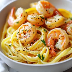 To make Lemon Garlic Butter Shrimp Linguine, you'll need these fresh ingredients: - 8 oz linguine pasta - 1 lb large shrimp, peeled and deveined - 4 tablespoons unsalted butter - 4 cloves garlic, minced - Zest of 1 lemon - 1/4 cup freshly squeezed lemon juice - 1/2 teaspoon red pepper flakes - Salt and pepper to taste - 1/4 cup chopped fresh parsley - Grated Parmesan cheese for serving (optional) Each ingredient plays a key role in creating this tasty dish. The linguine holds the sauce well. The shrimp adds a nice texture and flavor. Butter gives richness, while garlic provides a fragrant base. Lemon zest and juice add brightness and a refreshing zing. Red pepper flakes bring a hint of heat, which you can adjust. Fresh parsley adds color and freshness. Finally, Parmesan cheese can elevate the dish further, making it creamier and richer. Gather these ingredients before you start cooking. This way, you can flow smoothly through each step. Enjoy the process and the great flavors that follow! {{ingredient_image_1}} Start by boiling water in a large pot. Once itβs boiling, add the linguine pasta. Cook according to the package instructions until itβs al dente. This should take about 8-10 minutes. Drain the pasta but save about 1/2 cup of the pasta water. Set the pasta aside for later. In a big skillet, melt 4 tablespoons of unsalted butter over medium heat. Add 4 cloves of minced garlic and sautΓ© for about 1 minute. Make sure not to burn the garlic; it should smell great. Next, add the shrimp, 1/2 teaspoon of red pepper flakes, and sprinkle some salt and pepper. Cook the shrimp for about 2-3 minutes on each side until they turn pink. Once cooked, add the zest of 1 lemon and 1/4 cup of freshly squeezed lemon juice. Stir everything well. If the sauce is too thick, add a splash of the reserved pasta water to loosen it. Now, itβs time to bring it all together! Toss the cooked linguine into the skillet with the shrimp and sauce. Mix well so the pasta gets coated with the sauce. If it seems dry, add a bit more of the reserved pasta water. Remove the skillet from the heat and stir in 1/4 cup of chopped fresh parsley. This adds a nice touch of color and flavor. Serve hot, and if you like, top it with some grated Parmesan cheese. Enjoy your meal! Cook the shrimp for about 2-3 minutes on each side. You want them pink and opaque. If they cook too long, they become tough. Keep an eye on them, as they cook fast. Use large shrimp for the best size and flavor. After adding the lemon juice, check the sauce thickness. If itβs too thick, add a splash of reserved pasta water. This helps create a silky texture. The water adds flavor from the pasta. Always start with a little; you can add more if needed. Chop fresh parsley to add at the end. It gives a bright taste and color. You can also try basil or chives for a twist. Fresh herbs uplift the dish and add freshness. Consider mixing in some lemon zest for an extra kick. Pro Tips Use Fresh Shrimp: For the best flavor and texture, opt for fresh shrimp rather than frozen. If using frozen, ensure they are fully thawed and patted dry before cooking. Adjust Spice Level: Feel free to modify the amount of red pepper flakes based on your heat preference. Start with a small amount and increase gradually for a customizable kick. Reserve Pasta Water: The starchy pasta water is a great addition to the sauce. It helps to bind the sauce to the pasta and achieve a silky consistency. Add Extra Lemon: If you love a bright, zesty flavor, squeeze in more fresh lemon juice or add lemon slices as a garnish for extra freshness. {{image_2}} You can mix in vegetables for extra flavor and nutrition. Good choices include spinach, cherry tomatoes, or bell peppers. Start by adding them to the skillet with the garlic. Cook them until they soften, then add the shrimp. This adds color and makes the dish healthier. If you want to switch things up, try other proteins. Chicken or scallops work well. For chicken, cut it into bite-sized pieces and cook it the same way as the shrimp. For scallops, follow the shrimp cooking time. Both will add different tastes to your dish. While linguine is great, you can use other pasta types. Spaghetti, fettuccine, or even gluten-free pasta can work. Just follow the cooking time on the package. Each pasta brings its own charm to the dish, so feel free to experiment! After you enjoy your Lemon Garlic Butter Shrimp Linguine, store leftovers in an airtight container. Place it in the fridge within two hours to keep it fresh. It should last for up to three days. Make sure to keep it sealed tightly. This helps keep the flavors strong. When you are ready to eat the leftovers, reheat them on the stove. Use medium heat and a splash of water or broth to help moisten the dish. Stir it well until it's warm. You can also use a microwave if you prefer. Just cover it loosely to avoid drying out the pasta. If you want to save some for later, you can freeze it. But, I recommend freezing only the shrimp and sauce. Cooked pasta does not freeze well. Place the shrimp and sauce in a freezer-safe bag. Remove as much air as you can. It will stay good for about two months. When you're ready to eat, thaw it overnight in the fridge and then reheat. If you don't have linguine, you can use several other pasta types. Spaghetti or fettuccine works well. You can also try penne or farfalle. Just cook the pasta until al dente, just like linguine. Yes, you can make this dish gluten-free. Use gluten-free pasta instead of regular linguine. Many brands offer great gluten-free options. Just follow the cooking times on the package for best results. To add more heat, increase the red pepper flakes. You can also add fresh sliced jalapeΓ±os or a dash of hot sauce. Start small, then taste and adjust as needed. This way, you control the spice level to your liking. This blog post covered a tasty shrimp linguine recipe. We looked at ingredients, cooking steps, and tips for perfecting the dish. You learned how to store it and make easy variations. Cooking shrimp and pasta can be quick and fun. With these tips, you can impress anyone. Enjoy making this dish your own! Itβs time to try it out and savor every bite.