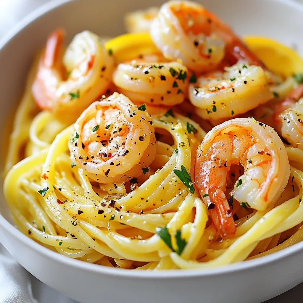 To make Lemon Garlic Butter Shrimp Linguine, you'll need these fresh ingredients: - 8 oz linguine pasta - 1 lb large shrimp, peeled and deveined - 4 tablespoons unsalted butter - 4 cloves garlic, minced - Zest of 1 lemon - 1/4 cup freshly squeezed lemon juice - 1/2 teaspoon red pepper flakes - Salt and pepper to taste - 1/4 cup chopped fresh parsley - Grated Parmesan cheese for serving (optional) Each ingredient plays a key role in creating this tasty dish. The linguine holds the sauce well. The shrimp adds a nice texture and flavor. Butter gives richness, while garlic provides a fragrant base. Lemon zest and juice add brightness and a refreshing zing. Red pepper flakes bring a hint of heat, which you can adjust. Fresh parsley adds color and freshness. Finally, Parmesan cheese can elevate the dish further, making it creamier and richer. Gather these ingredients before you start cooking. This way, you can flow smoothly through each step. Enjoy the process and the great flavors that follow! {{ingredient_image_1}} Start by boiling water in a large pot. Once it’s boiling, add the linguine pasta. Cook according to the package instructions until it’s al dente. This should take about 8-10 minutes. Drain the pasta but save about 1/2 cup of the pasta water. Set the pasta aside for later. In a big skillet, melt 4 tablespoons of unsalted butter over medium heat. Add 4 cloves of minced garlic and sauté for about 1 minute. Make sure not to burn the garlic; it should smell great. Next, add the shrimp, 1/2 teaspoon of red pepper flakes, and sprinkle some salt and pepper. Cook the shrimp for about 2-3 minutes on each side until they turn pink. Once cooked, add the zest of 1 lemon and 1/4 cup of freshly squeezed lemon juice. Stir everything well. If the sauce is too thick, add a splash of the reserved pasta water to loosen it. Now, it’s time to bring it all together! Toss the cooked linguine into the skillet with the shrimp and sauce. Mix well so the pasta gets coated with the sauce. If it seems dry, add a bit more of the reserved pasta water. Remove the skillet from the heat and stir in 1/4 cup of chopped fresh parsley. This adds a nice touch of color and flavor. Serve hot, and if you like, top it with some grated Parmesan cheese. Enjoy your meal! Cook the shrimp for about 2-3 minutes on each side. You want them pink and opaque. If they cook too long, they become tough. Keep an eye on them, as they cook fast. Use large shrimp for the best size and flavor. After adding the lemon juice, check the sauce thickness. If it’s too thick, add a splash of reserved pasta water. This helps create a silky texture. The water adds flavor from the pasta. Always start with a little; you can add more if needed. Chop fresh parsley to add at the end. It gives a bright taste and color. You can also try basil or chives for a twist. Fresh herbs uplift the dish and add freshness. Consider mixing in some lemon zest for an extra kick. Pro Tips Use Fresh Shrimp: For the best flavor and texture, opt for fresh shrimp rather than frozen. If using frozen, ensure they are fully thawed and patted dry before cooking. Adjust Spice Level: Feel free to modify the amount of red pepper flakes based on your heat preference. Start with a small amount and increase gradually for a customizable kick. Reserve Pasta Water: The starchy pasta water is a great addition to the sauce. It helps to bind the sauce to the pasta and achieve a silky consistency. Add Extra Lemon: If you love a bright, zesty flavor, squeeze in more fresh lemon juice or add lemon slices as a garnish for extra freshness. {{image_2}} You can mix in vegetables for extra flavor and nutrition. Good choices include spinach, cherry tomatoes, or bell peppers. Start by adding them to the skillet with the garlic. Cook them until they soften, then add the shrimp. This adds color and makes the dish healthier. If you want to switch things up, try other proteins. Chicken or scallops work well. For chicken, cut it into bite-sized pieces and cook it the same way as the shrimp. For scallops, follow the shrimp cooking time. Both will add different tastes to your dish. While linguine is great, you can use other pasta types. Spaghetti, fettuccine, or even gluten-free pasta can work. Just follow the cooking time on the package. Each pasta brings its own charm to the dish, so feel free to experiment! After you enjoy your Lemon Garlic Butter Shrimp Linguine, store leftovers in an airtight container. Place it in the fridge within two hours to keep it fresh. It should last for up to three days. Make sure to keep it sealed tightly. This helps keep the flavors strong. When you are ready to eat the leftovers, reheat them on the stove. Use medium heat and a splash of water or broth to help moisten the dish. Stir it well until it's warm. You can also use a microwave if you prefer. Just cover it loosely to avoid drying out the pasta. If you want to save some for later, you can freeze it. But, I recommend freezing only the shrimp and sauce. Cooked pasta does not freeze well. Place the shrimp and sauce in a freezer-safe bag. Remove as much air as you can. It will stay good for about two months. When you're ready to eat, thaw it overnight in the fridge and then reheat. If you don't have linguine, you can use several other pasta types. Spaghetti or fettuccine works well. You can also try penne or farfalle. Just cook the pasta until al dente, just like linguine. Yes, you can make this dish gluten-free. Use gluten-free pasta instead of regular linguine. Many brands offer great gluten-free options. Just follow the cooking times on the package for best results. To add more heat, increase the red pepper flakes. You can also add fresh sliced jalapeños or a dash of hot sauce. Start small, then taste and adjust as needed. This way, you control the spice level to your liking. This blog post covered a tasty shrimp linguine recipe. We looked at ingredients, cooking steps, and tips for perfecting the dish. You learned how to store it and make easy variations. Cooking shrimp and pasta can be quick and fun. With these tips, you can impress anyone. Enjoy making this dish your own! It’s time to try it out and savor every bite.