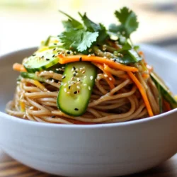 - 8 oz soba noodles (or any preferred noodles) - 2 tablespoons sesame oil - 2 tablespoons soy sauce - 1 tablespoon rice vinegar - 1 teaspoon chili paste (adjust for spice level) - 1 tablespoon peanut butter or tahini - 1 teaspoon grated ginger The main ingredients create the base of our dish. Soba noodles give a great texture. You can use any noodle you love. Sesame oil adds a nutty flavor that really shines. Soy sauce and rice vinegar bring saltiness and tang. Chili paste adds heat, so you can adjust it. Peanut butter or tahini gives richness and a creamy mouthfeel. Grated ginger adds a fresh note and a nice zing. - 2 green onions, sliced - 1 small cucumber, julienned - 1 carrot, julienned - Fresh cilantro for garnish Fresh ingredients add crunch and color. Green onions give a mild onion flavor. Cucumber adds freshness and a cool bite. Carrots bring sweetness and a vibrant orange hue. Fresh cilantro enhances the dish with its unique taste. These veggies make the dish pop and are fun to eat! - 1 clove garlic, minced - 1 tablespoon sesame seeds Garlic adds depth and a savory kick to the dish. Sesame seeds provide a nice crunch and a hint of nuttiness. These seasonings round out the flavor profile, making the dish even more delicious. Mix everything well, and you will enjoy a perfect blend of tastes! {{ingredient_image_1}} To start, bring a pot of salted water to a boil. Use enough water to cover the noodles fully. Once boiling, add 8 oz of soba noodles. Cook them according to the package instructions, usually about 4-5 minutes. When the noodles are ready, drain them well. Rinse them under cold water to stop the cooking process. This helps keep them firm and prevents sticking. Set the noodles aside while you prepare the dressing. Now, let’s make the dressing. In a small bowl, add 2 tablespoons of sesame oil, 2 tablespoons of soy sauce, and 1 tablespoon of rice vinegar. Next, add 1 teaspoon of chili paste for heat, but you can adjust this based on your spice level. Then, stir in 1 tablespoon of peanut butter or tahini, 1 teaspoon of grated ginger, and 1 clove of minced garlic. Whisk all these ingredients together until smooth. Taste the dressing and add more chili paste if you want it spicier. In a large mixing bowl, add the cold noodles. Pour the dressing over the noodles and toss them gently. Make sure the noodles are evenly coated. Next, it’s time to add the veggies. Add the sliced green onions, julienned cucumber, and julienned carrot to the bowl. Toss everything together until the vegetables are well mixed. Now, transfer the spicy sesame cold noodles to a serving platter or individual bowls. Sprinkle sesame seeds on top and garnish with fresh cilantro. Enjoy your meal! To get the best taste in your spicy sesame cold noodles, adjust the chili paste. You can add more or less based on your spice preference. If you want a mild dish, start with a small amount. Taste as you mix the dressing. For spicy lovers, feel free to add extra chili paste. This way, you create a perfect balance of flavor and heat just for you. Serving your noodles well can impress anyone. Try using a shallow bowl for a lovely look. Create a nest with the noodles in the center. Layer the julienned cucumber and carrot on top. Sprinkle sesame seeds over everything for a nice touch. You can also add a wedge of lime on the side. The lime gives a fresh squeeze that brightens the dish. Feel free to play with different noodles or ingredients. Soba noodles are great, but you can use rice noodles or even spaghetti. Each noodle brings its own charm. You can also swap peanut butter with tahini for a richer taste. Adding different vegetables, like bell peppers or snap peas, can change the dish too. This lets you make the recipe your own and enjoy new flavors. Pro Tips Adjust the Spice Level: Feel free to modify the amount of chili paste based on your preference for heat. Start with a small amount and gradually increase to find your perfect balance. Chill the Noodles: After rinsing the noodles, let them sit in cold water for a few minutes to ensure they are thoroughly chilled, enhancing the refreshing quality of this dish. Extra Crunch: For added texture, consider incorporating other crunchy vegetables like bell peppers or radishes, which will not only enhance the flavor but also provide more color. Make Ahead: This dish can be prepared in advance. Store the noodles and dressing separately to keep everything fresh, and combine them just before serving. {{image_2}} You can easily make this dish vegetarian or vegan. Simply swap the peanut butter with tahini, if you like. Use soy sauce as your base. You can also add more vegetables. Try bell peppers, snap peas, or broccoli. These will add color and nutrition. You can make these noodles fit your needs! For extra protein, add some chicken, shrimp, or tofu. Cook the chicken or shrimp until it's done. Tofu can be marinated and sautéed for flavor. Cut the protein into bite-sized pieces. Toss it with the noodles and veggies. This makes a filling meal, perfect for lunch or dinner. You can change the flavor with different sauces. Try a hoisin sauce for sweetness. Or use a spicy chili sauce for more heat. You can also mix in a bit of lime juice for tanginess. Each sauce gives the noodles a new twist. Feel free to mix and match until you find your favorite! To store spicy sesame cold noodles, place them in an airtight container. This keeps them fresh. Make sure the noodles are completely cool before sealing. They can last up to three days in the fridge. If you notice any liquid, drain it before serving. To reheat cold noodles, you can use warm water. Place the noodles in a bowl and cover them with hot water for a few minutes. Stir gently to warm them. You can also microwave them for about 30 seconds. Just add a splash of water to keep them moist. You can freeze spicy sesame cold noodles, but they may lose some texture. To freeze, place the noodles in a freezer-safe bag. Remove as much air as possible before sealing. They should keep for up to three months. When ready to use, thaw them in the fridge overnight before reheating. Soba noodles are thin noodles made from buckwheat flour. They have a nutty taste and a firm texture. Soba noodles are popular in Japanese cuisine. They cook quickly, usually in 4 to 5 minutes. You can use them hot or cold in many dishes. They pair well with sauces and dressings. If you can’t find soba, you can use any noodle you like. Yes, you can make this recipe ahead of time. Cook the soba noodles and chill them in cold water. Store the noodles and the dressing separately in the fridge. Combine them just before serving. This way, the noodles stay fresh and do not get soggy. You can also cut the veggies ahead. Just keep them in a sealed container to stay crisp. You can easily adjust the spice level in this dish. Start with 1 teaspoon of chili paste for a mild kick. If you want more heat, add more chili paste to the dressing. You can also use fresh chili peppers for added spice. Just chop them finely and toss them in with the noodles. Taste as you go to find your perfect heat! This blog post outlined how to make delicious cold noodles. We discussed key ingredients like soba noodles, sesame oil, and fresh veggies. I detailed step-by-step instructions, from cooking the noodles to preparing the dressing. You learned tips for flavor, presentation, and variations to fit different diets. Lastly, we covered storage and reheating methods. Simply put, this dish is both fun and flexible. Enjoy crafting your perfect bowl!