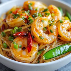 To make Chili Garlic Shrimp Noodles, gather these ingredients: - 8 oz. rice noodles - 1 lb. large shrimp, peeled and deveined - 4 garlic cloves, minced - 2 red chili peppers, thinly sliced - 3 tablespoons soy sauce - 1 tablespoon oyster sauce (or soy sauce for a vegetarian option) - 1 teaspoon sesame oil - 1 tablespoon vegetable oil - 2 green onions, chopped - 1 cup snap peas (or your choice of vegetables) - Salt and pepper to taste - Fresh cilantro, for garnish These ingredients create a tasty and vibrant dish. You can adjust the flavors to fit your taste by changing the amounts. Using fresh shrimp gives you a sweeter and firmer texture. It usually has a better taste. However, frozen shrimp is convenient and often just as good. When buying frozen shrimp, look for ones that are flash-frozen. This keeps them fresh and tasty. Always thaw frozen shrimp in the fridge for the best results. You can easily adapt this dish to fit your needs. For a vegetarian option, use tofu instead of shrimp. Replace oyster sauce with extra soy sauce for flavor. If you want fewer carbs, try zucchini noodles or whole grain noodles. For a gluten-free dish, use tamari sauce instead of soy sauce. These swaps keep the dish flavorful while meeting your dietary needs. {{ingredient_image_1}} To begin, you need to cook the rice noodles. Start by boiling water in a large pot. Once the water is bubbling, add the noodles. Cook them according to the package directions, usually around 4 to 6 minutes. After they are soft, drain the noodles. Rinse them under cold water. This step stops the cooking process and keeps them from sticking together. Set the noodles aside while you prepare the shrimp. Next, we’ll marinate the shrimp. In a medium bowl, mix together 1 tablespoon of soy sauce, 1 teaspoon of sesame oil, and a pinch of salt and pepper. Add the shrimp to the bowl and coat each piece well with the mixture. Let the shrimp sit for about 10 minutes. This wait gives the shrimp time to soak up the flavors. The sesame oil adds a lovely nuttiness, while the soy sauce brings depth. Now, let’s cook! Heat 1 tablespoon of vegetable oil in a large skillet or wok over medium-high heat. When the oil is hot, add 4 minced garlic cloves and 2 sliced red chili peppers. Stir them for about 1 minute. You want to smell that great aroma! Next, add the marinated shrimp to the skillet. Cook them for 2 to 3 minutes. They should turn pink and opaque when done. This is a good sign they are ready. After that, toss in 1 cup of snap peas. Stir-fry everything for another 2 minutes, until the snap peas are tender but still crunchy. Finally, add the cooked rice noodles to the skillet. Pour in the remaining soy sauce and 1 tablespoon of oyster sauce. Toss everything together for 2 to 3 minutes. Make sure the noodles are well mixed and heated through. Now your dish is ready! Plate it up and top with chopped green onions and fresh cilantro for a burst of color and flavor. Enjoy your meal! To sauté garlic and chili, start with a hot pan. Use medium-high heat and add vegetable oil. Once the oil is hot, add minced garlic and sliced chili peppers. Stir them often. This helps the garlic cook evenly. You want it to smell great without burning. Cook for about one minute. When it turns golden, it's ready for the shrimp. For great noodles, follow the package instructions. Cook the rice noodles just until tender. After cooking, drain and rinse them in cold water. This step stops the cooking process. Rinsing keeps them from sticking together. When you add the noodles to the pan, they should be warm but not mushy. Toss them gently with the shrimp and sauces. When cooking shrimp, avoid overcooking. Shrimp cooks fast, about 2-3 minutes is enough. When they turn pink and opaque, they are done. If you cook them too long, they get tough. Always marinate shrimp for flavor, but don’t let them sit too long. Ten minutes is perfect. This gives them good taste without making them soggy. Pro Tips Use Fresh Shrimp: For the best flavor and texture, always opt for the freshest shrimp available. If using frozen shrimp, ensure they are fully thawed and patted dry before marinating. Adjust Spice Level: If you prefer a milder dish, remove the seeds from the chili peppers or use fewer peppers. For more heat, add extra chili flakes or a dash of hot sauce when serving. Don't Overcook the Noodles: Rice noodles can become mushy if overcooked. Cook them just until al dente, then rinse under cold water to stop the cooking process. Customize Your Veggies: Feel free to swap out the snap peas for other vegetables like bell peppers, broccoli, or bok choy. Just ensure they are cut into similar-sized pieces for even cooking. {{image_2}} You can easily make a vegetarian version of Chili Garlic Noodles. Instead of shrimp, use tofu. Tofu soaks up all the flavors well. Just cut it into cubes and marinate it like the shrimp. Use the same sauces and spices. You’ll still get that tasty garlic and chili kick. Feel free to add more veggies to your dish. Snap peas are great, but you can also try bell peppers, broccoli, or carrots. Just cut them thin so they cook fast. Adding vegetables boosts flavor and nutrition. More colors on your plate mean more vitamins! If you love spice, there are many ways to heat things up. Add more chili peppers or use chili flakes. You can also drizzle some hot sauce on top before serving. Test the heat as you go. You want it spicy, but still tasty! To keep your Chili Garlic Shrimp Noodles fresh, store them in an airtight container. This helps prevent moisture loss and keeps flavors intact. Make sure to cool the noodles to room temperature before sealing the container. You can store them in the fridge for up to three days. Avoid adding garnishes like cilantro and green onions until you're ready to eat. This keeps them crisp and fresh. When it’s time to enjoy your leftovers, reheating is key. I recommend using a skillet over medium heat. Add a splash of water or a bit of oil to help with the steam. Stir the noodles gently to warm them evenly. This method keeps the noodles from getting too dry. Heat for about five minutes, or until warmed through. If you prefer a microwave, place the noodles in a microwave-safe bowl. Cover with a damp paper towel to retain moisture. Heat in short bursts to avoid overcooking. If you want to save your Chili Garlic Shrimp Noodles for later, freezing is an option. Start by letting the noodles cool completely. Portion them into freezer-safe bags or containers. Remove as much air as possible to prevent freezer burn. You can freeze the noodles for up to three months. When ready to eat, thaw in the fridge overnight. Reheat as mentioned above for the best taste. Keep in mind that the texture may change slightly after freezing, but the flavors will still be delicious! To make Chili Garlic Shrimp Noodles spicy, increase the amount of red chili peppers. You can also add chili flakes or a dash of hot sauce. Try using different chili varieties for more heat. Remember, spice can vary based on the type you choose. Taste as you go to find your perfect level. Yes, you can prepare some parts of this dish ahead of time. Cook the rice noodles and store them in the fridge. Marinate the shrimp in advance too. Just remember not to combine everything until you are ready to serve. This keeps the noodles fresh and prevents them from sticking. Chili Garlic Shrimp Noodles go well with simple side dishes. Try a fresh cucumber salad or steamed broccoli. You can also serve it with spring rolls for a light touch. A bowl of hot and sour soup complements the flavors nicely too. These sides enhance the meal without overpowering it. In this post, we explored the key ingredients for Chili Garlic Shrimp Noodles. We compared fresh and frozen shrimp and suggested alternatives for diet needs. I gave detailed steps on preparing rice noodles, marinating shrimp, and cooking the dish. Finally, I shared tips to sauté garlic and chili, perfect noodle texture, and common cooking mistakes. You can tweak the recipe for a vegetarian option, add veggies, or adjust spice levels. Store leftovers well and enjoy them later. With these insights, you'll master this dish and make it your own.