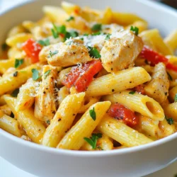 - 12 oz penne pasta - 1 lb chicken breast, diced - 1 tablespoon Cajun seasoning - 2 tablespoons olive oil - 1 medium onion, chopped - 3 cloves garlic, minced - 1 red bell pepper, diced - 1 cup heavy cream - 1 cup chicken broth - ½ cup grated Parmesan cheese - Salt and pepper to taste - 2 tablespoons fresh parsley, chopped To create the perfect Creamy Cajun Chicken Penne, you start with these key items. First, penne pasta is your base. It holds the sauce well and provides a great bite. The chicken breast gives protein and texture. You will also need Cajun seasoning for that spicy kick. Next, olive oil is essential for cooking. It helps to brown the chicken and sauté the veggies. Onion and garlic add depth of flavor. The red bell pepper brings sweetness and color to the dish. For the sauce, heavy cream is crucial. It creates that rich, creamy texture. Chicken broth adds depth and flavor. Grated Parmesan cheese makes everything cheesy and delicious. Finally, a touch of salt and pepper brings all the flavors together. Garnish with fresh parsley for a bright finish. Gather these ingredients, and you're on your way to a delightful dinner! {{ingredient_image_1}} To cook penne pasta to al dente, bring a large pot of salted water to a boil. Once boiling, add the penne. Cook it according to the package instructions, usually around 10-12 minutes. You want it firm, not mushy. After cooking, drain the pasta in a colander. Set it aside while you prepare the other ingredients. Start by seasoning the chicken breast. Use one tablespoon of Cajun seasoning, salt, and pepper. Mix it well to coat all sides of the chicken. In a large skillet, heat two tablespoons of olive oil over medium heat. Once hot, add the seasoned chicken. Cook it for about 5-7 minutes until browned and cooked through. Remove the chicken from the skillet and set it aside on a plate. In the same skillet, add the chopped onion, minced garlic, and diced red bell pepper. Sauté the vegetables for about 3-5 minutes. You want them soft and fragrant. Next, pour in one cup of heavy cream and one cup of chicken broth. Stir to combine everything. Bring the mixture to a gentle simmer, letting it heat up. Now it’s time to add all the good stuff! Add the cooked penne pasta back into the skillet. Then, add the cooked chicken and half a cup of grated Parmesan cheese. Toss everything together until the cheese melts and coats the pasta evenly. Taste your dish and adjust the seasonings with more salt and pepper if needed. To finish, remove the skillet from the heat. Stir in two tablespoons of chopped parsley for a nice touch of freshness. For serving, use bowls and garnish with more parsley and a sprinkle of Parmesan cheese on top. This adds a lovely look and extra flavor to your dish! To make your creamy Cajun chicken penne truly rich, use heavy cream. This cream adds a velvety texture and depth of flavor. If you want a lighter version, you can swap it with half-and-half or a mix of Greek yogurt and milk. Both options will still give you a nice creaminess without the full fat. Cajun seasoning can pack a punch. If you want it milder, use less seasoning at first. You can always add more later. For a spicier kick, add cayenne pepper or extra Cajun seasoning. Just sprinkle a little at a time until you reach your desired heat. When making the sauce, I prefer a skillet over a pot. A skillet allows for better heat distribution and helps the sauce thicken nicely. For sautéing vegetables, make sure to cut them evenly. This ensures they cook at the same speed. Start with medium heat, and don’t rush the process. This way, you get sweet, soft veggies that enhance your dish. Pro Tips Tip Title: Use Fresh Ingredients: For the best flavor, use fresh garlic and herbs. Fresh ingredients enhance the taste of your dish significantly. Tip Title: Adjust the Heat: If you prefer more heat, feel free to add extra Cajun seasoning or a pinch of red pepper flakes to the sauce. Tip Title: Perfectly Cooked Chicken: Ensure your chicken is cut into uniform pieces for even cooking. This helps avoid undercooked or overcooked pieces. Tip Title: Creaminess Factor: If you want an extra creamy sauce, consider adding a bit more heavy cream or a splash of cream cheese to the mixture. {{image_2}} You can switch the chicken for shrimp or sausage. Shrimp cooks fast and gives a lovely taste. Sausage adds a nice spice, too. If you want a plant-based option, try using vegetables like chickpeas or lentils. They add texture and a protein boost. If you need gluten-free options, use gluten-free penne pasta. Many brands taste great and cook well. For a vegan twist, swap heavy cream for coconut milk or cashew cream. You can still enjoy a rich flavor without dairy. Want to make it even better? Add veggies like spinach or mushrooms. They boost nutrition and flavor. You can also mix in different cheeses, such as mozzarella or cheddar. Each cheese gives a unique taste to your dish. To store leftovers, let the creamy Cajun chicken penne cool down first. Place it in an airtight container. You can use glass or plastic containers with tight lids. This helps keep the flavors fresh and prevents spills. If you want to freeze this dish, use a freezer-safe container. Make sure to leave some space at the top for expansion. It’s best to freeze it in single servings for easy meal prep later. When you’re ready to eat, thaw it in the fridge overnight. Reheat on the stove over low heat. Add a splash of chicken broth or cream to help restore the creamy texture. You can keep leftovers in the fridge for about 3-4 days. If frozen, they can last for about 2-3 months. Watch for signs that the dish has gone bad. If you see mold or if it smells off, it’s best to throw it away. Always trust your senses when it comes to food safety. Cajun seasoning blends many spices. Here are the common spices used: - Paprika - Garlic powder - Onion powder - Black pepper - Oregano - Thyme - Cayenne pepper These spices give Cajun dishes their bold flavor. You can adjust the mix to suit your taste. Yes, you can make it without cream. Here are some alternatives for a creamy texture: - Use Greek yogurt for a tangy flavor. - Try coconut milk for a dairy-free option. - Blend silken tofu for a smooth consistency. - Use a mix of chicken broth and a thickener like cornstarch. Each option gives a unique taste while keeping the dish creamy. You can serve this dish with various sides. Here are some side dish suggestions: - Garlic bread for a crunchy bite. - Roasted vegetables for added nutrition. - Steamed broccoli for a fresh touch. For salad pairings, consider these options for a complete meal: - Caesar salad for a classic choice. - Mixed greens with a light vinaigrette. - Coleslaw for a crunchy and tangy side. These sides balance the flavors and enhance your meal. This recipe for Creamy Cajun Chicken Penne offers a tasty mix of flavors and textures. We covered the key ingredients, from pasta and chicken to Cajun seasoning. You learned how to create a rich sauce and adjust the spice to your liking. In the end, this dish is easy to modify based on your tastes or dietary needs. Enjoy experimenting with swaps and add-ins. With these tips, you'll impress family and friends with each bite. Get cooking, and have fun!